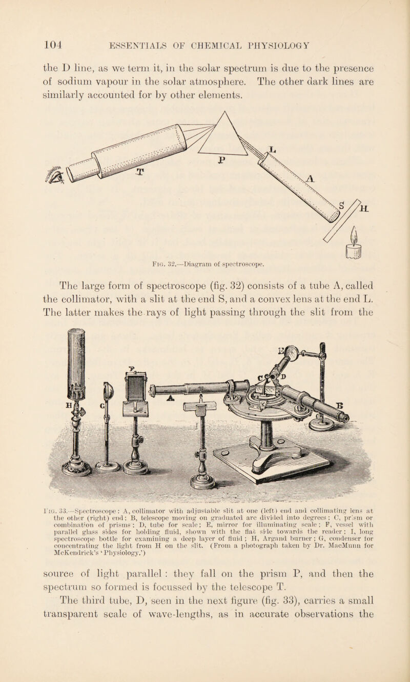 the D line, as we term it, in the solar spectrum is clue to the presence of sodium vapour in the solar atmosphere. The other dark lines are similarly accounted for hy other elements. The large form of spectroscope (fig. 32) consists of a tube A, called the collimator, with a slit at the end S, and a convex lens at the end L. The latter makes the rays of light passing through the slit from the parallel glass sides for holding fluid, shown with the tiafc side towards the reader; I, long spectroscope bottle for examining a deep layer of fluid ; H, Argand burner ; G, condenser for concentrating the light from H on the slit. (From a photograph taken by Dr. MacMunn for McKendrick’s ‘ Physiology.’) source of light parallel : they fall on the prism P, and then the spectrum so formed is focussed by the telescope T. The third tube, D, seen in the next figure (fig. 33), carries a small transparent scale of wave-lengths, as in accurate observations the