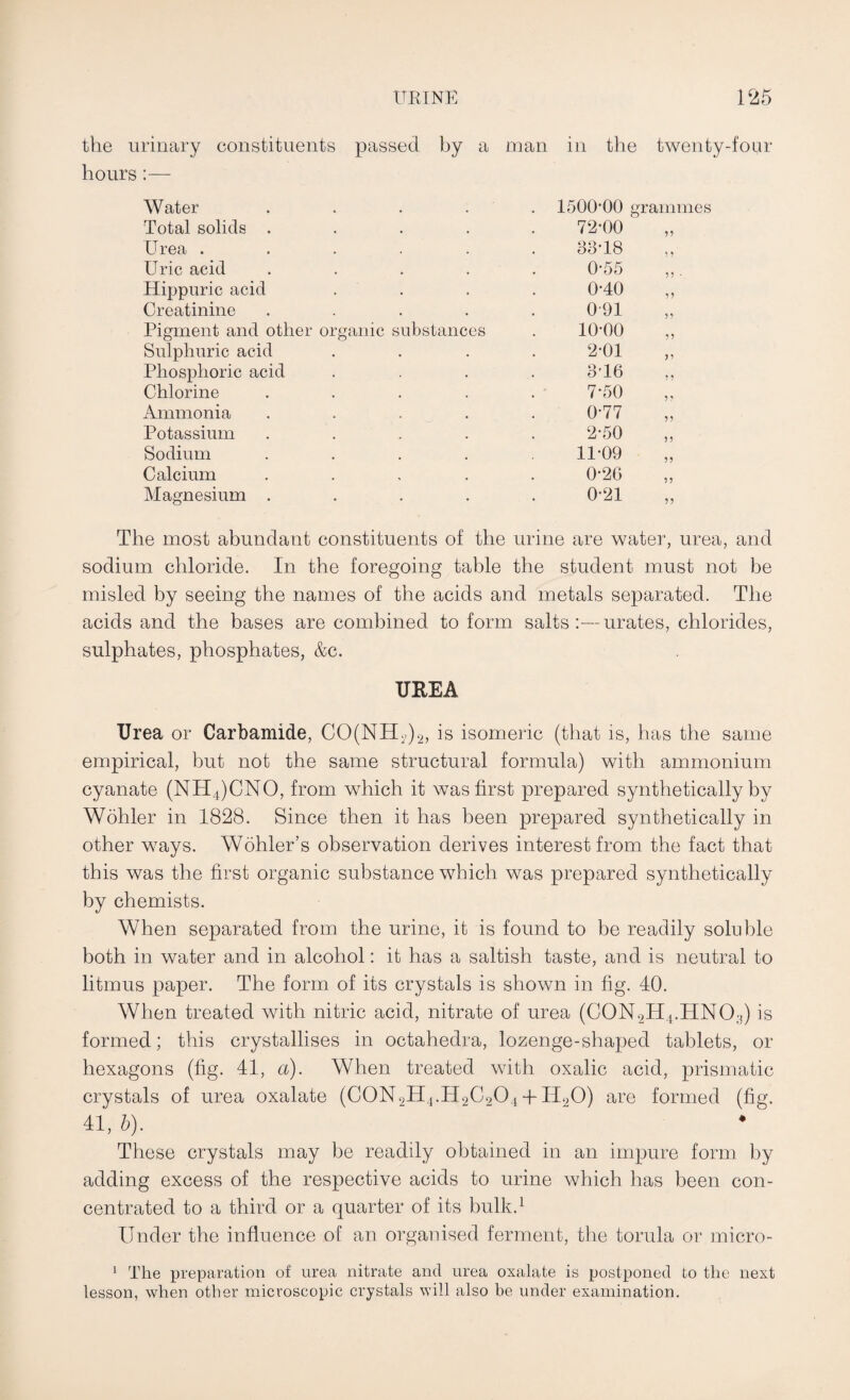 the urinary constituents passed by a man in the twenty-four hours :— Water .... 1500-00 grammes Total solids .... 72-00 55 Urea ..... 33-18 5 5 Uric acid .... 0-55 55 • Hippuric acid 0-40 55 Creatinine .... 091 55 Pigment and other organic substances 10-00 55 Sulphuric acid 2-01 5’ Phosphoric acid 3T6 5 5 Chlorine .... 7-50 55 Ammonia .... 0-77 55 Potassium .... 2-50 55 Sodium .... 11-09 55 Calcium .... 0-26 55 Magnesium .... 0-21 55 The most abundant constituents of the urine are water, urea, and sodium chloride. In the foregoing table the student must not be misled by seeing the names of the acids and metals separated. The acids and the bases are combined to form salts:—urates, chlorides, sulphates, phosphates, &c. UREA Urea or Carbamide, CO(NH2)2, is isomeric (that is, has the same empirical, hut not the same structural formula) with ammonium cyanate (NH4)CNO, from which it was first prepared synthetically by Wohler in 1828. Since then it has been prepared synthetically in other ways. Wohler’s observation derives interest from the fact that this was the first organic substance which was prepared synthetically by chemists. When separated from the urine, it is found to be readily soluble both in water and in alcohol: it has a saltish taste, and is neutral to litmus paper. The form of its crystals is shown in fig. 40. When treated with nitric acid, nitrate of urea (C0N2H4.HN03) is formed; this crystallises in octahedra, lozenge-shaped tablets, or hexagons (fig. 41, a). When treated with oxalic acid, prismatic crystals of urea oxalate (C0N2H4.H2C204 +I120) are formed (fig. 41, b). * ^ These crystals may be readily obtained in an impure form by adding excess of the respective acids to urine which has been con¬ centrated to a third or a quarter of its bulk.1 Under the influence of an organised ferment, the torula or micro- 1 The preparation of urea nitrate and urea oxalate is postponed to the next lesson, when other microscopic crystals will also be under examination.