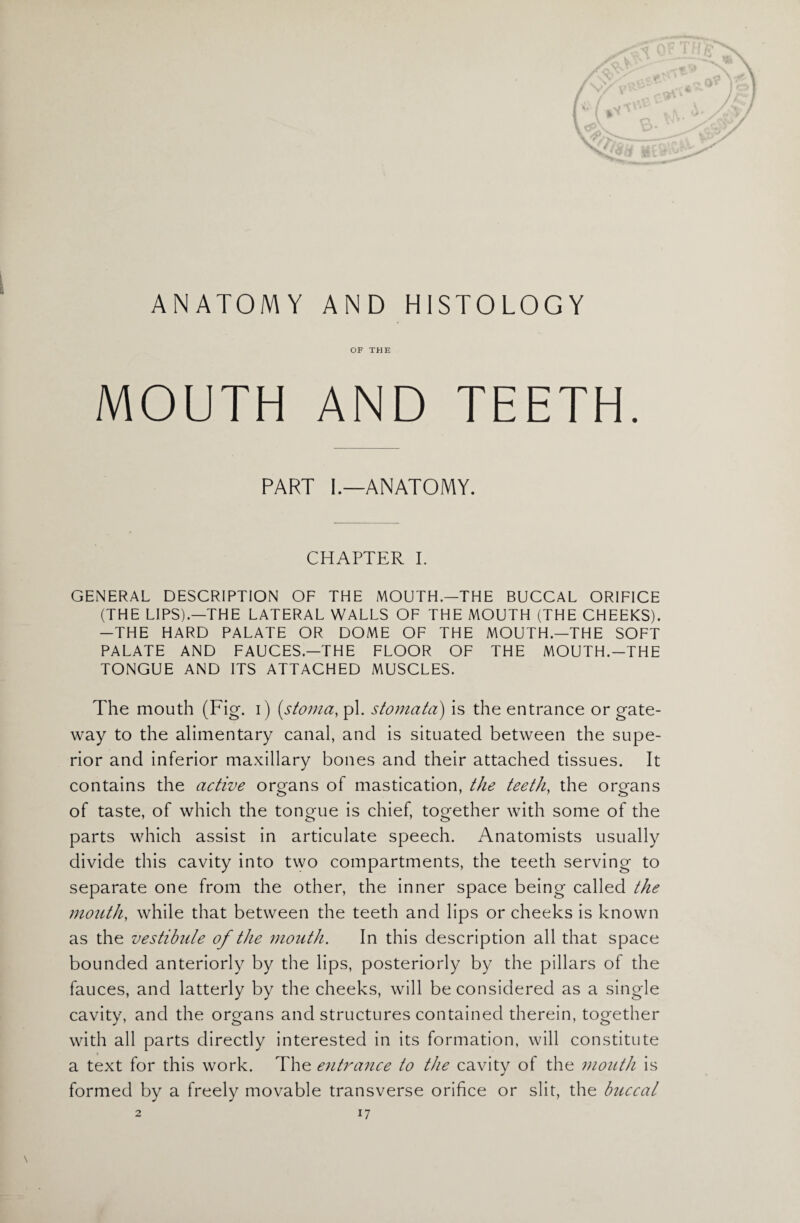 ANATOMY AND HISTOLOGY OF THE MOUTH AND TEETH. PART I.—ANATOMY. CHAPTER I. GENERAL DESCRIPTION OF THE MOUTH.—THE BUCCAL ORIFICE (THE LIPS).—THE LATERAL WALLS OF THE MOUTH (THE CHEEKS). -THE HARD PALATE OR DOME OF THE MOUTH.—THE SOFT PALATE AND FAUCES.—THE FLOOR OF THE MOUTH.-THE TONGUE AND ITS ATTACHED MUSCLES. The mouth (Fig. i) (.stoma, pi. stomata) is the entrance or gate¬ way to the alimentary canal, and is situated between the supe¬ rior and inferior maxillary bones and their attached tissues. It contains the active organs of mastication, the teeth, the organs of taste, of which the tongue is chief, together with some of the parts which assist in articulate speech. Anatomists usually divide this cavity into two compartments, the teeth serving to separate one from the other, the inner space being called the month, while that between the teeth and lips or cheeks is known as the vestibule of the mouth. In this description all that space bounded anteriorly by the lips, posteriorly by the pillars of the fauces, and latterly by the cheeks, will be considered as a single cavity, and the organs and structures contained therein, together with all parts directly interested in its formation, will constitute a text for this work. The entra7ice to the cavity ot the mouth is formed by a freely movable transverse orifice or slit, the buccal 2 17 \