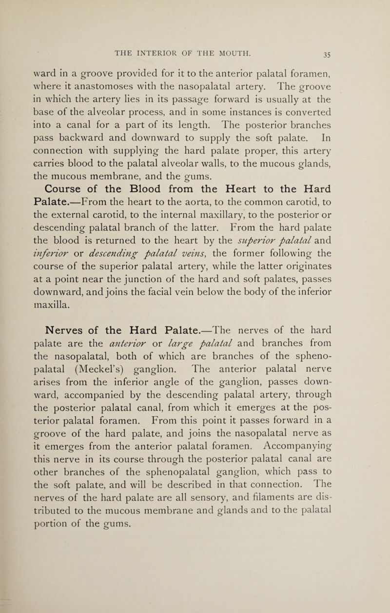 ward in a groove provided for it to the anterior palatal foramen, where it anastomoses with the nasopalatal artery. The groove in which the artery lies in its passage forward is usually at the base of the alveolar process, and in some instances is converted into a canal for a part of its length. The posterior branches pass backward and downward to supply the soft palate. In connection with supplying the hard palate proper, this artery carries blood to the palatal alveolar walls, to the mucous glands, the mucous membrane, and the gums. Course of the Blood from the Heart to the Hard Palate.—From the heart to the aorta, to the common carotid, to the external carotid, to the internal maxillary, to the posterior or descending palatal branch of the latter. From the hard palate the blood is returned to the heart by the superior palatal and inferior or descending palatal veins, the former following the course of the superior palatal artery, while the latter originates at a point near the junction of the hard and soft palates, passes downward, and joins the facial vein below the body of the inferior maxilla. Nerves of the Hard Palate.—The nerves of the hard palate are the antej'ior or large palatal and branches from the nasopalatal, both of which are branches of the spheno- palatal (Meckel’s) ganglion. The anterior palatal nerve arises from the inferior angle of the ganglion, passes down¬ ward, accompanied by the descending palatal artery, through the posterior palatal canal, from which it emerges at the pos¬ terior palatal foramen. From this point it passes forward in a groove of the hard palate, and joins the nasopalatal nerve as it emerges from the anterior palatal foramen. Accompanying this nerve in its course through the posterior palatal canal are other branches of the sphenopalatal ganglion, which pass to the soft palate, and will be described in that connection. The nerves of the hard palate are all sensory, and filaments are dis¬ tributed to the mucous membrane and glands and to the palatal portion of the gums.