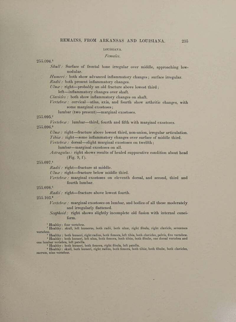 LOUISIANA. Females. 255.094.1 Skull: Surface of frontal bone irregular over middle, approaching low- nodular. Humeri: both show advanced inflammatory changes; surface irregular. Radii: both present inflammatory changes. Ulnae : right—probably an old fracture above lowest third ; left—inflammatory changes over shaft. Clavicles : both show inflammatory changes on shaft. Vertebrae: cervical—atlas, axis, and fourth show arthritic changes, with some marginal exostoses; lumbar (two present)—marginal exostoses. 255.095.2 Vertebrae: lumbar—third, fourth and fifth with marginal exostoses. 255.096.3 Ulnae : right—fracture above lowest third, non-union, irregular articulation. Tibiae: right—some inflammatory changes over surface of middle third. Vertebrae : dorsal—slight marginal exostoses on twelfth ; lumbar—marginal exostoses on all. Astragalus: right shows results of healed suppurative condition about head (Fig. 9, f). 255.097.4 Radii: right—fracture at middle. Ulnae : right—fracture below middle third. Vertebrae: marginal exostoses on eleventh dorsal, and second, third and fourth lumbar. 255.098.5 Radii: right—fracture above lowest fourth. 255.I03.6 Vertebrae : marginal exostoses on lumbar, and bodies of all these moderately and irregularly flattened. Scaphoid: right shows slightly incomplete old fusion with internal cunei¬ form. 1 Healthy: four vertebrae. 2 Healthy: skull, left humerus, both radii, both ulnae, right fibula, right clavicle, seventeen vertebrae. 3 Healthy : both humeri, right radius, both femora, left tibia, both clavicles, pelvis, five vertebrae. 4 Healthy: both humeri, left ulna, both femora, both tibiae, both fibulae, one dorsal vertebra and one lumbar vertebra, left patella. 5 Healthy: both humeri, both femora, right fibula, left patella. 6 Healthy: skull, both humeri, right radius, both femora, both tibiae, both fibulae, both clavicles, sacrum, nine vertebrae.