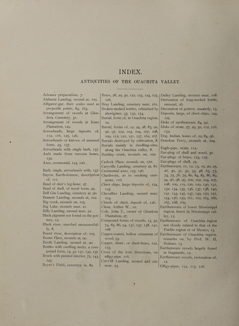 INDEX. ANTIQUITIES OF THE OUACHITA VALLEY. Advance preparations, 7. Alabama Landing, mound at, 109. Alligator-gar, their scales used as projectile points, 84, 163. Arrangement of vessels at Glen¬ dora Cemetery, 31. Arrangement of vessels at Keno Plantation, 129. Arrowheads, large deposits of, 112, 116, 125, 126. Arrowheads or knives, of unusual form, 23, 157. Arrowheads with single barb, 157. Awls made from raccoon bones, 152. Axes, ceremonial. 123, 126. Barb, single, arrowheads with, 157. Bayou Bartholomew, description of, III. Bead of deer’s leg-bone, 27. Bead of shell, of novel form, 29. Bell Gin Landing, cemetery at, 90. Bennett Landing, mounds at, 102. Big creek, mounds on, 105. Big Lake, mounds near, 21. Billy Landing, mound near, 22. Black pigment not found on the pot¬ tery, 12. Black river, searched unsuccessful¬ ly, 8. Boeuf river, description of, 105. Boone Place, mounds at, 90. Booth Landing, mound at, 20. Bottles with swelling necks, a com¬ pound form, 13, 32, 131, 132, 137. Bowls with painted interior, 75, 143, T45- Boytt’s Field, cemetery in, 82. Brass, 28, 29, 30, 122, 123, 124, 125, 126. Bray Landing, cemetery near, 161. Broken-necked bottles, refinished by aborigines, 33, 132, 154. Burial, form of, in Ouachita region, 10. Burial, forms of, 22, 24, 28, 83, 90, 96, 97, 102, 103, 104, 107, 108, 109, 112, 121, 151, 157, 162, 167. Burials destroyed by cultivation, 8. Burials mainly in dwelling-sites, along the Ouachita valley, 8. Bushley ■ creek, mounds on, 102. Carlock Place, mounds on, 170. Caryville Landing, cemetery at, 81. Ceremonial axes, 123, 126. Charlevoix, as to. smoking cere¬ mony, 116. Chert chips, large deposits of, 124, 125. . Chevallier Landing, mound near, 103. Chisels of chert, deposit of, 126. Clime, Arthur W., 10. Cole, John T., owner of Glendora Plantation, 27. Compound forms of vessels, 13, 32, 74, 85, 86, 94, 131, 137, 138, 141, 168. Copper-coated, hollow ornament of wood, 93. Copper, sheet-, or sheet-brass, 122, 123- Cross of the four directions, on effigy-pipe, 116. Cut-Off Landing, mound and site near, 23. Dailey Landing, mounds near, 108. Dec'oration of long-necked bottle, unusual, 26. Decoration of pottery, masterly, 15. Deposits, large, of chert chips, 124, I25- Disks of earthenware, 84, 92. Disks of stone, 27, 29, 30, 112, 116, 152. Dog, Indian, bones of, 22, 84, 96. Donohue Ferry, mounds at, 104. Eagle-pipe, stone, 112. Ear-plug of shell and wood, 30. Ear-plugs of brass, 123, 125. Ear-plugs of shell, 25. Earthenware, 11, 12, 13, 19, 20, 25, 26, 30, 31, 32, 33, 48, 63, 73, 74- 75- 76, 79, 80, 84, 85, 86, 89, 94, 96, 98, 99. IQo. 102, 104, 107, 108, 109, 119, 120, 129, 130, 131, 132, 134, 135. 136, 137. 138, 140, Hi, 143. H5. 147. 149. 150. 15L 154. IS6..159» l6h l62, 163, 166, 167, 168, 169. Earthenware of lower Mississippi region, finest in Mississippi val¬ ley, 15- Earthenware of Ouachita region not closely related to that of the Pueblo region or of Mexico, 13. Earthenware of Ouachita region, remarks on, by Prof. W. H. Holmes, 13. Earthenware vessels largely found in fragments, 12. ■ Earthenware vessels, restoration of, 12. Effigy-pipes, 112, 115, 116.
