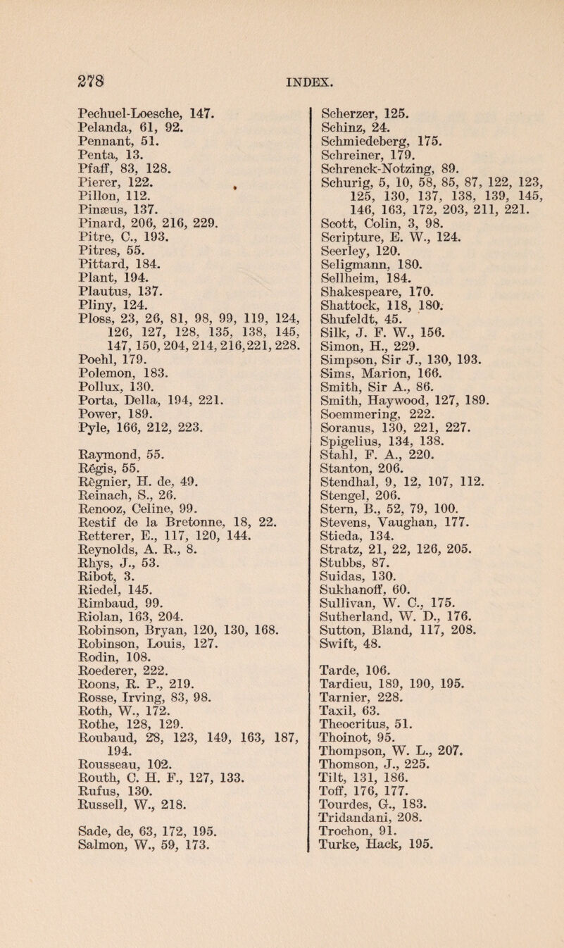 Pechuel-Loesche, 147. Pelanda, 61, 92. Pennant, 51. Penta, 13. Pfaff, 83, 128. Pierer, 122. „ Pillon, 112. Pinseus, 137. Pinard, 206, 216, 229. Pitre, C., 193. Pitres, 55. Pittard, 184. Plant, 194. Plautus, 137. Pliny, 124. Ploss, 23, 26, 81, 98, 99, 119, 124, 126, 127, 128, 135, 138, 145, 147, 150, 204, 214, 216,221, 228. Poehl, 179. Polemon, 183. Pollux, 130. Porta, Della, 194, 221. Power, 189. Pyle, 166, 212, 223. Raymond, 55. Regis, 55. Regnier, H. de, 49. Reinach, S., 26. Renooz, Celine, 99. Restif de la Bretonne, 18, 22. Retterer, E., 117, 120, 144. Reynolds, A. R., 8. Rhys, J., 53. Ribot, 3. Riedel, 145. Rimbaud, 99. Riolan, 163, 204. Robinson, Bryan, 120, 130, 168. Robinson, Louis, 127. Rodin, 108. Roederer, 222. Roons, R. P., 219. Rosse, Irving, 83, 98. Roth, W., 172. Rothe, 128, 129. Roubaud, 28, 123, 149, 163, 187, 194. Rousseau, 102. Routh, C. H. F., 127, 133. Rufus, 130. Russell, W., 218. Sade, de, 63, 172, 195. Salmon, W., 59, 173. Scherzer, 125. Schinz, 24. Schmiedeberg, 175. Schreiner, 179. Schrenck-Notzing, 89. Schurig, 5, 10, 58, 85, 87, 122, 123 125, 130, 137, 138, 139, 145 146, 163, 172, 203, 211, 221. Scott, Colin, 3, 98. Scripture, E. W., 124. Seerley, 120. Seligmann, 180. Sellheim, 184. Shakespeare, 170. Shattock, 118, 180. Shufeldt, 45. Silk, J. F. W., 156. Simon, H., 229. Simpson, Sir J., 130, 193. Sims, Marion, 166. Smith, Sir A., 86. Smith, Haywood, 127, 189. Soemmering, 222. Soranus, 130, 221, 227. Spigelius, 134, 138. Stahl, F. A., 220. Stanton, 206. Stendhal, 9, 12, 107, 112. Stengel, 206. Stern, B., 52, 79, 100. Stevens, Vaughan, 177. Stieda, 134. Stratz, 21, 22, 126, 205. Stubbs, 87. Suidas, 130. Sukhanoff, 60. Sullivan, W. C., 175. Sutherland, W. D., 176. Sutton, Bland, 117, 208. Swift, 48. Tarde, 106. Tardieu, 189, 190, 195. Tarnier, 228. Taxil, 63. Theocritus, 51. Thoinot, 95. Thompson, W. L., 207. Thomson, J., 225. Tilt, 131, 186. Toff, 176, 177. Tourdes, G., 183. Tridandani, 208. Trochon, 91. Turke, Hack, 195.