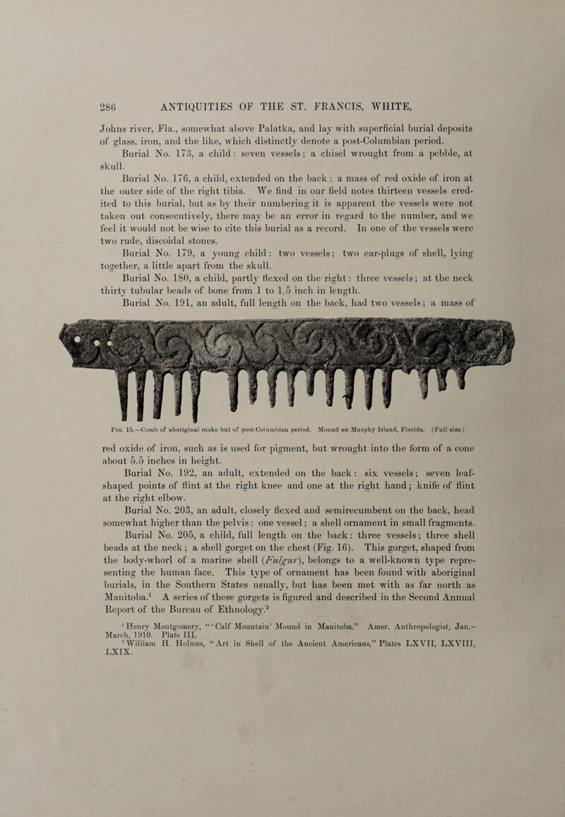 Johns river, Fla., somewhat above Palatka, and lay with superficial burial deposits of glass, iron, and the like, which distinctly denote a post-Columbian period. Burial No. 173, a child: seven vessels; a chisel wrought from a pebble, at skull. Burial No. 176, a child, extended on the back : a mass of red oxide of iron at the outer side of the right tibia. We find in our field notes thirteen vessels cred¬ ited to this burial, but as by their numbering it is apparent the vessels were not taken out consecutively, there may be an error in regard to the number, and we feel it would not be wise to cite this burial as a record. In one of the vessels were two rude, discoidal stones. Burial No. 179, a young child: two vessels; two ear-plugs of shell, lying together, a little apart from the skull. Burial No. 180, a child, partly Hexed on the right: three vessels; at the neck thirty tubular beads of bone from 1 to 1.5 inch in length. Burial No. 191, an adult, full length on the back, had two vessels; a mass of Fig. 15.—Comb of aboriginal make but of post-Columbian period. Mound on Murphy Island, Florida. (Full size.) red oxide of iron, such as is used for pigment, but wrought into the form of a cone about 5.5 inches in height. Burial No. 192, an adult, extended on the back: six vessels; seven leaf¬ shaped points of flint at the right knee and one at the right hand; knife of flint at the right elbow. Burial No. 203, an adult, closely flexed and semirecumbent on the back, head somewhat higher than the pelvis : one vessel; a shell ornament in small fragments. Burial No. 205, a child, full length on the back: three vessels; three shell beads at the neck ; a shell gorget on the chest (Fig. 16). This gorget, shaped from the body-whorl of a marine shell (.Fulgur), belongs to a well-known type repre¬ senting the human face. This type of ornament has been found with aboriginal burials, in the Southern States usually, but has been met with as far north as Manitoba.1 A series of these gorgets is figured and described in the Second Annual Report of the Bureau of Ethnology.2 1 Henry Montgomery, “‘Calf Mountain’ Mound in Manitoba.” Amer. Anthropologist, Jau.- March, 1910. Plate III. 2 William H. Holmes, “Art in Shell of the Ancient Americans,” Plates LXVII, LXVIII, LXIX.