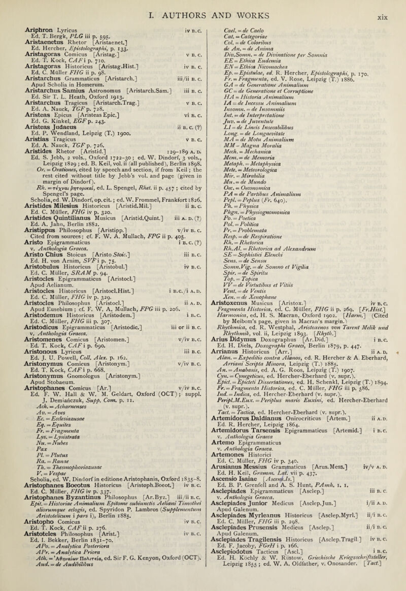 XIX Ariphron Lyricus iv B.C. Ed. T. Bergk, PLG iii p. 595. Aristaenetus Rhetor [Aristaenet.] Ed. Hercher, Epistolographi, p. 133. Aristagoras Comicus [Aristag.] V B. c. Ed. T. Kock, CAFi p. 710. Aristagoras Historicus [Aristag.Hist.] iv B. c. Ed. C. Muller FHG ii p. 98. Aristarchus Grammaticus [Aristarch.] iii/ii b. c. Apud Scholia in Homerum. Aristarchus Samius Astronomus [Aristarch.Sam.] iii b. c. Ed. Sir T. L. Heath, Oxford 1913. Aristarchus Tragicus [Aristarch.Trag.] v b. c. Ed. A. Nauck, TGF p. 728. Aristeas Epicus [Aristeas Epic.] vi b. c. Ed. G. Kinkel, EGFp. 243. Aristeas Judaeus ii b. c. (?) Ed. P. Wendland, Leipzig (T.) 1900. Aristias Tragicus v b. c. Ed. A. Nauck, TGF p. 726. Aristides Rhetor [Aristid.] 129-189 a. d. Ed. S. Jebb, 2 vols., Oxford 1722-30; ed. W. Dindorf, 3 vols., Leipzig 1829 ; ed. B. Keil, vol. ii (all published), Berlin 1898. Or. = Orationes, cited by speech and section, if from Keil ; the rest cited without title by Jebb’s vol. and page (given in margin of Dindorf). Rh. —tίχναι βητορίκαί, ed. L. Spengel, Rhet. ii p. 457 ; cited by Spengel’s page. Scholia,ed W. Dindorf, op. cit.; ed. W. Frommel, Frankfort 1826. Aristides Milesius Historicus Ed. C. Miiller, FHG iv p. 320. Aristides Quintilianus Musicus Ed. A. Jahn, Berlin 1882. Aristippus Philosophus [Aristipp.] [Aristid.Mil.] [Aristid.Quint.] 11 b. c. iii a. d. (?) v/iv b. c. Cited from sources; cf. F. W. A. Mullach, FPG ii p. 405. Aristo Epigrammaticus i b. c. (?) v. Anthologia Graeca. Aristo Chius Stoicus [Aristo 5/o»<r.] iii b. c. Ed. H. von Arnim, SVFi p. 75. Aristobulus Historicus [Aristobul.] Ed. C. Muller, SRAM p. 94. Aristocles Epigrammaticus [Aristocl.] Apud Aelianum. Aristocles Historicus [Aristocl.Hist. ] Ed. C. Muller, FHG iv p. 329. Aristocles Philosophus [Aristocl.] Apud Eusebium ; cf. F. W. A. Mullach, FPG iii p. 206 Aristodemus Historicus [Aristodem.] Ed. C. Miiller, FHG iii p. 307. Aristodicus Epigrammaticus [Aristodic.] v. Anthologia Graeca. Aristomenes Comicus [Aristomen.] Ed. T. Kock, CAF i p. 690. Aristonous Lyricus Ed. J. U. Powell, Coll. Alex. p. 162. Aristonymus Comicus [Aristonym.] Ed. T. Kock, CAF i p. 668. Aristonymus Gnomologus [Aristonym.] Apud Stobaeum. Aristophanes Comicus [Ar.] Ed. F. W. Hall & W. M. Geldart, Oxford (OCT) J. Demiahczuk, Supp. Com. p. ii. Ach. = Acharnenses IV B.C. i B.c./i A. D. II A. D. 1 B.C. in or 11 b.c. v/iv B.c. Ill B.C. v/iv B. c. v/iv B.C. ; suppl. Av. = Aves Ec. = Ecclesiazusae Eq. =Equites Fr. — Fragmenta Lys. = Lysistrata Nu.=Nubes Pax PI. = Pint us Ra. = Ranae Th. = Thesmophoriazusae V. = Vespae Scholia, ed. W. Dindorf in editione Aristophanis, Oxford 1835-8. Aristophanes Boeotus Historicus [Aristoph.Boeot.] iv b.c. Ed. C. Miiller, FHG iv p. 337. Aristophanes Byzantinus Philosophus [Ar.Byz.] iii/ii b.c. Epit. = Historiae Animalium Epitome subiunctis Aeliani Timothei aliorumque eclogis, ed. Spyridon P. Lambros (Supplementum Aristotelicum \pars i), Berlin 1S85. Aristopho Comicus iv b.c. Ed. T. Kock, CAF ii p. 276. Aristoteles Philosophus [Arist.] iv b.c. Ed. I. Bekker, Berlin 1831-70. APo. = Analytica Posteriora A Pr. = A nalytica Priora Ath. — 'Αθηναίων Πολιτεία, ed. Sir F. G. Kenyon, Oxford (OCT). Cael. — de Caelo Cat. — Categoriae Col. = de Coloribus de An. — de Anima Div.Somn. = de Divinatione per Somnia EE = Ethica Eudemia EN—Ethica Nicomachea Ep. = Epistulae, ed. R. Hercher, Epistolographi, p. 170. Fr. = Fragmenta, ed. V. Rose, Leipzig (T.) 1886. GA = de Generatione A nimalium GC = de Generatione et Corruptione HA — Historia Animalium IA — de Incessu Animalium Insomn. = de Insomniis Int. — de Interpretatione Juv. = de Juventute LI = de Lineis Insecabilibus Long. = de Longaevitate MA - de Motu Animalium MM - Magna Moralia Mech. = Mechanica Mem. = de Memoria Metaph. = Metaphysica Mete. = Meteorologica Mir. - Mirabilia Mu. = de Mundo Oec. = Oeconomica PA = de Partibus Animalium Pepl.—Peplus [Fr. 640). Ph. = Physica Phgn. = Physiognomonica Po. = Poetica Pol. = Politica Pr. — Problemata Resp. = de Respiratione Rh. = Rlietorica Rh.Al. — Rhetorica ad Alexandrum SE=Sophistici Elencht Sens. = de Sensu Somn.Vig.=de Somno et Vigilia Spir. = de Spiritu Top. = Topica VV = de Virtutibus et Vitiis Vent. = de Vends Xen. — de Xenophane Aristoxenus Musicus [Aristox.] iv b. c. Fragmenta Historica, ed. C. Miiller, FHG ii p. 269. \Fr.HistP\ Harmonica, ed. H. S. Macran, Oxford 1902. [Harm.] (Cited by Meibom’s page, given in Macran’s margin.'I Rhythmica, ed. R. Westphal, Aristoxenos von Tarent Melik und Rhythmik, vol. ii, Leipzig 1893. [Rhyth.'j Arius Didymus Doxographus [Ar.Did.] i b. c. Ed. H. Diels, Doxographi Graeci, Berlin 1879, p. 447. Arrianus Historicus [Arr.] ii a. d. Alan. = Expeditio contra Alanos, ed. R. Hercher & A. Eberhard, Arriani Scripia Minora, Leipzig (T.) 1885. An. = Anabasis, ed. A. G. Roos, Leipzig (T.) 1907. Cyn. = Cynegeticus, ed. Hercher-Eberhard (v. supr.). Epict. = Epicte/i Dissertationes, ed. H. Schenkl, Leipzig (T.) 1894. Fr. —Fragmenta Historica, ed. C. Miiller, FHG iii p. 586. Ind. = Indica, ed. Hercher-Eberhard (v. supr.). Peripl.M.Eux. = Periplus marts Euxini, ed. Hercher-Eberhard (v. supr.). Tact. = Taciica, ed. Hercher-Eberhard (v. supr.). Artemidorus Daldianus Onirocriticus [Artem.] ii a.d. Ed. R. Hercher, Leipzig 1864. Artemidorus Tarsensis Epigrammaticus [Artemid.] i b.c. v. Anthologia Graeca Artemo Epigrammaticus v. Anthologia Graeca. Artemones Historici Ed. C. Miiller, FHG iv p. 340. Arusianus Messius Grammaticus [Arus.Mess.] iv/v a. d. Ed. H. Keil, Gramm. Lat. vii p. 437. Ascensio Isaiae [Ascens.Is.^ Ed. B. P. Grenfell and A. S. Hunt, PAmh. 1. 1. Asclepiades Epigrammaticus [Asclep.] iii b. c. v. Anthologia Graeca. Asclepiades Junior Medicus [Asclep. Jun.] i/ii a. n. Apud Galenum. Asclepiades Myrleanus Historicus [Asclep.Myrl.] ii/i b. c. Ed. C. Miiller, FHG iii p. 298. Asclepiades Prusensis Medicus [Asclep.] ii/i b.c. Apud Galenum. Asclepiades Tragilensis Historicus [Asclep.Tragil ] iv b. c. Ed. F. Jacoby, FGrH i p. 166. Asclepiodotus Tacticus [Ascl.] i b.c. Ed. H. Kochly & W. Riistow, Griechische Kriegsschriftsteller,