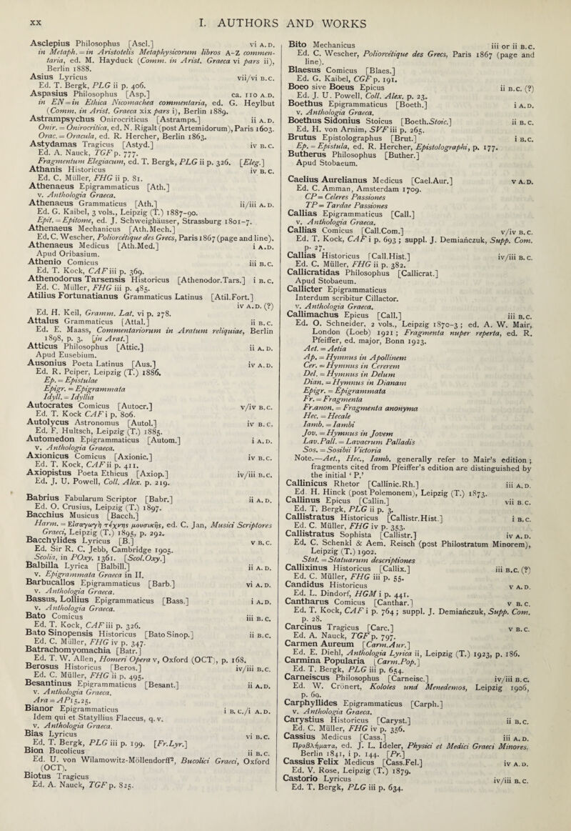 Asclepius Philosophus [Ascl.] vi a.d. in Metaph. = in Aristotelis Metaphysicorum libros A-Z commen¬ tary, ed. M. Hayduck (Comm, in Arist. Graeca vi pars ii), Berlin 1888. Asius Lyricus vii/vi b.c. Ed. T. Bergk, PLG ii p. 406. Aspasius Philosophus [Asp.] ca. no a.d. in EN = in Ethica Nicomachea commentaria, ed. G. Heylbut (Comm, in Arist. Graeca xix pars i), Berlin 1889. Astrampsychus Onirocriticus [Astramps.] ii a.d. Onir. = Onirocritica, ed. N. Rigalt (post Artemidorum), Paris 1603. Orac. = Oracnla, ed. R. Hercher, Berlin 1863. Astydamas Tragicus [Astyd.] iv b. c. Ed. A. Nauck, TGFp. 777. Fragmentum Elegiacum, ed. T. Bergk, PLG ii p. 326. [Eleg.] Athanis Historicus ivB. c. Ed. C. Muller, FHG ii p. 81. Athenaeus Epigrammaticus [Ath.] v. Antho/ogia Graeca. Athenaeus Grammaticus [Ath.] ii/iii a. d. Ed. G. Kaibel, 3 vols., Leipzig (T.) 1887-90. Epit. = Epitome, ed. J. Schweighauser, Strassburg 1801-7. Athenaeus Mechanicus [Ath.Mech.] Ed. C. Wescher, Poliorce'tique des Grecs, Paris 1867 (page and line). Athenaeus Medicus [Ath.Med.] i a.d. Apud Oribasium. Athenio Comicus iii b.c. Ed. T. Kock, CAFY\\ p. 369. Athenodorus Tarsensis Historicus [Athenodor.Tars.] i b.c. Ed. C. Muller, FHG iii p. 485. Atilius Fortunatianus Grammaticus Latinus [Atil.Fort.] IV A.D. (?) Ed. H. Keil, Gramm. Lat. vi p. 278. Attalus Grammaticus [Attal.] ii b.c. Ed. E. Maass, Commentanorum in Aratum reliquiae, Berlin 1898, p. 3. \Jn A rat.] Atticus Philosophus [Attic.] ii a. d. Apud Eusebium. Ausonius Poeta Latinus [Aus.] iva.d. Ed. R. Peiper, Leipzig (T.) 1886. Ep. = Epistulae Epigr. = Epigrammala Idyll. — Idyllia Autocrates Comicus [Autocr.] v/iv b.c. Ed. T. Kock CAF i p. 806, Autolycus Astronomus [Autol.] iv b.c. Ed. F. Hultsch, Leipzig (T.) 1885. Automedon Epigrammaticus [Autom.] ϊα. d. v. Anthologia Graeca. Axionicus Comicus [Axionic.] iv b.c. Ed. T. Kock, CAF ii p. 411, Axiopistus Poeta Ethicus [Axiop.] iv/iii b.c. Ed. J. U. Powell, Coll. Alex. p. 219. Babrius Fabularum Scriptor [Babr.] ϊϊα. d. Ed. O. Crusius, Leipzig (T.) 1897. Bacchius Musicus [Bacch.] Harm. = EiVayaj-y) τίχνης μουσικής, ed. C. Jan, Musici Scriptores Graeci, Leipzig (T.) 1895, p. 292. Bacchylides Lyricus [B.] vb. c. Ed. Sir R. C. Jebb, Cambridge 1905. Scolia, in POxy. 1361. [Scol.Oxy.] Balbilla Lyrica [Balbill.] ii A. d. v. Epigrammata Graeca in II. Barbucallos Epigrammaticus [Barb.] vi a. d. v. Anthologia Graeca. Bassus, Lollius Epigrammaticus [Bass.] ϊα. d. v. A nthologia Graeca. Bato Comicus iii B. c. Ed. T[. Kock, CAFiii p. 326. Bato Sinopensis Historicus [BatoSinop.] ii b.c. Ed. C. Muller, FHG iv p. 347. Batrachomyomachia [Batr.] Ed. T. W. Allen, Homeri Operav, Oxford (OCT), p. 168. Berosus Historicus [Beros.] iv/iii b.c. Ed. C. Muller, FHG ii p. 495. Besantinus Epigrammaticus [Besant.] ii a.d. v. Anthologia Graeca. Ara = APi 5.25. Bianor Epigrammaticus i b. c./i a.d. Idem qui et Statyllius Flaccus, q. v. v. Anthologia Graeca. Bias Lyricus v; B c Ed. T. Bergk, PLG iii p. 199. \Fr.Lyr.] Bion Bucolicus j; B>c Ed. U. von Wilamowitz-Mollendorff2, Bucolici Graeci, Oxford (OCT). Biotus Tragicus Ed. A. Nauck, TGF p. 825. Bito Mechanicus iii or ii b.c. Ed. C. Wescher, Poliorce'tique des Grecs, Paris 1867 (page and line). Blaesus Comicus [Blaes.] Ed. G. Kaibel, CGF p. 191. Boeo sive Boeus Epicus ϋ b.c. (?) Ed. J. U. Powell, Coll. Alex. p. 23. Boethus Epigrammaticus [Boeth.] ϊα.d. v. Anthologia Graeca. Boethus Sidonius Stoicus [Boeth.S/ofc.] iiB.c. Ed. H. von Arnim, SEWiii p. 265. Brutus Epistolographus [Brut.] i b.c. Ep. = Epistula, ed. R. Hercher, Epistolographi, p. 177. Butherus Philosophus [Buther.] Apud Stobaeum. Caelius Aurelianus Medicus [Cael.Aur.] va.d. Ed. C. Amman, Amsterdam 1709. CP = Celeres Passiones TP = Tardae Passiones Callias Epigrammaticus [Call.] v. Anthologia Graeca. Callias Comicus [Call.Com.] v/iv b.c. Ed. T. Kock, CAFi p. 693 ; suppl. J. Demiahczuk, Supp. Com. p. 27. Callias Historicus [Call.Hist.] iv/iii b.c Ed. C. Muller, FHG ii p. 382. Callicratidas Philosophus [Callicrat.] Apud Stobaeum. Callicter Epigrammaticus Interdum scribitur Cillactor. v. Anthologia Graeca. Callimachus Epicus [Call.] iii B.c. Ed. O. Schneider, 2 vols., Leipzig 1870-3 ; ed. A. W. Mair, London (Loeb) 1921 ; Fragmenta nuper reperta, ed. R. Pfeiffer, ed. major, Bonn 1923. A el. =Aetia Ap. = Hymnus in Apollinem Cer. — Hymnus in Cererem Del. = Hymnus in Delum Dtan. = Hymnus in Dianam Epigr. = Epigrammata Fr. = Fragmenia Fr.anon. = Fragmenta anonyrna Hec. = Hecale Iamb. = Iambi Jov. — Hymnus in Jovem Lav. Pall. = Lavacrum Palladis Sos. =Sosibii Victoria Note.—Aet., Hec., Iamb, generally refer to Mair’s edition ; fragments cited from Pfeiffer’s edition are distinguished by the initial ‘ P.’ Callinicus Rhetor [Callinic.Rh.] iii a.d. Ed. H. Hinck (post Polemonem), Leipzig (T.) 1873. Callinus Epicus [Callin.] vii b.c. Ed. T. Bergk, PLG ii p. 3. Callistratus Historicus [Callistr.Hist ] i b.c. Ed. C. Muller, FHG iv p. 353. Callistratus Sophista [Caliistr.] iva.d. Ed. C. Schenkl & Aem. Reisch (post Philostratum Minorem), Leipzig (T.) 1902. Stat. = Statuarum descriptiones Callixinus Historicus [Callix.] iii b.c. (?) Ed. C. Muller, FHG iii p. 55. Candidus Historicus v a d Ed. L. Dindorf, HGM i p. 44r. Cantharus Comicus [Canthar.] v b.c. Ed. T. Kock, CAF i p. 764; suppl. J. Demianczuk, Supp. Com. p. 28. Carcinus Tragicus [Care.] vb.c. Ed. A. Nauck, TGF p. 797. Carmen Aureum [Carm.Aur.] Ed. .E. Diehl, Anthologia Lyrica ii, Leipzig (T.) 1923, p. 186. Carmina Popularia \Carm.PopA Ed. T. Bergk, PLG iii p. 654. Cameiscus Philosophus [Carneisc.] iv/iii b.c. Ed. W. Cronert, Kololes und Menedemos, Leipzig 1906, p. 6q._ Carphyllides Epigrammaticus [Carph.] v. Anthologia Graeca. Carystius Historicus [Caryst.] ii b.c. Ed. C. Miiller, FHG iv p. 356. Cassius Medicus [Cass.] iii a. d. Προβλήματα, ed. J. L. Ideler, Physici et Medici Graeci Minores, Berlin 1841, i p. 144. [FV.] Cassius Felix Medicus [Cass.Fel.] iv a. d. Ed. V. Rose, Leipzig (T.) 1879. Castono Lyricus jv/iii b c