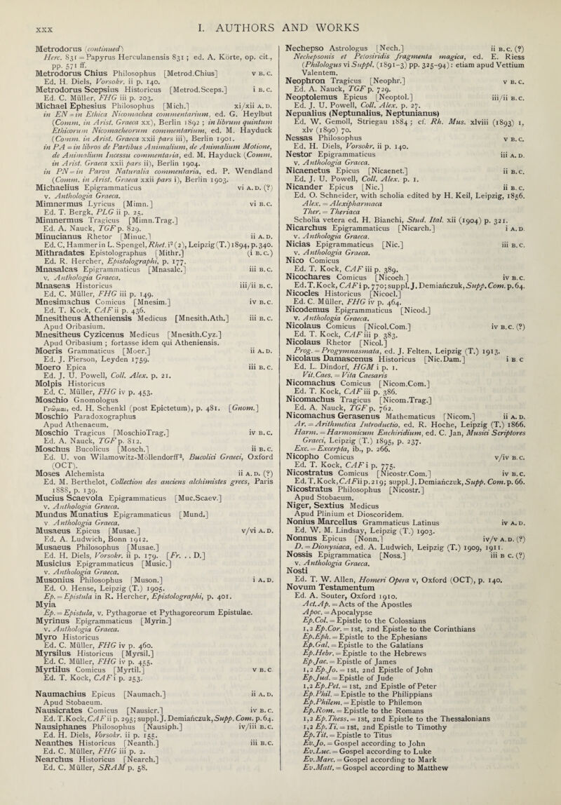Metrodorus (continued.) Here. 83r = Papyrus Herculanensis 831 ; ed. A. Korte, op. cit., pp. 571 ff. Metrodorus Chius Philosophus [Metrod.Chius] vb. c. Ed. H. Diels, Vorsokr. ii p. 140. Metrodorus Scepsius Historicus [Metrod. Seeps.] i b.c. Ed. C. Muller, FHG iii p. 203. Michael Ephesius Philosophus [Mich.] xi/xii a.d. in EN - in Ethica Nicomacliea commentarium, ed. G. Heylbut {Comm, in Arist. Graeca xx), Berlin 1892 ; inlibrum quintum Ethicorum Nicomacheomm commentarium, ed. M. Hayduck {Comm, in Arist. Graeca xxii pars iii), Berlin 1901. in PA —in libros de Partibus Animalium, de Animalium Mot tone, de Animalium Incessu commentaria, ed. M. Hayduck {Comm, in Arist. Graeca xxii pars ii), Berlin 1904. in PN=in Parva Natumlia commentaria, ed. P. Wendland {Comm, in Arist. Graeca xxii pars i), Berlin 1903. Michaelius Epigrammaticus via. d. (?) v. Anthologia Graeca. Mimnermus Lyricus [Mimn.] vi b.c. Ed. T. Bergk, PLG ii p. 25. Mimnermus Tragicus [Mimn.Trag.] Ed. A. Nauck, TGF p. 829. Minucianus Rhetor [Minuc.] ii a. d. Ed. C. Hammer in L. Spengel, Rhet. i2 (2), Leipzig (T.) 1894, p.340. Mithradates Epistolographus [Mithr.] Ed. R. Hercher, Epistolographi, p. 177. Mnasalcas Epigrammaticus [Mnasalc.] v. Anthologia Graeca. Mnaseas Historicus Ed. C. Muller, FHG iii p. 149. Mnesimachus Comicus [Mnesim.] Ed. T. Kock, CAF ii p. 436. Mnesitheus Atheniensis Medicus [Mnesith.Ath.] Apud Oribasium. Mnesitheus Cyzicenus Medicus [Mnesith.Cyz.] Apud Oribasium ; fortasse idem qui Atheniensis. Moeris Grammaticus [Moer.] Ed. J. Pierson, Leyden 1759. Moero Epica Ed. J. U. Powell, Coll. Alex. p. 21. Molpis Historicus Ed. C. Muller, FHG iv p. 453. Moschio Gnomologus Τνωμαι, ed. H. Schenkl (post Epictetum), p. 481. \GnomP\ Moschio Paradoxographus Apud Athenaeum. Moschio Tragicus [MoschioTrag.] iv b.c. Ed. A. Nauck, TGF p. 812. Moschus Bucolicus [Mosch.] ii b. c. Ed. U. von Wilamowitz-Mollendorff2, Bucolici Graeci, Oxford (OCT). Moses Alchemista ii a. d. (?) Ed. M. Berthelot, Collection des anciens alchimistes grecs, Paris 188S, p.139. Mucius Scaevola Epigrammaticus [Muc.Scaev.] v. Anthologia Graeca. Mundus Munatius Epigrammaticus [Mund.] v. Anthologia Graeca. Musaeus Epicus [Musae.] v/vi a.d. Ed. A. Ludwich, Bonn 1912. Musaeus Philosophus [Musae.] Ed. H. Diels, Vorsokr. ii p. 179. \Fr. . . D.] Musicius Epigrammaticus [Music.] v. Anthologia Graeca. Musonius Philosophus [Muson.] i a.d. Ed. O. Hense, Leipzig (T.) 1905. Ep. = Epislula in R. Hercher, Epistolographi, p. 401. Myia Ep. = Epistula, v. Pythagorae et Pythagoreorum Epistulae. Myrinus Epigrammaticus [Myrin.] v. Anthologia Graeca. Myro Historicus Ed. C. Muller, FHG iv p. 460. Myrsilus Historicus [Myrsil.] Ed. C. Muller, FHG iv p. 455. Myrtilus Comicus [Myrtil.] v b. c. Ed. T. Kock, CAFi p. 253. Naurnachius Epicus [Naumach.] ii a. d. Apud Stobaeum. Nausicrates Comicus [Nausicr.] iv b.c. Ed. T.Kock,CAFii p. 295; suppl. J. Demiahczuk,Sw/>/>. Com. p.64. Nausiphanes Philosophus [Nausiph.] iv/iii b.c. Ed. H. Diels, Vorsokr. ii p. 155. Neanthes Historicus [Neanth.] iii b.c. Ed. C. Muller, FHG iii p. 2. Nearchus Historicus [Nearch.] Ed. C. Muller, SRAM p. 58. (i B.C.) iii b.c. iii/ii b.c. iv B.C. iii b. c, ii a. d. iii b.c. Nechepso Astrologus [Nech.] ii b.c. (?) Nechepsonis et Petosiridis fragmenta magica, ed. E. Riess (.Philologus vi Suppl. (1891-3) pp. 325-94): etiam apud Vettium Valentem. Neophron Tragicus [Neophr.] v b. c. Ed. A. Nauck, TGF p. 729. Neoptolemus Epicus [Neoptol.] iii/ii b.c. Ed. J. U. Powell, Coll. Alex. p. 27. Nepualius (Neptunalius, Neptunianus) Ed. W. Gemoll, Striegau 1884 ; cf. Rh. Mus. xlviii (1893) 1, xlv (1890) 70. Nessas Philosophus v b.c. Ed. H. Diels, Vorsokr. ii p. 140. Nestor Epigrammaticus iii a. d. v. Anthologia Graeca. Nicaenetus Epicus [Nicaenet.] ii b.c. Ed. J. U. Powell, Coll. Alex. p. 1. Nicander Epicus [Nic.] ii b. c. Ed. O. Schneider, with scholia edited by H. Keil, Leipzig, 1856. Alex. = Alexipharmaca Ther. — Theriaca Scholia vetera ed. H. Bianchi, Stud. Ital. xii (1904) p. 321. Nicarchus Epigrammaticus [Nicareh.] i a.d. v. Anthologia Graeca. Nicias Epigrammaticus [Nic.] iii b.c. v. Anthologia Graeca. Nico Comicus Ed. T. Kock, CAF iii p. 389. Nicochares Comicus [Nicoch.] iv b.c. Ed.T. Kock, CAF ip. 7 70; suppl. J. Demiahczuk, Supp. Com. p.64. Nicocles Historicus [Nicocl.] Ed. C. Muller. FHG iv p. 464. Nicodemus Epigrammaticus [Nicod.] v. Anthologia Graeca. Nicolaus Comicus [Nicol.Com.] iv b.c. (?) Ed. T. Kock, CAF iii p 383. Nicolaus Rhetor [Nicol.] Prog. = Progymnasmata, ed. J. Felten, Leipzig (T.) 1913. Nicolaus Damascenus Historicus [Nic.Dam.] i b.c Ed. L. Dindorf, HGM i p. 1. Vit.Caes. = Vita Caesaris Nicomachus Comicus [Nicom.Com.] Ed. T. Kock, CAF iii p. 386. Nicomachus Tragicus [Nicom.Trag.] Ed. A. Nauck, TGF p. 762. Nicomachus Gerasenus Mathematicus [Nicom.] ii a. d. Ar. = Anthmetica Introductio, ed. R. Hoche, Leipzig (T.) 1866. Harm. — Harmonicum Enchiridium, ed. C. Jan, Musici Scriptores Graeci, Leipzig (T.) 1895, P- 237· Exc. = Excerpta, ib., p. 266. Nicopho Comicus v/iv b.c. Ed. T. Kock, CAF i p. 775. Nicostratus Comicus [Nicostr.Com.] iv b.c. Ed.T.Kock,C^4iriip.2i9; suppl.J.Demiahczuk,Supp. Com.p. 66. Nicostratus Philosophus [Nicostr.] Apud Stobaeum. Niger, Sextius Medicus Apud Plinium et Dioscoridem. Nonius Marcellus Grammaticus Latinus iv a. d. Ed. W. M. Lindsay, Leipzig (T.) 1903. Nonnus Epicus [Nonn.] iv/v a.d. (?) D.=Dionysiaca, ed. A. Ludwich, Leipzig (T.) 1909, 1911. Nossis Epigrammatica [Noss.] iii b c. (?) v. Anthologia Graeca. Nosti Ed. T. W. Allen, Homeri Opera v, Oxford (OCT), p. 140. Novum Testamentum Ed. A. Souter, Oxford 1910. Act.Ap. = Acts of the Apostles Apoc. = Apocalypse Ep.Col. = Epistle to the Colossians 1,2 Ep.Cor. = 1st, 2nd Epistle to the Corinthians Ep.Eph. = Epistle to the Ephesians Ep. Gal. = Epistle to the Galatians Ep.Hebr. — Epistle to the Hebrews Ep.Jac. = Epistle of James 1,2 Ep.Jo. = 1 st, 2nd Epistle of John Ep.Jud. = Epistle of J ude 1,2 Ep.Pet. = 1st, 2nd Epistle ofPeter Ep.Phil. = Epistle to the Philippians Ep.Philem. = Epistle to Philemon Ep.Rom. = Epistle to the Romans 1,2 Ep.Thess. = 1st, 2nd Epistle to the Thessalonians 1,2 Ep. Ti. = 1st, 2nd Epistle to Timothy Ep. Tit, — Epistle to Titus Ευ.Jo. = Gospel according to John Ev.Luc. = Gospel according to Luke Ev.Marc. = Gospel according to Mark Ev.Matt, = Gospel according to Matthew