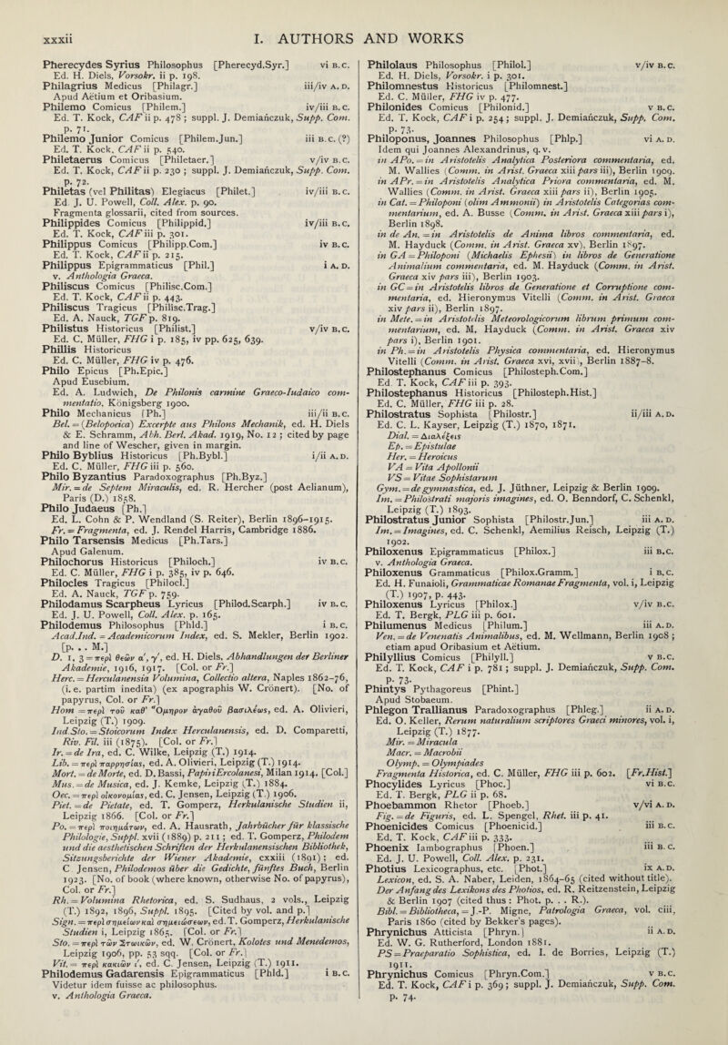 Pherecydes Syrius Philosophus [Pherecyd.Syr.] vi b.c. Ed. H. Diels, Vorsokr. ii p. 198. Philagrius Medicus [Philagr.] iii/iv a. d. Apud Aetium et Oribasium. Philemo Comicus [Philem.] iv/iii b.c. Ed. T. Kock, CAF ii p. 478 ; suppl. J. Demiariczuk, Supp. Com. . P-71- Philemo Junior Comicus [Philem.Jun,] iii b.c. (?) Ed. T. Kock, CAF ii p. 540. Philetaerus Comicus [Philetaer.] v/iv b.c. Ed. T. Kock, CAF ii p. 230 ; suppl. J. Demianczuk, Supp. Com. p. 72. Philetas (vel Philitas) Elegiacus [Philet.] iv/iii b.c. Ed. J. U. Powell, Coll. Alex. p. 90. Fragmenta glossarii, cited from sources. Philippides Comicus [Philippid.] Ed. T. Kock, CAF iii p. 301. Philippus Comicus [Philipp.Com.] Ed. T. Kock, CAF ii p. 2x5. Philippus Epigrammaticus [Phil.] v. Anthologia Graeca. Philiscus Comicus [Philisc.Com.] Ed. T. Kock, CAF ii p. 443. Philiscus Tragicus [Philisc.Trag.] Ed. A. Nauck, TGF p. 819. Ed. C. Muller, FHG i p. 185, iv pp. 625, 639. Phillis Historicus Ed. C. Muller, FHG iv p. 476. Philo Epicus [Ph.Epic.] Apud Eusebium. Ed. A. Ludwich, De Philonis carmine Graeco-Iudaico com- mentatio. Konigsberg 1900. Philo Mechanicus TPh.] iii/ii b.c. Bel. = (Belopoeica) Excerpte aus Philons Mechanik, ed. H. Diels & E. Schramm, Akh. Berl. Akad. 1919, No. 12 ; cited by page and line of Wescher, given in margin. Philo Byblius Historicus [Ph.Bybl.] i/ii a. d. Ed. C. Muller, FHG iii p. 560. Philo Byzantius Paradoxographus [Ph.Byz.] Mir.=de Septem Miraculis, ed. R. Hercher (post Aelianum), Paris (D.) 1838. Philo Judaeus [Ph.] Ed. L. Cohn & P. Wendland (S. Reiter), Berlin 1896-1915. Fr. —Fragmenta, ed. J. Rendel Harris, Cambridge 1886. Philo Tarsensis Medicus [Ph.Tars.] Apud Galenum. Philochorus Historicus [Philoch.] iv b.c. Ed. C. Muller, FHG i p. 385, iv p. 646. Philocles Tragicus [Philocl.] Ed. A. Nauck, TGF \>. 759. Philodamus Scarpheus Lyricus [Philod.Scarph.] ivB.c. Ed. J. U. Powell, Coll. Alex. p. 165. Philodemus Philosophus [Phld.] i b. c. Acad.Jnd. = Academicorum Index, ed. S. Mekler, Berlin 1902. [p. .. M.] D. 1, 3 = 7repl θεών a , 7', ed. H. Diels, Abhandlungen det Berliner Akademie, 1916, 1917. [Col. or Fr.~\ Here. = Hcrculanensia Volumina, Collectio altera, Naples 1862-76, (i. e. partim inedita) (ex apographis W. Cronert). [No. of papyrus, Col. or Fr.~\ Horn =vep) του καθ’ * Ομηρον αγαθοί βασιλίως, ed. A. Olivieri, Leipzig (T.) 1909. Ind.Sto. = Stoicorum Index Herculanensis, ed. D. Comparetti, Riv. Fil. iii (1875). [Col. or Fr.~] Ir. = de Ira, ed. C. Wilke, Leipzig (T.) 1914. Lib. = irtp\ -παρρησίας, ed. A. Olivieri, Leipzig (T.) 1914. Mort.=de Morie, ed. D. Bassi, PapiriErcolanesi, Milan 1914. [Col.] Mus. = de Musica, ed. J. Kemke, Leipzig (T.) 1884. Oec. =irep) οίκονομίας, ed. C. Jensen, Leipzig (T.) 1906. Piet.=de Pietate, ed. T. Gomperz, Herkulanische Sludien ii, Leipzig 1866. [Col. or Fr.~\ Po. = περί ποιημάτων, ed. A. Hausrath, Jahrbiicher fiir klassische Philologie, Suppl. xvii (1889) p. 211; ed. T. Gomperz, Philodem und die aesthetischen Schriften der Herkulanensischen Bibliothek, Sitzungsberichte der Wiener Akademie, cxxiii (1891); ed. C Jensen, Philodemos iiber die Gedichte, fiinftes Buck, Berlin 1923. [No. of book (where known, otherwise No. of papyrus), Col. or FrJ\ Rh. = Volumina Rhetorica, ed. S. Sudhaus, 2 vols., Leipzig (T.) 1892, 1896, Suppl. 1895. [Cited by vol. and p.] Sign. =π(ρ\ σημΤιων καί σημΐΐώιτεων, ed. T. Gomperz, Herkulanische Sludien i, Leipzig 1865. [Col. or FV.] Sto. =7ripl των'Στωικων, ed. W. Cronert, Kolotes und Menedemos, Leipzig 1906, pp. 53 sqq. [Col. or Fr.\ Vit. = Trepl κακιών i, ed. C. Jensen, Leipzig (T.) 1911. Philodemus Gadarensis Epigrammaticus [Phld.] i b. c. Videtur idem fuisse ac philosophus. v. Anthologia Graeca. Philolaus Philosophus [Philol.] v/iv b.c. Ed. H. Diels, Vorsokr. i p. 301. Philomnestus Historicus [Philomnest.] Ed. C. Miiller, FHG iv p. 477. Philonides Comicus [Philonid.] v b.c. Ed. T. Kock, CAF i p. 254; suppl. J. Demiahczuk, Supp. Com. . P- 73· Philoponus, Joannes Philosophus [Phlp.] vi a. d. Idem qui Joannes Alexandrinus, q. v. in APo.=in Aristotelis Analytica Posteriora commentaria, ed. M. Wallies {Comm, in Arist. Graeca xiii pars iii), Berlin 1909. in APr. = in Aristotelis Analytica Priora commentaria, ed. M. Wallies {Comm, in Arist. Graeca xiii pars ii), Berlin 1905. in Cat. — Philoponi {olim Ammonii) in Aristotelis Categorias com- mentarium, ed. A. Busse {Comm, in Arist. Graeca xiii pars i), Berlin 1898. in de An. = in Aristotelis de Anima libros commentaria, ed. M. Hayduck {Comm, in Arist. Graeca xv), Berlin 1897. in GA = Philoponi {Michaelis Ephesii) in libros de Generatione Animalium commentaria, ed. M. Hayduck {Comm, in Arist. Graeca xiv pars iii), Berlin 1903. in GC=in Aristotelis libros de Generatione et Corruptione com¬ mentaria, ed. Hieronymus Vitelli {Comm, in Arist. Graeca xiv pars ii), Berlin 1897. in Mete. = in Aristotelis Meteorologicorum lib mm primum com- pars i), Berlin 1901. in Ph. = in Aristotelis Physica commentaria, ed. Hieronymus Vitelli {Comm, in Arist. Graeca xvi, xvii), Berlin 1887-8. Philostephanus Comicus [Philosteph.Com.] Ed. T. Kock, CAF iii p. 393. Philostephanus Historicus [Philosteph.Hist.] Ed. C. Muller, FHG iii p. 28. Philostratus Sophista [Philostr.] ii/iii a.d. Ed. C. L. Kayser, Leipzig (T.) 1870, 1871. Dial. — AiaAe^eis Ερ. = Epistulae Her. = Heroicus VA = Vita Apollonii VS= Vitae Sophistarum Gym. = degymnastica, ed. J. Jiithner, Leipzig & Berlin 1909. Im. — Philostrati majoris imagines, ed. O. Benndorf, C. Schenkl, Leipzig (T.) 1893. Philostratus Junior Sophista [Philostr.Jun.] iii a. d. 1m. = Imagines, ed. C. Schenkl, Aemilius Reisch, Leipzig (T.) 1902. Philoxenus Epigrammaticus [Philox.] iii b.c. v. Anthologia Graeca. Philoxenus Grammaticus [Philox.Gramm.] i b.c. Ed. H. Funaioli, Grammaticae Romanae Fragmenta, vol. i, Leipzig (T.) 1907, p. 443. Philoxenus Lyricus [Philox.] v/iv b.c. Ed. T. Bergk, PLG iii p. 601. Philumenus Medicus [Philum.] iii a.d. Ven. = de Venenatis Animalibus, ed. M. Wellmann, Berlin 1908 ; etiam apud Oribasium et Aetium. Philyllius Comicus [Philyll.] v b.c. Ed. T. Kock, CAF i p. 781; suppl. J. Demianczuk, Supp. Com. P· 73· Phintys Pythagoreus [Phint.] Apud Stobaeum. Phlegon Trallianus Paradoxographus [Phleg.] ii a. d. Ed. O. Keller, Rerum naturalium scriptores Graeci minores, vol. i, Leipzig (T.) 1877. Mir. = Miracula Macr. — Macrobii Olymp. = Olympiades Fragmenta Hisloiica, ed. C. Muller, FHG iii p. 602. [_Fr.Hist.~\ Phocylides Lyricus [Phoc.] vi b.c. Ed. T. Bergk, PLG ii p. 68. Phoebammon Rhetor [Phoeb.] v/vi a. d. Fig.=de Figuris, ed. L. Spengel, Rhet. iii p. 41. Phoenicides Comicus [Phoenicid.] iii b.c. Ed. T. Kock, CAF iii p. 333. Phoenix Iambographus [Phoen.] iii b. c. Ed. J. U. Powell, Coll. Alex. p. 231. Photius Lexicographus, etc. [Phot.] ix a. d. Lexicon, ed. S. A. Naber, Leiden, 1864-65 (cited without title). Der Anfangdes Lexikons des Photios, ed. R. Reitzenstein, Leipzig & Berlin 1907 (cited thus : Phot. p. . . R.). Bibl. = Bibliotheca, = J.-P. Migne, Patrologia Graeca, vol. ciii, Paris i860 (cited by Bekker’s pages). Phrynichus Atticista [Phryn.) u a. d. Ed. W. G. Rutherford, London 1881. PS = Praeparatio Sophistica, ed. I. de Borries, Leipzig (T.) 1911. Phrynichus Comicus [Phryn.Com.] v b.c. Ed. T. Kock, CAF i p. 369; suppl. J. Demianczuk, Supp. Com. p. 74. iv/iii b.c. iv B.C. i A. D.