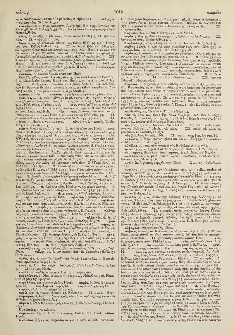 ον, δ, Gnat-smeller, name of a parasite, AIcipbr.1.21. -ώδης, es, = κωνωποειδής, Sch.Ar. V,351. κώνωψ, onros, ό, gnat, mosquito, A.Ag.892, Hdt.2.95, Orac.ap.Ar. Eq. 1038, Arist.//^535a3,552b5 ; μήτε ώϊ λε'ων άναστρεφου μήτε ως κ. Metrod.AV.6o. κώος, δ, mostly in pi. κωοι, caves, dens, Str.8.5.7, St.Byz. s.v. KcSs. II. = κώς (a) 11, ibid. Κώος, a, ov, of, from the island Ka>s, Coan, /Gi2.i95.7, al., Hdt.7. 164, etc.; Κώϊος Call.Ar.254. II. as Subst. K£os (sc. βόλος), ό, the highest throw with the αστράγαλοι, opp. Xi'os, Hsch. ; τα κωα are the inner, τα χία the outer, sides of the huckle-bones (αστράγαλοι), Arist./A4499b28 (κώλα and Ισχία codd.), cf. Cael. 292*29 (v. 1.). III. Κώον (sc. ίμάτων), τό, a light semi-transparent garment, made at Cos, Hsch. 2. a measure of wine, Ostr.Fay.44 (ii/iii a. d.), BGU551 ii 8 : pi. written κόα, Sammelb.7199.2, al. (ii A. d.). 3. = ενεχυρον, Hsch. (also κώϊον) ; cf. κοΐον, κοΰα. κώιταιον, τό, (κώπη) handle of an oar, Hsch. Κωτταίς, αιδος, contr. Κωιτάς, άδοϊ, ή, of or near Copae (in Boeotia), ή Κ. λίμνη Lake Copais, Hdt.8.135, Str.9.2.27 ; η K. alone, Ath.7. 297d. 2. εγχελεις Κωπάίδΐς eels from Lake C., Ar.McA.8S0 ; Κωπάδ’ εγχελυν ib.962 : without Subst., Κω^άδων σπυρίδας Id.A’rt.v 1005 (anap.) ; Κωπάδων απαλών τεμάχη Stratt.44. κωττάω, v. — ε'ω. κωττε'τας· σφονδύλους μεγάλους Ιχθύων, Hsch. κωττ-ευς, ecos, δ, (κώπη) always in pi. κωπεες, Att. κωπης, pieces of woodfitfor making oars, spars, Hdt.5.23, Ar.McA.552, Lys. 422, And. 2.11, /Gi2.46.i 1, 22.ι6θ9·95, al. -even, propel with oars, βάριν AP 7.365 (Zon.). II. (κώπη 2) κεκώπευται στρατός it has the sword drawn, Anon.ap.Hsch. -ε'ω or -άω, furnish with oars, in pf. Pass., κεκώπηται η ναΰς Hsch.: pi. κεκώπηνται IG22.ι6θ4·73· II. furnish with handles, κοΰφα κεκωπημενα BGU1143.15 (i B. c.). III. = foreg. 11, Hsch. s. v. κεκώπηται. -εών, ώνος, δ, — κωπεύς, Thphr. ΗΡξ,.χ·7; pi., ib.4-1.4· κώιτ-η, η, handle (ν. fin.) ; esp. 1. handle of an oar, Hsch.: hence, the oar itself (not in II.), εμβαλεειν κώπγςΟά. 9.489 ; κώπησιν άλύς ρηγ- μΐνα. .τύπτετε 12.214, cf. Sapph. I 20, etc.; oi τας κ. ξύοντες Thphr. ΗΡ5.Ι.6, cf. κωποξύστης ; κώπαν σχάσον, metaph., ‘stay thy hand’, Pi. A*. 10.51 ; νερτερα προστχμενος κώπη, = θαλαμίτης, metaph., of a man of low rank, A. Ag. 161S ; πομπίμοις κώπαις ερεσσων S. Fr.561 ; παρα- πεμπειν εφ' ενδεκα κώπαις, a prov. of dub. origin, meaning ‘to escort with all the honours’, Ar.Pi7.546, cf. Eust.1540.44, Suid. s. ν. ε’ψ’ ένδεκα; κώπαισι πλεΐν take to the oars, when the wind fails, Men. 241 ; κώπαις ποιεΐσθαι τδν πλοΰν Arist./M7ioai9 : poet., to express ships, κλεινά συν κώπα, of Agamemnon’s fleet, E./A140 (lyr.), cf. Hel. 1272,1452 (lyr.). 2. handle of a sword, hilt, επ' αργυρά] κώπη σχεθε χεΐρα II.t.219, cf. Od.8.403 ; ξίφεος δ’ επεμαίετο κώπην 11.531 ; χεΐρα κώπης επιψαύουσαν S.A%.I255 5 φάσγανον κώπης λαβών Έ-.Hec. 543· 3. handle of a key, κώπη δ’ ελεφαντος επηεν Od. 21.7. 4. haft of a torch, E.Cyc.484 (anap.). 5. handle or spoke by which a mill is turned, PS/5.530.io(iii b. c.), Agatharch.26, PRyl.x67.11 (i a. d.), Luc.Msui.42. 6. haftofa whip, Hsch.s. ν. Κερκυραία μάστιξ. 7. pi., spars or bars used in building-operations, IGP.^i^.i^. (Cf. Lat. cap-io, Engl, haft, etc.) -ήεις, εσσα, εν, hilted, φάσγανα II. 15·713» al. -ήλα* κοπιώδη,μακρά, Hsch. -ηλασία, η, rowing, ArisX.Mete. 369^11, Str.9.2.17, PS/4.289.2 (iii a. D.), Sch.Ar.Pa.271. -ηλάτεω, pull an oar, row, opp. κυβερνησαι, Arist.PA.M/.i435a28, cf. Plb.1.21. 1, etc. 2. metaph., of any similar motion forwards and backwards, as of a carpenter using an auger, τρύπανον κ. E.Cyc.461. -ηλάτης [ά], ου, δ, (ελαύνω) rower, Plb.34.3-8, LxxEs^'/.S, PS/4.289.18 (iii A. D.); κ. πολύπους nautilus, Clearch.47. -ηλατικός, 7], ov, of rowers, επίφθεγμa Hsch. s.v. αρρυ ; πόνοι Sch.Opp.A/4.76. -ήλα- τος, ov, formed like an oar, dub. in Hsch. (κωπηλα cod.). -ήρης, ες, (άραρίσκω) furnished with oars, στόλος A. Pers.416 ; στρατός S. Fr. 142. 16; σκάφος E.//M.1381 ; πλοίον Th.4.118; κωπηρες (sc. πλοΐον), τό, Plu.MttZ.65, etc. II. holding the oar, χείρΕ.Ρν. i6o (lyr.). -ητήρ, ηρος, δ, =τροπωτηρ, Hermipp.54, Agath.5.21, cf. Poll.1.92 ; ν. ε’πικω- πητηρ. -tov, τό, Dim. of κώπη, Ar.Ra. 269, Ael.A’Mi3.19, PRyl. 110.14 (iii a. d.). 2. in pi., false ribs, Poll. 2.181. κωττο-ξύστης, ου, δ, (κώπη, ξύω) oar-maker, S/G1000.17 (Cos), Gloss. -ττώλης, ου, δ, oar-dealer, dub. in Jahresh.22,Beibl. 172 (fort. βωπο-). κωπώ, οΰς, η, wreathed staff used in the δαφνηφόρια in Boeotia, Procl.ap.Phot.Pf0/.p.32i B. κώρα, η, Dor. for κούρη, Theoc.6.36, Ca\\.Lav.Pall.2J,138, Cer. 9. ΙΙ. = ϋβρις, Hsch. κωράλιον παιδάριον, κόρων, Hsch.; cf. κοράλλιον. κωραλίσκος, δ, Dim. of κώρος ( = κούρος a), Hdn.Gr.2.926, Phot.; title of play by Epilycus. κωραλλεύς, όως, δ, coral-fisher, Hsch. κωρία, η, Dor. for κοορεύ- τρια, Id. κωριδάμ,νας* άκρίς, Id. κωρίθιον' χόρτον, Id. κώριον, τό, Dor. for κόρων ( A) (q.v.). κωρις, ιδος, η, = καρίς, Semon.15, Epich.89. II. =φαλίς, Hsch. κωρισμός, δ, Dor. for *κουρισμός, education, upbringing, κωρισμοίς έδίδαξα μΐλίφροσι Hymn.Is.4x· κώρος, δ, Dor. for κούρος (α), κόρος (β), Caft.Lav.Pall.85, Theoc.i. 47, etc.^ Κωρυκαΐος, δ, V. Κώρυκος. κωρυκ-ιον [0], τό, Dim. of κώρυκος, Poll.IO.i72, Suid.: -ίδιον, Hsch. Κωρυκιος [ν], α, ον, Corycian, άντρον, a cave on Mt. Parnassus, κωφάω Hdt.8.36 (also Κωρύκιον, τό, Plu.2.394f: pi., Κ. άντρα Aristonousi. 35); prov. for a ‘snug retreat’, Ceb.26 ; Νύμφαι K. S.Ant.1128 (lyr.) ; κορυφαϊ K. the peaks of Parnassus, E.Ba.559 (lyr.). II. ν. Κ ώρυκος fin. Κωρΰκίς, ίδος, η, fem. of foreg., πε'τρα A.Eu.22. κωρϋκίς, ίδος, η, Dim. of κώρυκος 1. I, Epich.I 13, Ar.Pv.4T 5. II. leaf-gall in elms, Thphr.//P3.i4.i. Κωρϋκιώτης, ου, 6,ofCorycus, epith. of Hermes, Orph,/Z.28.8. κωρΐκο-βολία, η, exercise with punching-bag, Aret.CP2.13 (pi.), -μάχία, Ion. -ίη, η, = foreg., Hp.P/rf.2.64, 3.78. κώρυκος, δ, leathern sack or wallet for provisions, Od.5.267,9.213, Ar.Lys. 1210(lyr.), Pherecr.78, Antiph. 160.3. 2. in the gymna¬ sium, leathern sack hung up for punching, Sor.1.49, Antyll.ap.Orib. 6.33.1, Philostr.GjVtti.57, Loz.Lex.5 ; ζυγομαχών τψ κωρύκψ (with play on Κωρύκψ) Com. Adesp. 207 ; πρδς κώρυκον γυμνάζΐσθαι, prov. of labour in vain, Diogenian.7.54 : metaph., of parasites, δαυτούς αντί κωρύκων λεπειν παρόχοντΐς άθληταίσιν Timocl.29. 3. leathern quiver, Hsch. II. scrotum, Hippiatr.^5. III. = κόγχη (Maced.), Hegesand.36. Κώρυκος, δ, Corycus, a promontory of Cilicia, h.Ap.39, etc.:— Adj. Κωρυκαΐος, a, ov : the inhabitants were infamous for spying out the destination and value of ships’ cargoes and then piratically seizing them, Ephor.27 J., etc.: hence Κωρυκαΐος, prov. of spies and eavesdroppers, Str.14.1.32, Cic.Alt. 10.18.1, proh. in Call.Iamb.r. 143; Κ. ηκροάσατο, ‘a little bird told me’, Men.150; μη κατακού- σειεν δέ μου δ Κ., ‘ low be it spoken’, Diox.2 :—also Κωρυκιον σκάφος piratical craft, Alciphr.1.8. κωρϋκώδης, es, like a sack, Thphr./ZA^.^^. Κώς, η, gen. Κώ, Cos ; Ep. Κόως h.Ap.42 ·. acc. Κών II.2.677 ; Κόωνδε, Adv. to Cos, 14.255,15.28 ; cf. Κψος, Κ φακός :—prov., tv ου θρόφΐΐ Κ., ε’κεΐνον οΰδέ Αίγυπτος Eust.983.33· κώς (Α), τό, contr. for κώας, Nicoch.i2. II. at Corinth, public prison, St.Byz., cf. Hsch.; cf. κώος. III. masc. pi. κώε$, οί, prisoners, at Corinth, St.Byz. κώς (B), Ion. for πώς, Hdt. II. enclit. κως, Ion. for πως, Id. κώταλις, ή, ladle, stirrer, gloss on λάκτιν, Pd/555.18 {σκυτάλην codd.), Suid., Eust.1675.56. κώτάλος, δ, name of a musical air, Hedyl.ap. Ath.4. i76d. κωτ-άρχης, ου, δ, priest of the Κάβειροι at Didyma, C/G288o,288i : —also-αρχος, ib.2882 :—fem. -αρχις, ιδος, η, Milet.iipj) No.265. κωτΐλάς, άδοϊ, η, poet. fem. of κωτίλος, twitterer, Boeot. name for the swallow, Stratt.47.6. κωτΐλ-ία, η, prattle, esp.flattery, Gloss. -ίζω, = sq., Call./attiA 1.277· κωτίλλω, only pres., prattle, chatter, usu. with collat. notion of coaxing, wheedling, αίμύλα κωτίλλουσα Hes.O/>.374 ! μαλθακά κ. Ihgn.852 ; ηδόα κωτίλλοντα καθήμενον οϊνοποτάζειν Phoc.li ; άνάνυτα κ. Theoc. 15.87 j έλικτά επη Lyc.1466 ; κ. καί λιγαίνειν, of a speech in court, to be lively, tripping, D.H.Drtti.44. II. trans., cajole, beguile with fair words, εύ κώτιλλε τδν εχθρόν Thgn.363 ; μη κώτιλλε με tease me not by prating, S.Ant.j56 ; τοιαΰτα κωτίλλουσα την άχαιινην Babr.95.87. κωτίλος [ϊ], η, ον, chattering, babbling, Thgn.295, S.Pv.683.3 » °f women, Theoc.15.89; κωτίλε (-ίλλε codd.) ‘chatterbox’, gloss on τεττα, Hellad.ap.Phot.Ρίώ/.ρ.53i B.; of the swallow, twittering, Anacr. 154, Simon. 243; generally, of animals, vocal, opp. σιγηλός, Arist.A/M488a33· II. metaph., lively, expressive, βήματα Theoc. 20.7; ομμα κ. speaking eye, MP5.130 (Phld.); persuasive, φίλτρα ib.7.221 ; κ. αρμονία, μουσικά], babbling, i.e. light, music, D.H.Dent. 49, Plu.2.H36b; κώλα πολύ τδ κ. εχοντα D.H.Bern.40; κωτίλας άνακτα μοίσας /G42(i). 130.16 (Epid.). κώψαγρος, ruppo rusco (?), Gloss. κωφ-άω, (κωφός) make dumb, silence, πάσαν Ιωήν Opp.C3.286 :— Pass., grow dumb or deaf, become stupid, ύπ' άπαιδευσίας κεκωφη- μενος Clearch.6. II. generally, maim, injure, Hsch. -εία, η, stupor, depression, Phld.P. 1.24. -ευω, hold one's peace, Lxx 2Pf.r3.20, al. -ε’ω, = κωφάωΐι, mutilate, prob. 1. S.Pr.234. -ησις, εως, η, maiming, mutilation, Hsch. -ητε'ος, a, ov, = βλαπτεος, Id. -ίας, ου, δ, a burrowing snake, perh. =τύφλωφ, Ael.AMS. 13· -os, ά], όν, blunt, dull, obtuse, opp. οξύς, κ. βέλος II. 11.390, cf. E.Pv.495.27 ; κ. καλάμη APi2.2§ (Stat. Flacc.). II. metaph., 1. of sound, mute, noiseless, κύματι κωφψ Il.14.16 ; κωφ^ν γάρ δJ? γαΐαν άεικίζει is maltreating dumb, senseless earth, 24.54 ; τα μεν άλλα εσκε κωφά the other parts sounded dull, opp. to the ringing of the hollow parts when struck, Hdt.4.200: neut. pi. as Adv., κωφά δε πόντος κεΐτο Orph.M.1103 ; δ κ. λιμτχν, prob. the bay of Munychia, as opp. to the noisy Piraeus, X.A/G2.4.31 ; κωφότερος δ ψόφος εσται, i.e. muffled, Aen.Tact.19; T&v μεταλλικών κωφότατος [ό σίδηρος] rings least, PIU.2.72M; κωφοί άνεμοι D.S.3·51· 2. after Horn., of men or animals, dumb, Parm.6.7, etc.; καί κωφοΰ συνίημι καί ού φω- νεϋντος ακούω Orac.ap.Hdt.l.47 >‘ ού. .παρά κωφόν δ τυφλός εοικε λαλη- σαι, i.e. is not so dumb but that he will answer the blind fool who assails him, Cratin.6 ; κωφότερος κίχλης Eub.29; κ. χάρις a mute gift (sc. an epitaph), Epigr.Gr.298 (Teos); so κωφοΐς δάκρυσι IPE2. 299(Panticapaeum); κ. τάφοι prob. in /Gi2(8).441.26 ; κ. προσωπείου mute figure on the stage, Ph. 2.520, cf. Plu.2.79ie ; κ. πρόσωπον Cic. M/Z.13.19.3; κ. καί άλογος, of a house, with no echoes, Luc.-Dom. I. b. deaf, h.Merc.92, Heraclit.34, A. Th.202, Ch.881 ; ληθην κωφήν, άναυδον S.Av.670 ; 'όσοι γίνονται κ. εκ γενετής, πάντες καί ε’νεοί γίνονται