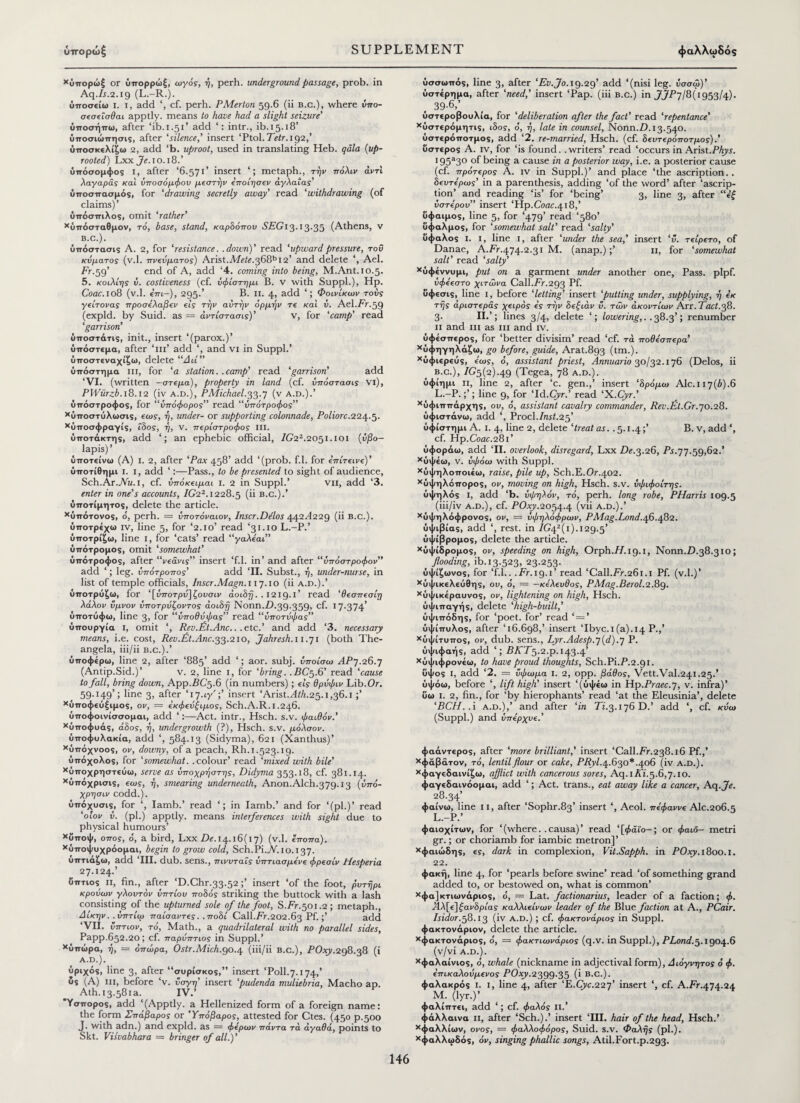 χΰπορώξ or ΰπορρώξ, ωγός, ή, perh. underground passage, prob. in Aq.Zr.2.19 (L.-R.). ΰποσείω I. 1, add cf. perh. PMerton 59.6 (ii b.c.), where ΰπο- σεσείσθαι apptly. means to have had a slight seizure’ ΰποσήπω, after ‘ib.1.51’ add intr., ib.15.18’ ύποσιώπησις, after ’silence,' insert ‘Ptol. Tetr.192,’ υποσκελίζω 2, add ‘b. uproot, used in translating Heb. qdla (up¬ rooted) Lxx 10.18.’ ύπόσομφος i, after ‘6.571’ insert metaph., την πάλιν αντί λαγαράς καί ΰποσόμφου μύστην εποίησεν αγλαΐας’ ΰποσπασμός, for ‘drawing secretly away' read ‘withdrawing (of claims) ’ ΰπόσπιλος, omit ‘rather' χΰπόσταθμον, τό, base, stand, καρδόπου .SFG^. 13.35 (Athens, v b.c.) . ΰπόστασις A. 2, for ‘resistance, .down)’ read 'upward pressure, τοΰ κύματος (v.l. 7τνευματος) Arist.A7«/«.368b 12’ and delete ', Ael. Fr.59’ end of A, add ‘4. coming into being, M.Ant. 10.5. 5. κοιλίης ΰ. costiveness (cf. ύφίστημι B. v with Suppl.), Hp. Coac. 108 (v.l. dm-), 295.’ B. IX. 4, add Φοινίκων τούς γείτονας προσελαβεν εις την αυτήν άρμην τε και ν. AeL.Fr.59 (expld. by Suid. as = άντίστασις)’ v, for ‘camp’ read ‘garrison' ΰποστάτις, init., insert ‘(parox.)’ υπόστεμα, after ‘ill’ add and vi in Suppl.’ ύποστεναχίζω, delete “Διί” ύττόστημα in, for ‘a station, .camp’ read ‘garrison’ add ‘VI. (written -στεμα), property in land (cf. ΰπόστασις Vi), Ρ14/«>2έ.ι8.ΐ2 (iv a.d.), PMichael.33.7 (v a.d.).’ ύπόστροφος, for “ύττόφορος” read “υπότροφος” χύποστόλωσις, εως, ή, under- or supporting colonnade, Poliorc.224.5. χύποσφραγίς, ίδος, ή, ν. περίστροφος III. ύποτάκτης, add ‘; an ephebic official, IG22.2051.ιοί (ύβο- lapis) ’ αποτείνω (A) I. 2, after ‘Pax 458’ add ‘(prob. f.l. for επίτεινε)’ ύποτίθημι ι. I, add ‘:—Pass., to be presented to sight of audience, Sch.Ar.JVu.i, cf. υπόκειμαι i. 2 in Suppl.’ vii, add ‘3. enter in one’s accounts, IG22.1228.5 (ii b.c.).’ ύποτίμητος, delete the article. χύπότονος, o, perh. = ύποτόναιον, Inscr.Ddos 442^229 (ii B.C.). ύποτρέχω iv, line 5, for ‘2.10’ read ‘31.10 L.-P.’ υποτρίζω, line 1, for ‘cats’ read “γαλεαι” ΰπότρομος, omit ‘somewhat’ υπότροφος, after “νεάνις” insert ‘f.l. in’ and after “ΰπόστροφον” add ‘; leg. υπότροπος’ add ‘II. Subst., ή, under-nurse, in list of temple officials, Inscr.Magn. 117.10 (ii a.d.).’ ΰποτρόζω, for ‘ [ύποτρύ] ζουσιν aoiBfj. . 1219.1’ read 'θεσπεσίη λάλον ύμνον ύποτρυζοντος άοιδη Nonn.Z).39-359» cf· Ι7·374> ύποτύφω, line 3, for “υποθύφας” read “ύποτυφας” υπουργία I, omit ‘, Rev.Ft.Anc.. . etc.’ and add ‘3. necessary means, i.e. cost, Rev.Ft.Anc.33.210, Jahresh. 11.71 (both The- angela, iii/ii b.c.).’ υποφέρω, line 2, after ‘885’ add ‘; aor. subj. ύποίσω ΑΡη.28.η (Antip.Sid.)’ v. 2, line 1, for ‘bring. .FC5.6’ read ‘cause to fall, bring down, App.FG'5.6 (in numbers); εις θρΰφιν Lib .Or. 59.149’; line 3, after ‘17.ιγ';’ insert ‘Arist..4^.25.1,36.1;’ χΰποφεύ(;ιμος, ον, = εκφευξιμος, Sch.A.R.1.246. ύποφοινίσσομαι, add ‘:—Act. intr., Hsch. s.v. φαιθόν.’ χύποφυάς, άδος, ή, undergrowth (?), Hsch. s.v. μόλσον. ύποφυλακία, add ‘, 584.13 (Sidyma), 621 (Xanthus)’ χύπόχνοος, ον, downy, of a peach, Rh. 1.523.19. ΰπόχολος, for ‘somewhat. .colour’ read ‘mixed with bile’ χΰποχρηστεύω, serve as ΰποχρηστης, Didyma 353.18, cf. 381.14. Χύπόχρισις, εως, ή, smearing underneath, Anon.Alch.379.13 (ΰπό- χρησιν codd.). ΰπόχυσις, for ‘, Iamb.’ read ‘; in Iamb.’ and for ‘(pi.)’ read ‘oiov v. (pi.) apptly. means interferences with sight due to physical humours’ χΰποψ, οπος, ό, a bird, Lxx £>«.14.16(17) (v.l. εποπα). χύποψυχρόομαι, begin to grow cold, Sch.Pi. jV. 10.137. υπτιάζω, add ‘III. dub. sens., πινυταΐς υπτιασμένε φρεσίν Hesperia 27.124.’ ϋπτιος ii, fin., after ‘D.Chr.33.52;’ insert ‘of the foot, ρυτηρι κρουων γλουτόν υπτίου ποδός striking the buttock with a lash consisting of the upturned sole of the foot, S.Fr.501.2; metaph., Δίκην. . ύπτίω παίσαντες. ,ποδί Call.Fr.202.63 Pf. ;’ add ‘VII. ύπτιον, τό, Math., a quadrilateral with no parallel sides, Papp.652.20; cf. παρύπτιος in Suppl.’ χΰπώρα, ή, = οπώρα, Ostr.Aiich.go.4 (iii/ii b.c.), POxy.298.38 (i A.D.). ύριχό$, line 3, after “συρίσκος,” insert ‘Poll.7.174,’ US (A) III, before ‘ν. ύσγη’ insert ‘pudenda muliebria, Macho ap. Ath.13.581a. IV.’ Ύσπορος, add ‘(Apptly. a Hellenized form of a foreign name: the form Σπάβαρος or Ύπόβαρος, attested for Ctes. (450 p.500 J. with adn.) and expld. as = φάρων πάντα τά αγαθά, points to Skt. Visvabhara = bringer of all.)’ ϋσσωπός, line 3, after ‘Ev.Jo. 19.29’ add ‘(nisi leg. ύσσώ)’ υστέρημα, after ‘need,’ insert ‘Pap. (iii b.c.) in JJ£7/8( 1953/4). 39-6,’ υστεροβουλία, for ‘deliberation after the fact’ read ‘repentance’ χΰστερόμητις, ιδος, ο, η, late in counsel, Nonn.7). 13.540. ύστερόποτμος, add ‘2. re-married, Hsch. (cf. δευτερόποτμος).’ liaTtpos A. iv, for ‘is found, .writers’ read ‘occurs in Arist.PAyi. I95a3° °f being a cause in a posterior way, i.e. a posterior cause (cf. πρότερος A. iv in Suppl.)’ and place ‘the ascription.. δευτερως’ in a parenthesis, adding ‘of the word’ after ‘ascrip¬ tion’ and reading ‘is’ for ‘being’ 3, line 3, after “εξ ύστερου” insert ‘Hp.C0ac.418,’ ϋφαιμος, line 5, for ‘479’ read ‘580’ ΰφαλμο9, for ‘somewhat salt’ read ‘salty’ ύφαλος I. 1, line 1, after ‘under the sea,’ insert ‘ύ. τείρετο, of Danae, A.Fr.474.2.31 M. (anap.);’ 11, for ‘somewhat salt’ read ‘salty’ χυφέννυμι, put on a garment under another one. Pass. plpf. ύφεεστο χιτώνα Call.Fr.293 Pf. ϋφεσις, line 1, before ‘letting’ insert ‘putting under, supplying, ή εκ της άριστερας χειρός ες την δεξιάν ύ. των ακοντίων Arr. Fact.38. 3· II.’; lines 3/4» delete ‘; lowering,. .38.3’ > renumber ii and iii as iii and iv. ΰφέσπερος, for ‘better divisim’ read ‘cf. τά ποθεσπερα’ χύφηγηλάζω, go before, guide, Arat.893 (tm.). χύφιερεύ5, εως, o, assistant priest, Annuario 30/32.176 (Delos, ii b.c.), 7G5(2)-49 (Tegea, 78 a.d.). ύφίημι ii, line 2, after ‘c. gen.,’ insert ‘δρόμω Alc.H7(i).6 L.-P.;’; line 9, for ‘Id.Cyr.’ read ‘X.Cyr.’ Χΰφιππάρχη$, ου, ό, assistant cavalry commander, Rev.Et.Gr.70.28. ύφιστάνω, add ‘, Procl.Inst.25’ ύφίστημι A. i. 4, line 2, delete ‘treat ^..5.1.4;’ B. v, add ‘, cf. Hp. Coac. 281’ ύφοράω, add ‘II. overlook, disregard, Lxx De.3.26, Ps.77.59,62.’ χΰψέω, ν. ΰφόω with Suppl. χΰψηλοποιέω, raise, pile up, Sch.E.Or.402. χύψηλόπορο5, ον, moving on high, Hsch. s.v. ΰφιφοίτης. υψηλός I, add ‘b. ύφηλόν, τό, perh. long robe, PHarris 109.5 (iii/iv a.d.), cf. POxy.2054.4 (vii a.d.).’ χϋψηλόφρονος, ον, = ΰφηλόφρων, PAiag.Lond.^6.482. ΰφιβίας, add ‘, rest, in 7G42(i).129.5’ ύφίβρομος, delete the article. χύψίδρομος, ον, speeding on high, Orph.77.ig.i, Nonn.D.38.310; flooding, ib. 13.523, 23.253. ύψίζωνος, for ‘f.l.. .Fr.19.1’ read ‘Call.Fr.261.1 Pf. (v.l.)’ χύψικελεύθης, ου, ο, = —κελευθος, PAiag.Berol.2.8g. χύψικέραυνος, ον, lightening on high, Hsch. ύψιπαγής, delete ‘high-built,’ ύφιπόδης, for ‘poet, for’ read ' = ’ ύφίπυλος, after ‘16.698,’ insert ‘Ibyc.i(a).14 P.,’ χΰφίτυπος, ον, dub. sens., Lyr.Adesp.'jfl).’] P. ύφιφαής, add ‘; BKTg.2.p. 143.4’ χύφιφρονέω, to have proud thoughts, Sch.Pi.P.2.91. ύφος I, add ‘2. = ύφωμα i. 2, opp. βάθος, Vett.Val.241.25.’ ΰφόω, before ‘, lift high.’ insert ‘(ύψέω in Hp.Praec.7, v. infra)’ υω i. 2, fin., for ‘by hierophants’ read ‘at the Eleusinia’, delete ‘BCH.A a.d.),’ and after ‘in Ti.3.176D.’ add ‘, cf. κύω (Suppl.) and ύπερχυε.’ φαάντερος, after ‘more brilliant,’ insert ‘Call.Fr.238.16 Pf.,’ χφάβάτον, το, lentil flour or cake, £77)4.4.630*.406 (iy a.d.). χφαγ«δαινίζω, afflict with cancerous sores, Aq.i A'i.5.6,7.10. φαγεδαινόομαι, add ‘; Act. trans., eat away like a cancer, A.c\.Je. 28.34’ φαίνω, line 11, after ‘Sophr.83’ insert ‘, Aeol. πεφαννε Ale.206.5 L. -P.’ φαιοχίτων, for ‘(where, .causa)’ read ‘[φάϊο-; or φαιό- metri gr.; or choriamb for iambic metron]’ χφαιώδης, ες, dark in complexion, Vit.Sapph. in POxy. 1800.1. 22. φακή, line 4, for ‘pearls before swine’ read ‘of something grand added to, or bestowed on, what is common’ χφα]κτιωνάριος, ό, = Lat. factionarius, leader of a faction; φ. Αλ\ε]ξανδρίας καλλιείνων leader of the Blue faction at A., PCair. Isidor.58.13 (iv a.d.) ; cf. φακτονάριος in Suppl. φακτονάριον, delete the article. χφακτονάριος, ό, = φακτιωνάριος (q.v. in Suppl.), PLond.5.1904.6 (v/vi a.d.) . χφαλαίνιος, o, whale (nickname in adjectival form), Διόγνητος 6 φ. επικαλούμενος POxy.2399.35 (i B.c.). φαλακρός I. I, line 4, after ‘E.Cyc.227’ insert ‘, cf. A.Fr.474.24 M. (lyr.)’ φαλίπτει, add ‘; cf. φαλός II.’ φάλλαινα ii, after ‘Sch.).’ insert ΊΙΙ. hair of the head, Hsch.’ χφαλλίων, ονος, = φαλλοφόρος, Suid. s.v. Φαλης (pi.). χφαλλωδός, όν, singing phallic songs, Atil.Fort.p.293.