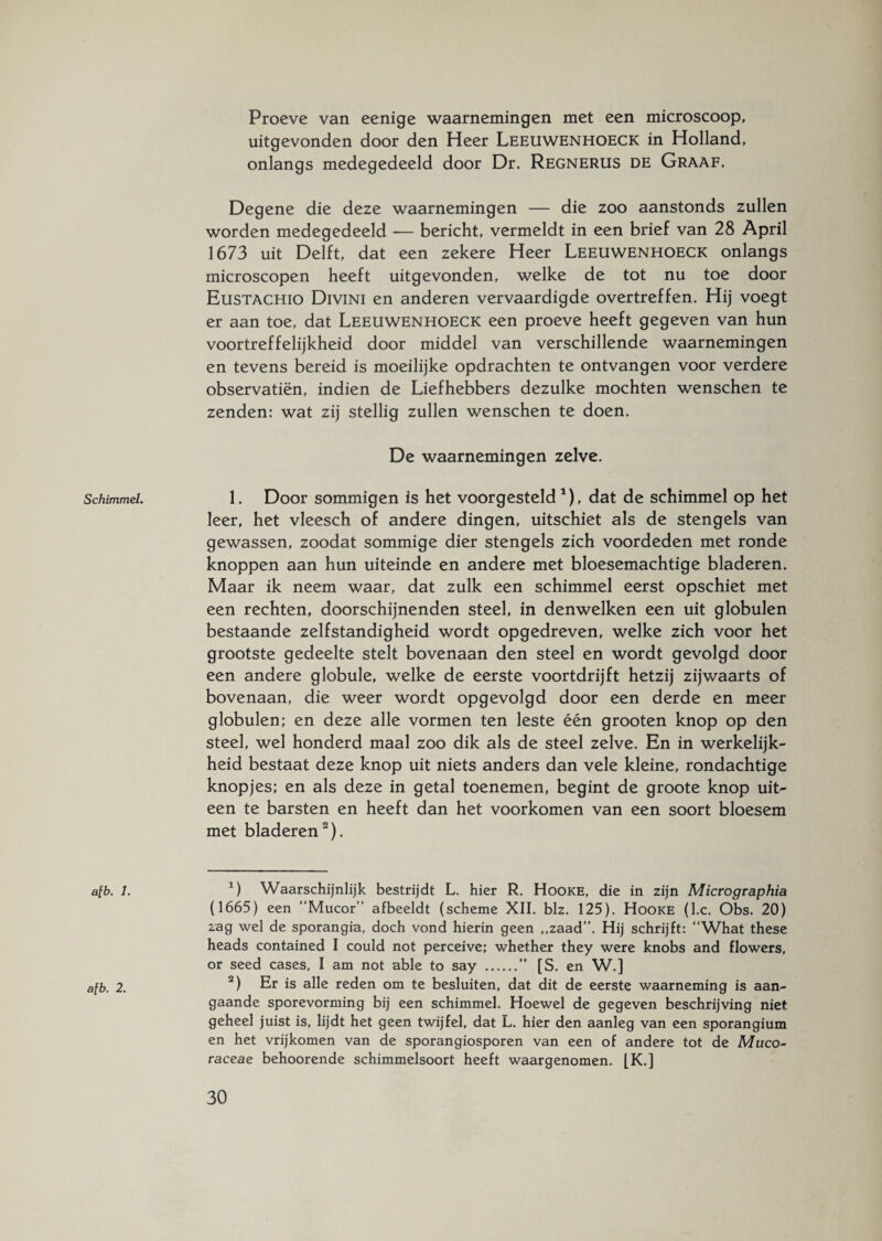Schimmel. alb. 1. afb. 2. Proeve van eenige waarnemingen met een microscoop, uitgevonden door den Heer Leeuwenhoeck in Holland, onlangs medegedeeld door Dr. Regnerus de Graaf. Degene die deze waarnemingen — die zoo aanstonds zullen worden medegedeeld — bericht, vermeldt in een brief van 28 April 1673 uit Delft, dat een zekere Heer Leeuwenhoeck onlangs microscopen heeft uitgevonden, welke de tot nu toe door Eustachio Divini en anderen vervaardigde overtreffen. Hij voegt er aan toe, dat Leeuwenhoeck een proeve heeft gegeven van hun voortreffelijkheid door middel van verschillende waarnemingen en tevens bereid is moeilijke opdrachten te ontvangen voor verdere observatiën, indien de Liefhebbers dezulke mochten wenschen te zenden: wat zij stellig zullen wenschen te doen. De waarnemingen zelve. 1. Door sommigen is het voorgesteld1), dat de schimmel op het leer, het vleesch of andere dingen, uitschiet als de stengels van gewassen, zoodat sommige dier stengels zich voordeden met ronde knoppen aan hun uiteinde en andere met bloesemachtige bladeren. Maar ik neem waar, dat zulk een schimmel eerst opschiet met een rechten, doorschijnenden steel, in denwelken een uit globulen bestaande zelfstandigheid wordt opgedreven, welke zich voor het grootste gedeelte stelt bovenaan den steel en wordt gevolgd door een andere globule, welke de eerste voortdrijft hetzij zijwaarts of bovenaan, die weer wordt opgevolgd door een derde en meer globulen; en deze alle vormen ten leste één grooten knop op den steel, wel honderd maal zoo dik als de steel zelve. En in werkelijk¬ heid bestaat deze knop uit niets anders dan vele kleine, rondachtige knopjes; en als deze in getal toenemen, begint de groote knop uit¬ een te barsten en heeft dan het voorkomen van een soort bloesem met bladeren2). 1) Waarschijnlijk bestrijdt L. hier R. Hooke, die in zijn Micrographia (1665) een “Mucor” afbeeldt (scheme XII. blz. 125). Hooke (l.c. Obs. 20) zag wel de sporangia, doch vond hierin geen ,,zaad”. Hij schrijft: “What these heads contained I could not perceive; whether they were knobs and flowers, or seed cases, I am not able to say .” [S. en W.] 2) Er is alle reden om te besluiten, dat dit de eerste waarneming is aan¬ gaande sporevorming bij een schimmel. Hoewel de gegeven beschrijving niet geheel juist is, lijdt het geen twijfel, dat L. hier den aanleg van een sporangium en het vrijkomen van de sporangiosporen van een of andere tot de Muco- raceae behoorende schimmelsoort heeft waargenomen. [K.]
