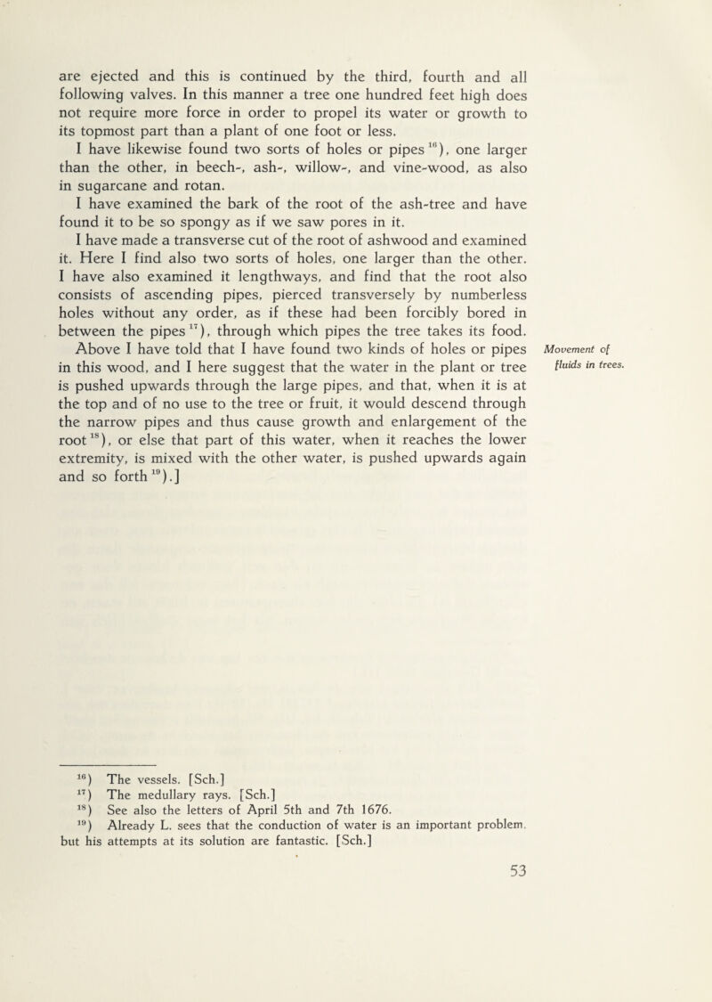 are ejected and this is continued by the third, fourth and all following valves. In this manner a tree one hundred feet high does not require more force in order to propel its water or growth to its topmost part than a plant of one foot or less. I have likewise found two sorts of holes or pipes t,!), one larger than the other, in beech-, ash-, willow-, and vine-wood, as also in sugarcane and rotan. I have examined the bark of the root of the ash-tree and have found it to be so spongy as if we saw pores in it. I have made a transverse cut of the root of ashwood and examined it. Here I find also two sorts of holes, one larger than the other. I have also examined it lengthways, and find that the root also consists of ascending pipes, pierced transversely by numberless holes without any order, as if these had been forcibly bored in between the pipes1'), through which pipes the tree takes its food. Above I have told that I have found two kinds of holes or pipes in this wood, and I here suggest that the water in the plant or tree is pushed upwards through the large pipes, and that, when it is at the top and of no use to the tree or fruit, it would descend through the narrow pipes and thus cause growth and enlargement of the rootls), or else that part of this water, when it reaches the lower extremity, is mixed with the other water, is pushed upwards again and so forth19).] 16) The vessels. [Sch.] 17) The medullary rays. [Sch.] 18) See also the letters of April 5th and 7th 1676. 19) Already L. sees that the conduction of water is an important problem, but his attempts at its solution are fantastic. [Sch.] Movement of fluids in trees.