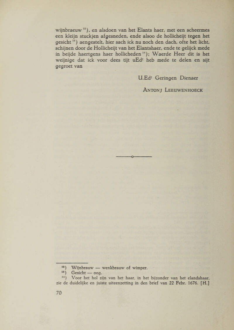 wijnbraeuw12), en alsdoen van het Elants haer, met een scheermes een kleijn stuckjen afgesneden, ende alsoo de holhcheijt tegen het gesicht13) aengestelt, hier sach ick nu noch den dach, ofte het licht, schijnen door de Holhcheijt van het Elantshaer, ende te gelijck mede in beijde haertgens haer hollicheden 14); Waerde Heer dit is het weijnige dat ick voor dees tijt uEd1 heb mede te delen en sijt gegroet van U.Edc Geringen Dienaer Antonj Leeuwexhoeck o 12) Wijnbrauw — wenkbrauw of wimper. 13) Gesicht — oog. 14) Voor het hol zijn van het haar. in het bijzonder van het elandshaar. zie de duidelijke en juiste uiteenzetting in den brief van 22 Febr. 1676. [H.]