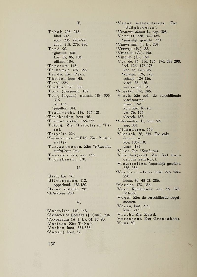 T. Tabak, 208, 218. blad. 218. rook. 208, 220-222. zaad. 218, 276, 280. Tand, 90. *glazuur. 380. koe. 82, 86, 104. olifant. 104, *T a p e t u m. 148. *T el kam er. 378, 386. T e n d o. Zie: Pees. *Thyllen, hout. 48. *T i r o 1. 226. *T o e 1 a s t. 378, 386. Tong (diersoort). 182. Tong (orgaan), mensch. 184, 306- 316. os. 184. * papillen. 184. Traanvocht. 116, 126-128. *Tracheïden, hout. 46. *T r e m a t o d e(n). 168-172. Trio lij. Zie: ^Tripolis en *Ti- r o 1. *T r i p o 1 i s. 226. *Turbatrix aceti O.F.M. Zie: Azijn- aaltje. Turcxe boonen. Zie: *Phaseolus multiflorus Imk. Tweede vlies, oog. 148. T ij d r e k e n i n g. 330. U. Uier, koe. 76. Uitwaseming, 112. opperhuid. 178-180. Urine, kristallen. 294. *Urticaceae. 250. V. *Vaatvlies. 140, 148. *Valmont de Bomare (J. Chr.). 246. *Vandevelde (A. J. J.). 64, 82, 90. Varinas. Zie: Tabak. Varken, haar. 354-356. *Vat(en), hout. 52. *Venae mesentericae. Zie: ,,S u ij g h a d e r e n”. *Veratrum album L., sap. 308. Vergift, 226, 322-324. * soortelijk gewicht. 324. *Verwijnen (J. J.). 204. *Verwijs (E.). 88. *Vesalius (A.). 150. *Vesling (J.). 150. Vet, 66, 76, 116, 126, 176, 288-290. *cel. 126, 176-178. koe. 76, 124-126. *kwabje. 126, 176. schaap. 124-126. visch. 76, 126. watervogel. 126. *V i e r t e 1. 378, 386. Visch. Zie ook: de verschillende vischsoorten. graat. 182. kuit. Zie: Kuit. vet. 76, 126. vleesch. 182. *Vitis vinifera L., hout. 52. sap. 308. Vlaanderen. 160. Vleesch, 76, 334. Zie ook: Spieren, koe. 108-110. visch. 182. Vlier. Zie: *Sambucus. Vlierbes(s e n ). Zie: S a 1 bac- carum sambuci. Vloeistoffen, *soortelijk gewicht. 336, 386. *V o c h t c i r c u 1 a t i e, blad. 276, 286- 290. boom. 40, 48-52, 286. *V o e d er. 378, 386. Voet, Rijnlandsche, enz. 48, 378, 384-386. Vogel. Zie: de verschillende vogel¬ soorten. Voorn, kuit. 214. lever. 214. Vrucht. Zie: Zaad. V urenhout. Zie: Grenenhout. Vuur. 50.