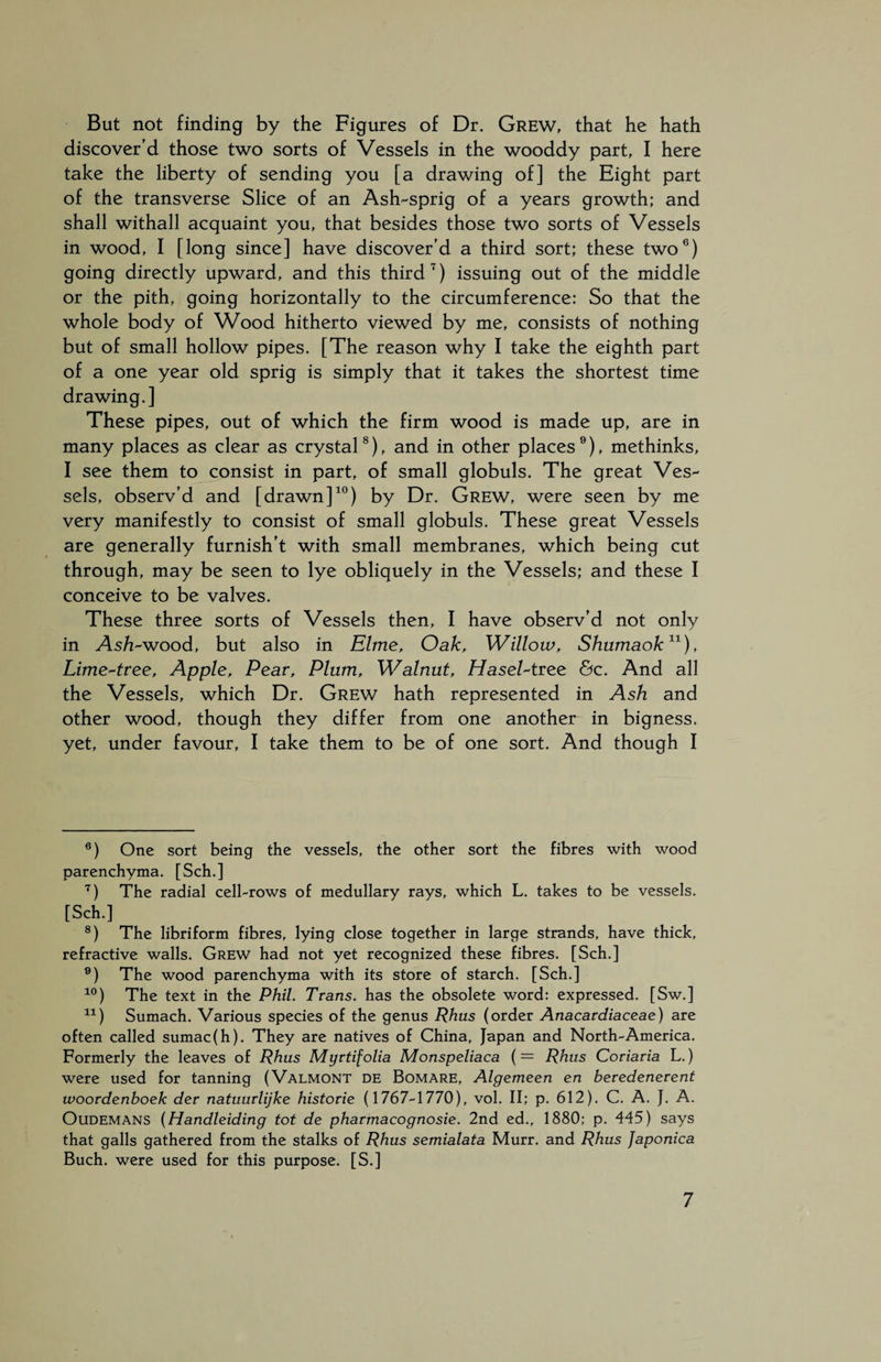 But not finding by the Figures of Dr. Grew, that he hath discover'd those two sorts of Vessels in the wooddy part, I here take the liberty of sending you [a drawing of] the Eight part of the transverse Slice of an Ash-sprig of a years growth; and shall withall acquaint you, that besides those two sorts of Vessels in wood, I [long since] have discover’d a third sort; these two6) going directly upward, and this third7) issuing out of the middle or the pith, going horizontally to the circumference: So that the whole body of Wood hitherto viewed by me, consists of nothing but of small hollow pipes. [The reason why I take the eighth part of a one year old sprig is simply that it takes the shortest time drawing.] These pipes, out of which the firm wood is made up, are in many places as clear as crystal8), and in other places9), methinks, I see them to consist in part, of small globuls. The great Ves¬ sels, observ’d and [drawn]10) by Dr. Grew, were seen by me very manifestly to consist of small globuls. These great Vessels are generally furnish’t with small membranes, which being cut through, may be seen to lye obliquely in the Vessels; and these I conceive to be valves. These three sorts of Vessels then, I have observ’d not only in As/z-wood, but also in Elme, Oak, Willow, Shumaok* 11), Lime-tree, Apple, Pear, Plum, Walnut, Hasel-tree 6c. And all the Vessels, which Dr. Grew hath represented in Ash and other wood, though they differ from one another in bigness, yet, under favour, I take them to be of one sort. And though I 6) One sort being the vessels, the other sort the fibres with wood parenchyma. [Sch.] 7) The radial cell-rows of medullary rays, which L. takes to be vessels. [Sch.] 8) The libriform fibres, lying close together in large strands, have thick, refractive walls. Grew had not yet recognized these fibres. [Sch.] 9) The wood parenchyma with its store of starch. [Sch.] 10) The text in the Phil. Trans, has the obsolete word: expressed. [Sw.] 11) Sumach. Various species of the genus Rhus (order Anacardiaceae) are often called sumac(h). They are natives of China, Japan and North-America. Formerly the leaves of Rhus Myrtifolia Monspeliaca (= Rhus Coriaria L.) were used for tanning (Valmont de Bomare, Algemeen en beredenerent woordenboek der natuurlijke historie (1767-1770), vol. II; p. 612). C. A. ƒ. A. Oudemans (Handleiding tot de pharmacognosie. 2nd ed., 1880; p. 445) says that galls gathered from the stalks of Rhus semialata Murr. and Rhus Japonica Buch. were used for this purpose. [S.]