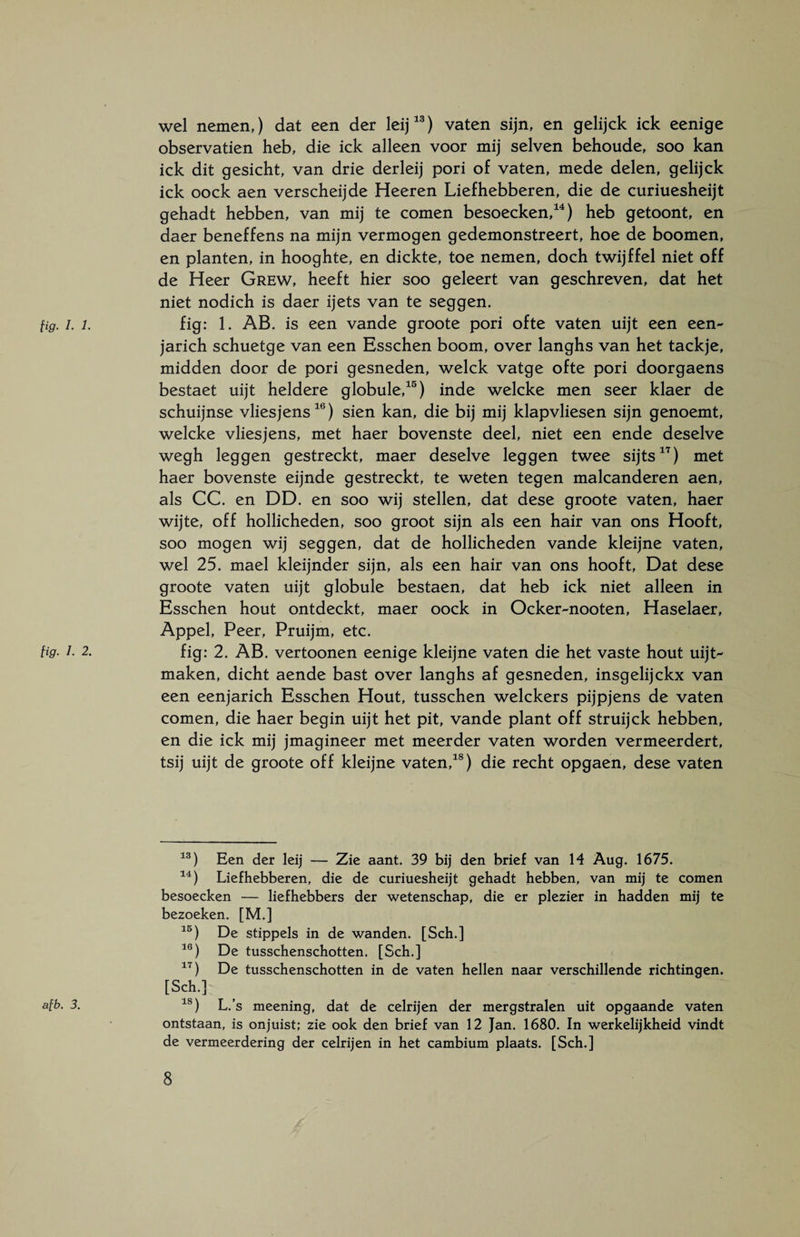 fig. I. 2. afb. 3. wel nemen,) dat een der leij13) vaten sijn, en gelijck ick eenige observatien heb, die ick alleen voor mij selven behoude, soo kan ick dit gesicht, van drie derleij pori of vaten, mede delen, gelijck ick oock aen verscheijde Heeren Liefhebberen, die de curiuesheijt gehadt hebben, van mij te comen besoecken,14) heb getoont, en daer beneffens na mijn vermogen gedemonstreert, hoe de boomen, en planten, in hooghte, en dickte, toe nemen, doch twijffel niet off de Heer Grew, heeft hier soo geleert van geschreven, dat het niet nodich is daer ijets van te seggen. jarich schuetge van een Esschen boom, over langhs van het tackje, midden door de pori gesneden, welck vatge ofte pori doorgaens bestaet uijt heldere globule,15) inde welcke men seer klaer de schuijnse vliesjens16) sien kan, die bij mij klapvliesen sijn genoemt, welcke vliesjens, met haer bovenste deel, niet een ende deselve wegh leggen gestreckt, maer deselve leggen twee sijts17) met haer bovenste eijnde gestreckt, te weten tegen malcanderen aen, als CC. en DD. en soo wij stellen, dat dese groote vaten, haer wijte, off hollicheden, soo groot sijn als een hair van ons Hooft, soo mogen wij seggen, dat de hollicheden vande kleijne vaten, wel 25. mael kleijnder sijn, als een hair van ons hooft. Dat dese groote vaten uijt globule bestaen, dat heb ick niet alleen in Esschen hout ontdeckt, maer oock in Ocker-nooten, Haselaer, Appel, Peer, Pruijm, etc. fig: 2. AB. vertoonen eenige kleijne vaten die het vaste hout uijt- maken, dicht aende bast over langhs af gesneden, insgelijckx van een eenjarich Esschen Hout, tusschen wekkers pijpjens de vaten comen, die haer begin uijt het pit, vande plant off struijck hebben, en die ick mij jmagineer met meerder vaten worden vermeerdert, tsij uijt de groote off kleijne vaten,18) die recht opgaen, dese vaten 13) Een der leij — Zie aant. 39 bij den brief van 14 Aug. 1675. 14) Liefhebberen, die de curiuesheijt gehadt hebben, van mij te comen besoecken — liefhebbers der wetenschap, die er plezier in hadden mij te bezoeken. [M.] 15) De stippels in de wanden. [Sch.] 16) De tusschenschotten. [Sch.] 17) De tusschenschotten in de vaten hellen naar verschillende richtingen. [Sch.] 18) L.’s meening, dat de celrijen der mergstralen uit opgaande vaten ontstaan, is onjuist: zie ook den brief van 12 Jan. 1680. In werkelijkheid vindt de vermeerdering der celrijen in het cambium plaats. [Sch.]