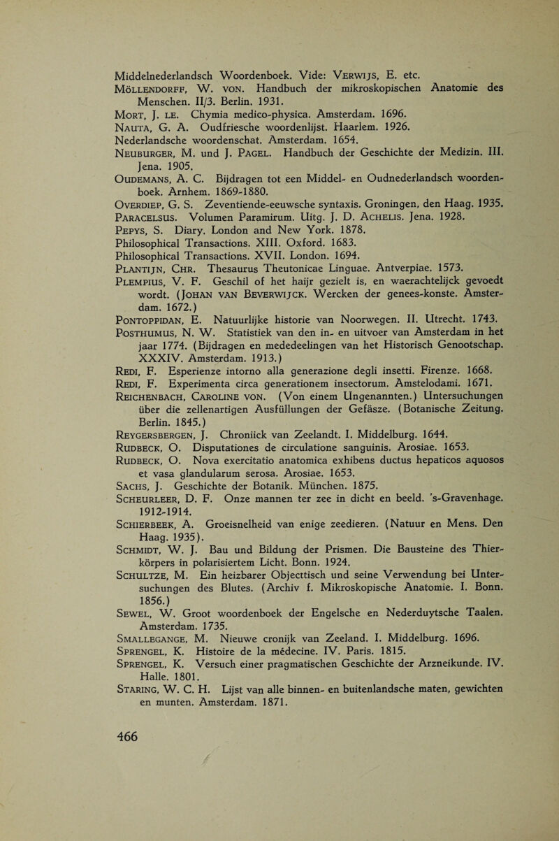 Middelnederlandsch Woordenboek. Vide: Verwijs, E. etc. Möllendorff, W. von. Handbuch der mikroskopischen Anatomie des Menschen. II/3. Berlin. 1931. Mort, J. le. Chymia medico-physica. Amsterdam. 1696. Nauta, G. a. Oudfriesche woordenlijst. Haarlem. 1926. Nederlandsche woordenschat. Amsterdam. 1654. Neuburger, M. und J. Pagel. Handbuch der Geschichte der Medizin. III. Jena. 1905. OuDEMANS, A. C. Bijdragen tot een Middel- en Oudnederlandsch woorden¬ boek. Arnhem. 1869-1880. Overdiep, G. S. Zeventiende-eeuwsche syntaxis. Groningen, den Haag. 1935. Paracelsus. Volumen Paramirum. Uitg. J. D. Achelis. Jena. 1928. Pepys, S. Diary. London and New York. 1878. Philosophical Transactions. XIII. Oxford. 1683. Philosophical Transactions. XVII. London. 1694. Plantijn, Chr. Thesaurus Theutonicae Linguae. Antverpiae. 1573. Plempius, V. F. Geschil of het haijr gezielt is, en waerachtelijck gevoedt wordt. (Johan van Beverwijck. Wercken der genees-konste. Amster¬ dam. 1672.) PoNTOPPiDAN, E. Natuurlijke historie van Noorwegen. II. Utrecht. 1743. Posthumus, N. W. Statistiek van den in- en uitvoer van Amsterdam in het jaar 1774. (Bijdragen en mededeelingen van het Historisch Genootschap. XXXIV. Amsterdam. 1913.) Redi, F. Esperienze intorno alia generazione degli insetti. Firenze. 1668. Redi, F. Experimenta circa generationem insectorum. Amstelodami. 1671. Reichenbach, Caroline von. (Von einem Ungenannten.) Untersuchungen iiber die zellenartigen Ausfiillungen der Gefasze. (Botanische Zeitung. Berlin. 1845.) ReYGERSBERGEN, J. Chroniick van Zeelandt. I. Middelburg. 1644. Rudbeck, O. Disputationes de circulatione sanguinis. Arosiae. 1653. Rudbeck, O. Nova exercitatio anatomica exhibens ductus hepaticos aquosos et vasa glandularum serosa. Arosiae. 1653. Sachs, J. Geschichte der Botanik. München. 1875. Scheurleer, D. F. Onze mannen ter zee in dicht en beeld. ’s-Gravenhage. 1912-1914. ScHiERBEEK, A. Groeisnelheid van enige zeedieren. (Natuur en Mens. Den Haag. 1935). Schmidt, W. J. Bau und Bildung der Prismen. Die Bausteine des Thier- körpers in polarisiertem Licht. Bonn. 1924. ScHULTZE, M. Ein heizbarer Objecttisch und seine Verwendung bei Unter- suchunqen des Blutes. (Archiv f. Mikroskopische Anatomie. I. Bonn. 1856.) Sewel, W. Groot woordenboek der Engelsche en Nederduytsche Taaien. Amsterdam. 1735. Smallegange, M. Nieuwe cronijk van Zeeland. I. Middelburg. 1696. Sprengel, K. Histoire de la médecine. IV. Paris. 1815. Sprengel, K. Versuch einer pragmatischen Geschichte der Arzneikunde. IV. Halle. 1801. Staring, W. C. H. Lijst van alle binnen- en buitenlandsche maten, gewichten en munten. Amsterdam. 1871.