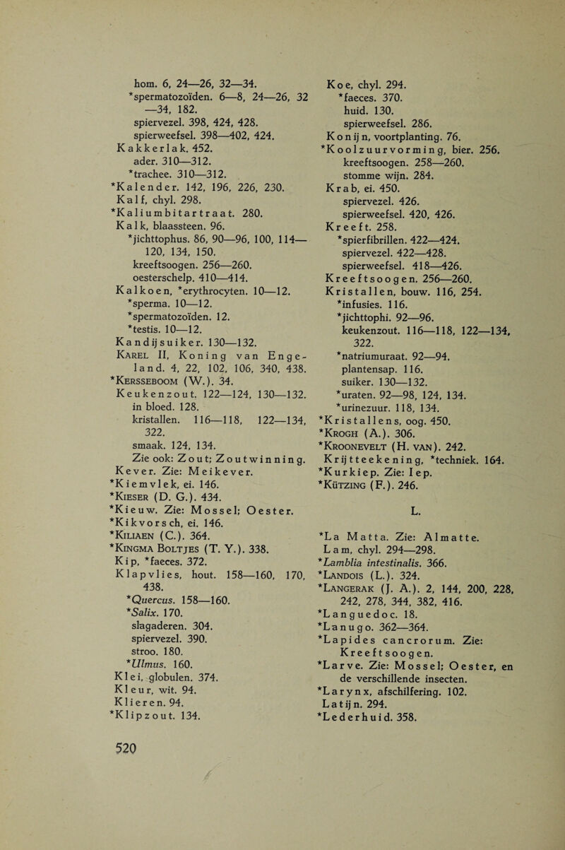 hom. 6, 24—26, 32—34. * spermatozoïden. 6—8, 24—26, 32 —34. 182. spiervezel. 398, 424, 428. spierweefsel. 398—402, 424. Kakkerlak. 452. ader. 310—312. *trachee. 310—312. *Kalender. 142, 196, 226, 230. Kalf, chyl. 298. *Kaliumbitartraat. 280. Kalk, blaassteen. 96. *jichttophus. 86, 90—96, 100, 114— 120, 134, 150. kreeftsoogen. 256—260. oesterschelp. 410—414. Kalkoen, *erythrocyten. 10—12. *sperma. 10—12. *spermatozoïden. 12. *testis. 10—12. K a n d ij s u i k e r. 130—132. Karel II, Koning van Enge¬ land. 4, 22, 102, 106, 340, 438. *Kersseboom (W.). 34. Keukenzout. 122—124, 130—132. in bloed. 128. kristallen. 116—118, 122—134, 322. smaak. 124, 134. Zie ook: Zout; Zoutwinning. Kever. Zie: Meikever. *Kiemvlek, ei. 146. *Kieser (D. G.). 434. *Kieuw. Zie: Mossel; Oester. *Kikvorsch, ei. 146. *Kiliaen (C.). 364. *Kingma Boltjes (T. Y.). 338. Kip, *faeces. 372. Klapvlies, hout. 158—160, 170, 438. *Quercus. 158—160. *Salix. 170. slagaderen. 304. spiervezel. 390. stroo. 180. *Ulmus. 160. Klei, globulen. 374. Kleur, wit. 94. Klieren. 94. *Klipz out. 134. Koe, chyl. 294. *faeces. 370. huid. 130. spierweefsel. 286. K o n ij n, voortplanting. 76. *Koolzuurvorming, bier. 256. kreeftsoogen. 258—260. stomme wijn. 284. Krab, ei. 450. spiervezel. 426. spierweefsel. 420, 426. Kreeft. 258. * spier fibrillen. 422—424. spiervezel. 422—428. spierweefsel. 418—426. Kreeftsoogen. 256—260. Kristallen, bouw. 116, 254. ^infusies. 116. *jichttophi. 92—96. keukenzout. 116—118, 122—134, 322. *natriumuraat. 92—94. plantensap. 116. suiker. 130—132. *uraten. 92—98, 124, 134. ^urinezuur. 118, 134. *K r i s t a 11 e n s, oog. 450. *Krogh (A.). 306. *Kroonevelt (H. van). 242. Krijtteekening, ^techniek. 164. *Kurkiep. Zie: Iep. *Kützing (F.). 246. L. *La Matta. Zie: Almatte. Lam, chyl. 294—298. *Lamblia intestinalis. 366. *Landois (L.). 324. *Langerak (J. A.). 2, 144, 200, 228, 242, 278, 344, 382, 416. *Languedoc. 18. *Lanugo. 362—364. *Lapides cancrorum. Zie: Kreeftsoogen. *LarVe. Zie: Mossel; Oester, en de verschillende insecten. *Larynx, afschilfering. 102. L a t ij n. 294. *Lederhuid. 358.