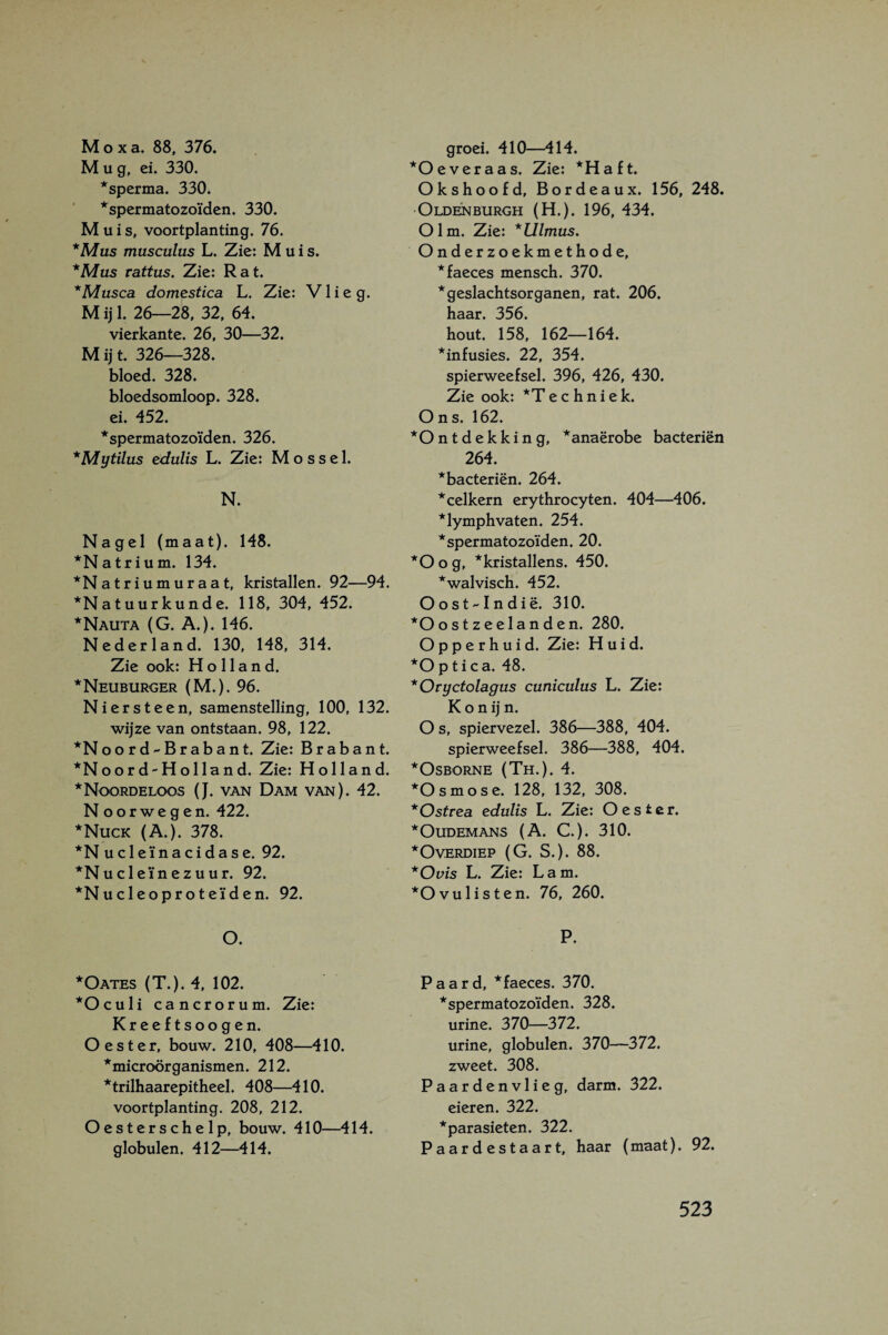 M o X a. 88, 376. Mug, ei. 330. *sperma. 330. * spermatozoïden. 330. Muis, voortplanting. 76. *Mus musculus L. Zie: Muis. *Mus rattus. Zie: Rat. * Musea domestica L. Zie: Vlieg. Mijl. 26—28, 32, 64. vierkante. 26, 30—32. Mijt. 326—328. bloed. 328. bloedsomloop. 328. ei. 452. *spermatozoïden. 326. *Mytilus edulis L. Zie: Mossel. N. Nagel (maat). 148. *Natrium. 134. *Natriumuraat, kristallen. 92—94. *N a tuur kun de. 118, 304, 452. *Nauta (G. A.). 146. Nederland. 130, 148, 314. Zie ook: Holland. *Neuburger (M.). 96. Niersteen, samenstelling, 100, 132. wijze van ontstaan. 98, 122. *N o o r d - B r ab a n t. Zie: Brabant. *Noord''Hol land. Zie: Holland. *Noordeloos (J. van Dam van). 42. Noorwegen. 422. *Nuck (A.). 378. *Nucleïnacidase. 92. ^Nucleïnezuur. 92. *Nucleoproteïden. 92. O. *Oates (T.). 4, 102. *Oculi cancrorum. Zie: Kreeftsoogen. Oester, bouw. 210, 408—410. *microörganismen. 212. *trilhaarepitheel. 408—^410. voortplanting. 208, 212. Oesterschelp, bouw. 410—414. globulen. 412—414. groei. 410—414. *0 ever a as. Zie: *Haft. Okshoofd, Bordeaux. 156, 248. Oldenburgh (H.). 196, 434. Olm. Zie: *Ulmus. Onderzoekmethode, * faeces mensch. 370. * geslachtsorganen, rat. 206. haar. 356. hout. 158, 162—164. *infusies. 22, 354. spierweefsel. 396, 426, 430. Zie ook: *T e c h n i e k. Ons. 162. *Ontdekking, *anaërobe bacteriën 264. * bacteriën. 264. *celkern erythrocyten. 404—406. *lymphvaten. 254. *spermatozoïden. 20. *0 o g, *kristallens. 450. *walvisch. 452. Oost'-Indië. 310. *Oostzeelanden. 280. Opperhuid. Zie: Huid. *0 p t i c a. 48. *Oryctolagas caniculus L. Zie: K o n ij n. O s, spiervezel. 386—388, 404. spierweefsel. 386—388, 404. *OSBORNE (Th.). 4. *Osmose. 128, 132, 308. *Ostrea edulis L. Zie: Oester. *OUDEMANS (A. C.). 310. *OvERDIEP (G. S.). 88. *Ouis L. Zie: Lam. *Ovulisten. 76, 260. P. Paard, *faeces. 370. *spermatozoïden. 328. urine. 370—372. urine, globulen. 370—372. zweet. 308. Paardenvlieg, darm. 322. eieren. 322. *parasieten. 322. Paardestaart, haar (maat). 92.