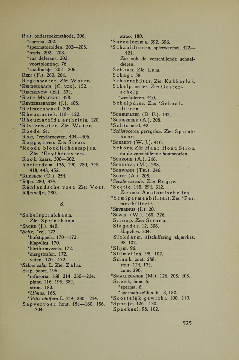 Rat, onderzoekmethode, 206. *sperma. 202. * spermatozoïden. 202—208. *testis. 202—208. *vas deferens. 202. voortplanting. 76. *zaadbuisje. 202—206. Redi (F.). 260, 264. Regenwater. Zie: Water. *Reichenbach (C. von). 152. *Reichenow (E.). 334. *Rete Malpighi. 358. *Reygersbergen (J.). 408. *Rei merswaal. 208. *Rheumatiek. 118—120. *Rh eu m a tOÏd e ar t h r it i s. 120. ^Rivierwater. Zie: Water. Roede. 64. Rog, *erythrocyten. 404—406. Rogge, stroo. Zie: S t r o o. *Roode bloedlichaampjes. Zie: *Erythrocyten. Rook, kaars. 300—302. Rotterdam. 136, 190, 280, 348, 418, 448, 452. *Rudbeck (O.). 254. *Rijn. 280, 374. Rijnlandsche voet. Zie: Voet. R ij n w ij n. 280. S. *Sabelsprinkhaan, Zie: Sprinkhaan. *Sachs (J.). 440. *Salix, *cel. 172. *hofstippels. 170—172. klapvlies. 170. *libriformvezels. 172. *mergstralen. 172. vaten. 170—172. *Salmo salar L. Zie: Zalm. Sap, boom. 196. *infusoria. 168, 214, 230—234. plant. 116, 196, 384. stroo. 180. *Ulmus. 168. *Vitis vinifera L. 214, 230—234. Sapvervoer, hout. 154—160, 186, 304. stroo. 180. *Sarcolemma. 392, 396. *Schaaldieren, spierweefsel. 422— 424. Zie ook de verschillende schaal¬ dieren. Schaap. Zie: Lam. S cha gt. 58. Scharrebijter. Zie: Kakkerlak. Schelp, oester. Zie: Oester¬ schelp. * weekdieren. 410. Schelpdier. Zie: *Schaal^ dieren. ^Scheurleer (D. F.). 132. *SCHIERBEEK (A.). 208. *S c h i m m e 1. 42. *Schistocerca peregrina. Zie: Sprink¬ haan. * Schmidt (W. ƒ.). 410. Schors. Zie: Haar; Hout; Stroo, en de verschillende houtsoorten. *SCHROHE (A.). 246. *SCHULTZE (M.). 288. * Schwann (Th.). 246. *ScoTT (A.). 208. *Secale cereale. Zie: Rogge. *Sectie. 148, 294, 312. Zie ook: Anatomische les. *Semi'permeabiliteit. Zie: *Per- meabiliteit. * Severinus (I.). 20. *Sewel (W.). 168, 326. Siroop. Zie: Stroop. Slagader. 12, 306. klapvlies. 304. Slokdarm, afschilfering slijmvlies. 98, 102. *Slijm. 96. *S lijm vlies. 98, 102. Smaak, zoet. 288. zout. 124, 134. zuur. 290. *Smallegange (M.). 126, 208, 408. Snoek, hom. 6. *sperma. 6. spermatozoïden. 6—8, 182. *S oor telijk gewicht. 100, 110. *Spanje. 126—130. Speeksel. 98, 102.