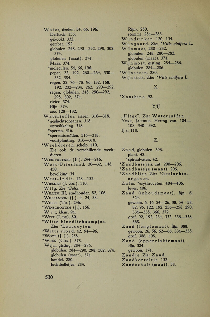 Water, deelen. 54, 66, 196. Delftsch. 156. gekookt. 332. gember. 192. globulen. 248, 290—292, 298, 302, 374. globulen (maat). 374. Maas. 374. moleculen. 54, 66, 196. peper. 22, 192, 260—264, 330— 332, 384. regen. 22, 76—78, 96, 132, 168, 192, 232—234, 262, 290—292. regen, globulen. 248, 290—292, 298, 302, 374. rivier. 374. Rijn. 374. zee. 128—132. Waterjuffer, eieren. 316—318. * geslachtsorganen. 318. ontwikkeling. 318. *sperma, 316. * spermatozoïden. 316—318. voortplanting. 316—318. *Weekdieren, schelp. 410. Zie ook de verschillende week¬ dieren. *Weinfurtner (F.). 244—246. West Fries land, 30—32, 148, 450. bevolking. 34. West-Indië. 128—132. *WlES]S[ER (J. VON). 110. W i 1 g. Zie *SaUx. * Willem III, stadhouder. 82, 106. Williamson (J.). 4, 24, 38. * Willis (Th.). 246. *WlNSCHOOTEN (J.). 156. W i t, kleur. 94. *WiTT (J. de). 80. *Witte bloedlichaampjes. Zie: *Leucocyten. *Witte vloed. 42, 94—96. ^WoYT (J. J.). 258. *Wrbn (Chr.). 378. W ij n, gisting. 284—286. globulen. 284—290, 298, 302, 374. globulen (maat). 374. handel. 280. luchtbelletjes. 284. Rijn-, 280. stomme. 284—286. Wijn drink en. 120, 134. W ij n g a a r d. Zie: *Vitis vinifera L. W ij n m o e r, 280—282. globulen. 248, 280—282. globulen (maat). 374. W ij n m o s t, gisting. 284—286. globulen. 284—286. * W ij n s t e e n. 280. Wijnstok. Zie: *Vitis vinifera L. X. *X an thine. 92. Y/IJ „IJ It ge”. Zie: Waterjuffer. York, Jaoobus, Hertog van. 104— 108, 340—342. Ijs. 118. Z. Zaad, globulen. 396. plant. 42. *spiraalvaten. 42. *Zaadbuisjes, rat. 200—206. ^Zaadhuisje (maat). 206. *Zaadklier. Zie: *Geslachts- or ganen. Zalm, *erythrocyten. 404—406. lever. 406. Zand (inhoudsmaat), fijn. 6, 324. gewoon. 6, 16, 24—26, 38, 54—58, 82, 96, 122, 192, 256—258, 290, 334—338, 366, 372. grof. 92, 192, 234, 332, 336—338, 368. Zand (lengtemaat), fijn. 388. gewoon. 26, 56, 62—66, 334—338. grof. 386, 408. Zand (oppervlaktemaat), fijn. 324. gewoon. 174. Z a n d j e. Zie: Zand. Zandkorreltje. 132. Zandschuit (maat). 58.