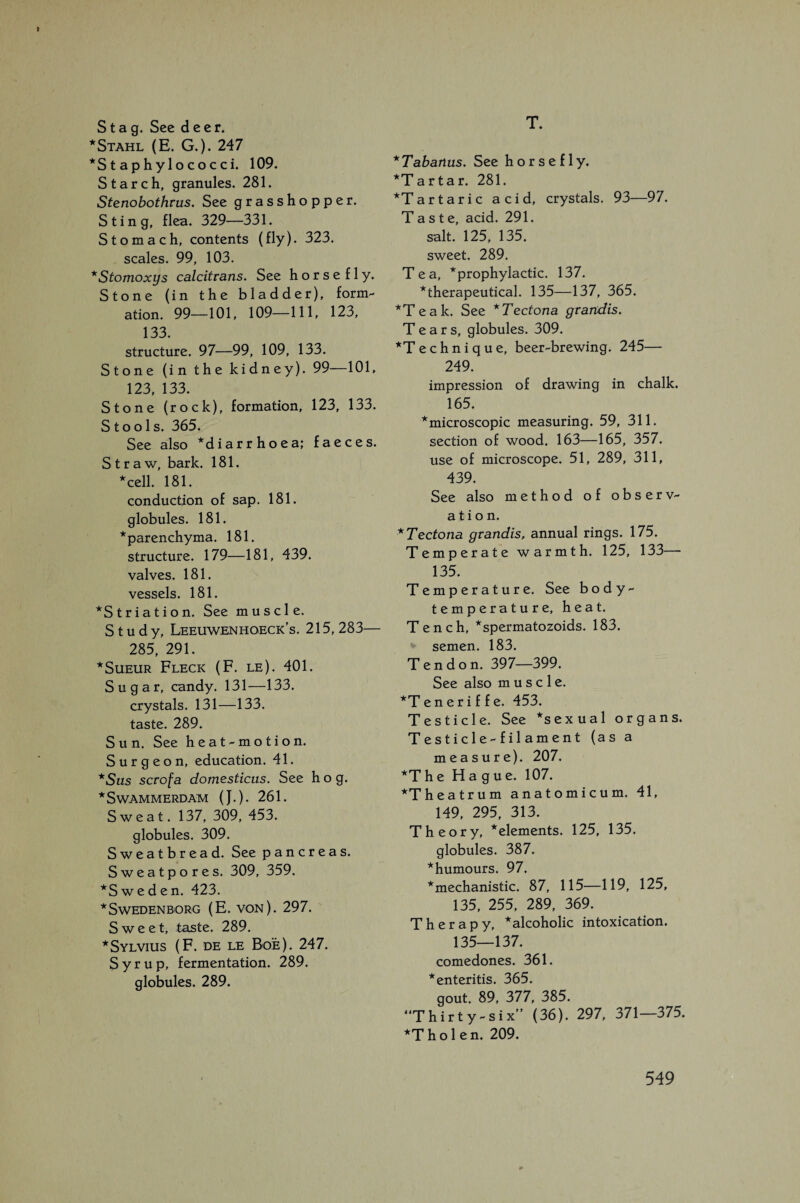 T. Stag. See deer. * Stahl (E. G.). 247 *S t ap hy 1 o co c ci. 109. Starch, granules. 281. Stenobothrus. See grasshopper. Sting, flea. 329—331. Stomach, contents (fly). 323. scales. 99, 103. *Stomoxys calcitrans. See horsefly. Stone (in the bladder), form¬ ation. 99—101, 109—111, 123, 133. structure. 97—99, 109, 133. Stone (in the kidney). 99—101, 123, 133. Stone (rock), formation, 123, 133. Stools. 365. See also *diarrhoea; faeces. Straw, bark. 181. *^cell. 181. conduction of sap. 181. globules. 181. *parenchyma. 181. structure. 179—181, 439. valves. 181. vessels. 181. *Striation. See muscle. Study, Leeuw,enhoeck’s. 215, 283— 285, 291. * Sueur Fleck (F. le). 401. Sugar, candy. 131—133. crystals. 131—133. taste. 289. Sun. See heat-motion. Surgeon, education. 41. *Sus scrofa domesticus. See hog. *SWAMMERDAM (J.). 261. Sweat. 137, 309, 453. globules. 309. Sweatbread. See pancreas. Sweatpores. 309, 359. *S w e d e n. 423. * Swedenborg (E. von). 297. Sweet, taste. 289. * Sylvius (F. de le Bo'e). 247. Syrup, fermentation. 289. globules. 289. ^Tabanus, See horsefly. *Tartar. 281. *Tartaric acid, crystals. 93—97. Taste, acid. 291. salt. 125, 135. sweet. 289. Tea, ^prophylactic. 137. ^therapeutical. 135—137, 365. *Teak. See *Tectona grartdis. Tears, globules. 309. *Technique, beer-brewing. 245— 249. impression of drawing in chalk, 165. ^microscopic measuring. 59, 311. section of wood. 163—165, 357. use of microscope. 51, 289, 311, 439. See also method of observ¬ ation. *Tectona grandis, annual rings. 175. Temperate warmth. 125, 133— 135. Temperature. See body- temperature, heat. Tench, *spermatozoids. 183. semen. 183. Tendon. 397—399. See also muscle. *T e n e r i f f e. 453. Testicle. See *sexual organs. Testicle-filament (as a measure). 207. *The Hague. 107. *Theatrum anatomicum. 41, 149, 295, 313. Theory, ^elements. 125, 135. globules. 387. * humours. 97. *mechanistic. 87, 115—119, 125, 135, 255, 289, 369. Therapy, *alcoholic intoxication. 135—137. comedones. 361. *enteritis. 365. gout. 89, 377, 385. “Thirty-six” (36). 297, 371—375. *Tholen. 209.