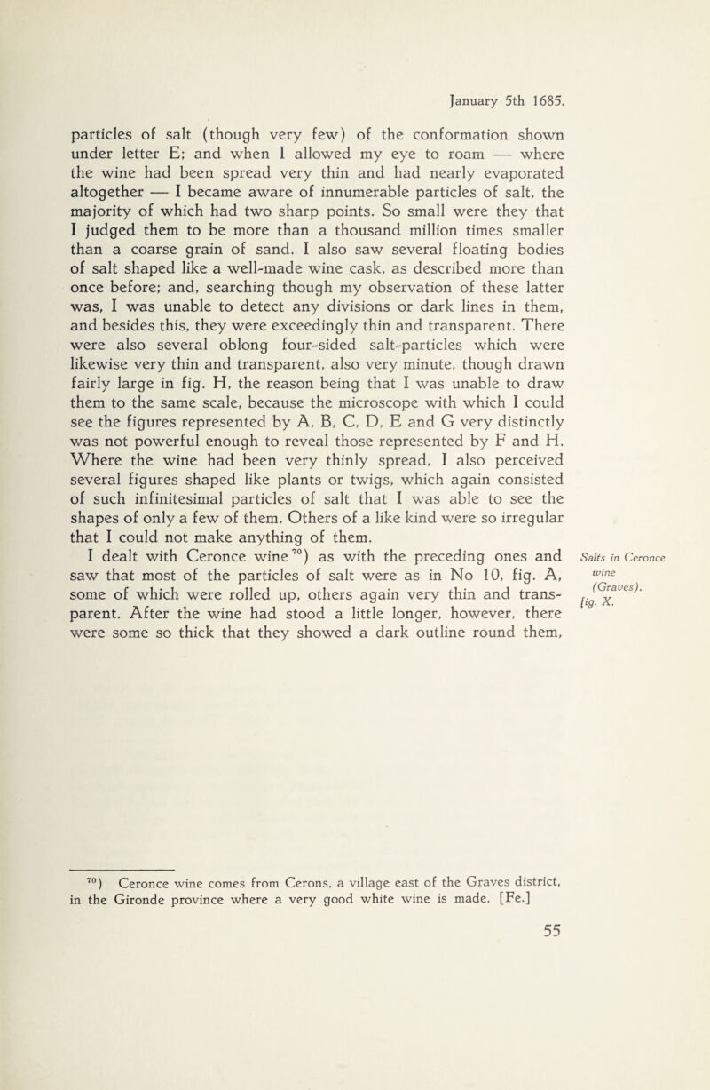particles of salt (though very few) of the conformation shown under letter E; and when I allowed my eye to roam — where the wine had been spread very thin and had nearly evaporated altogether — I became aware of innumerable particles of salt, the majority of which had two sharp points. So small were they that I judged them to be more than a thousand million times smaller than a coarse grain of sand. I also saw several floating bodies of salt shaped like a well-made wine cask, as described more than once before; and, searching though my observation of these latter was, I was unable to detect any divisions or dark lines in them, and besides this, they were exceedingly thin and transparent. There were also several oblong four-sided salt-particles which were likewise very thin and transparent, also very minute, though drawn fairly large in fig. H, the reason being that I was unable to draw them to the same scale, because the microscope with which I could see the figures represented by A, B, C, D, E and G very distinctly was not powerful enough to reveal those represented by F and H. Where the wine had been very thinly spread, I also perceived several figures shaped like plants or twigs, which again consisted of such infinitesimal particles of salt that I was able to see the shapes of only a few of them. Others of a like kind were so irregular that I could not make anything of them. I dealt with Ceronce wine70) as with the preceding ones and saw that most of the particles of salt were as in No 10, fig. A, some of which were rolled up, others again very thin and trans¬ parent. After the wine had stood a little longer, however, there were some so thick that they showed a dark outline round them, Salts in Ceronce wine ( Graves). fig. x. 70) Ceronce wine comes from Cerons. a village east of the Graves district, in the Gironde province where a very good white wine is made. [ Fe.]