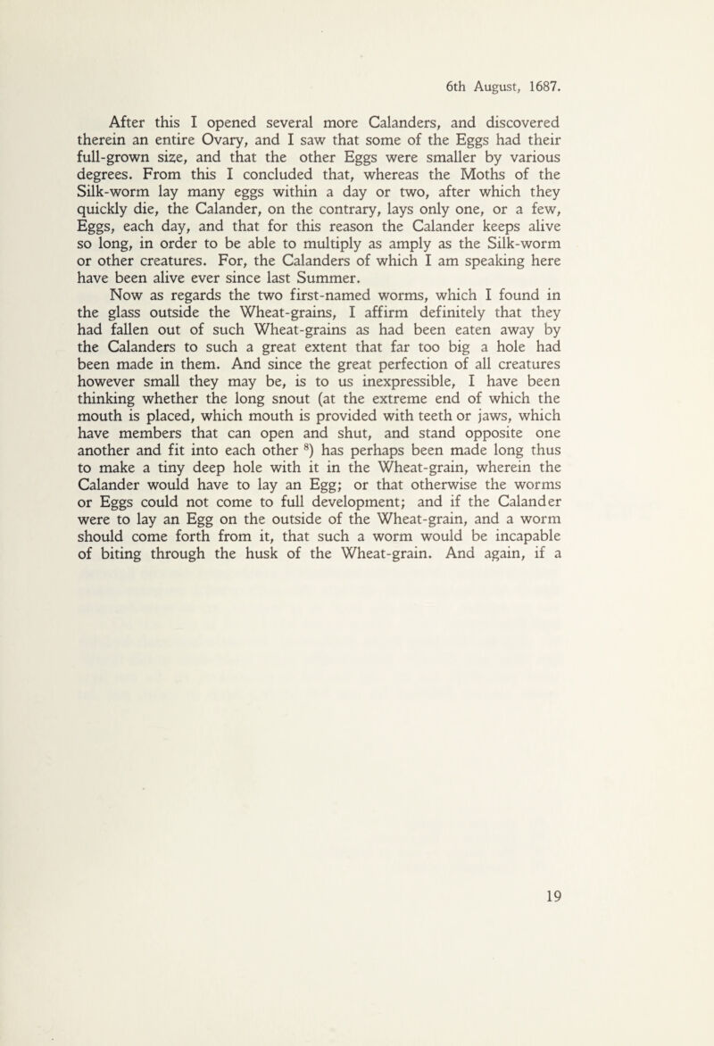 After this I opened several more Galanders, and discovered therein an entire Ovary, and I saw that some of the Eggs had their full-grown size, and that the other Eggs were smaller by various degrees. From this I concluded that, whereas the Moths of the Silk-worm lay many eggs within a day or two, after which they quickly die, the Calander, on the contrary, lays only one, or a few, Eggs, each day, and that for this reason the Calander keeps alive so long, in order to be able to multiply as amply as the Silk-worm or other creatures. For, the Calanders of which I am speaking here have been alive ever since last Summer. Now as regards the two first-named worms, which I found in the glass outside the Wheat-grains, I affirm definitely that they had fallen out of such Wheat-grains as had been eaten away by the Calanders to such a great extent that far too big a hole had been made in them. And since the great perfection of all creatures however small they may be, is to us inexpressible, I have been thinking whether the long snout (at the extreme end of which the mouth is placed, which mouth is provided with teeth or jaws, which have members that can open and shut, and stand opposite one another and fit into each other 8) has perhaps been made long thus to make a tiny deep hole with it in the Wheat-grain, wherein the Calander would have to lay an Egg; or that otherwise the worms or Eggs could not come to full development; and if the Calander were to lay an Egg on the outside of the Wheat-grain, and a worm should come forth from it, that such a worm would be incapable of biting through the husk of the Wheat-grain. And again, if a