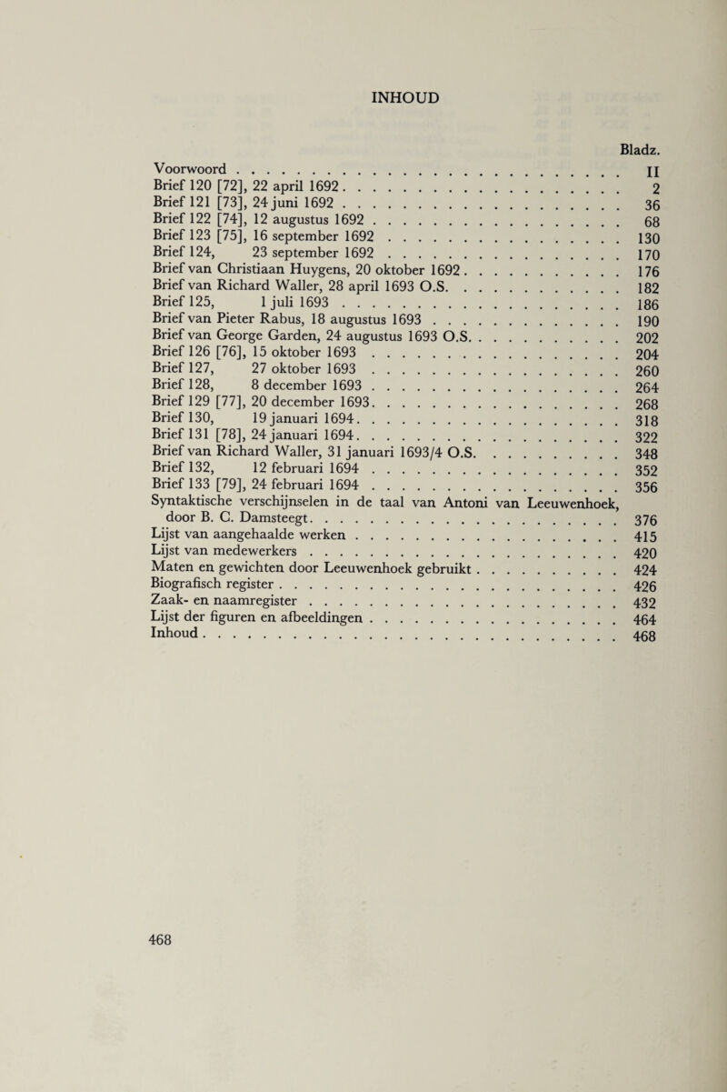INHOUD Bladz. Voorwoord. II Brief 120 [72], 22 april 1692.!!!!!!!!! 2 Brief 121 [73], 24 juni 1692 . 36 Brief 122 [74], 12 augustus 1692 . 68 Brief 123 [75], 16 september 1692 . 130 Brief 124, 23 september 1692 . 170 Brief van Christiaan Huygens, 20 oktober 1692. 176 Brief van Richard Waller, 28 april 1693 O.S.182 Brief 125, 1 juli 1693 . 186 Brief van Pieter Rabus, 18 augustus 1693 . 190 Brief van George Garden, 24 augustus 1693 O.S.202 Brief 126 [76], 15 oktober 1693 . 204 Brief 127, 27 oktober 1693 . 260 Brief 128, 8 december 1693 . 264 Brief 129 [77], 20 december 1693. 268 Brief 130, 19 januari 1694. 318 Brief 131 [78], 24 januari 1694. 322 Brief van Richard Waller, 31 januari 1693/4 O.S.348 Brief 132, 12 februari 1694 . 352 Brief 133 [79], 24 februari 1694 . 356 Syntaktische verschijnselen in de taal van Antoni van Leeuwenhoek, door B. C. Damsteegt.376 Lijst van aangehaalde werken.415 Lijst van medewerkers.420 Maten en gewichten door Leeuwenhoek gebruikt.424 Biografisch register.426 Zaak- en naamregister.432 Lijst der figuren en afbeeldingen.464 Inhoud.468
