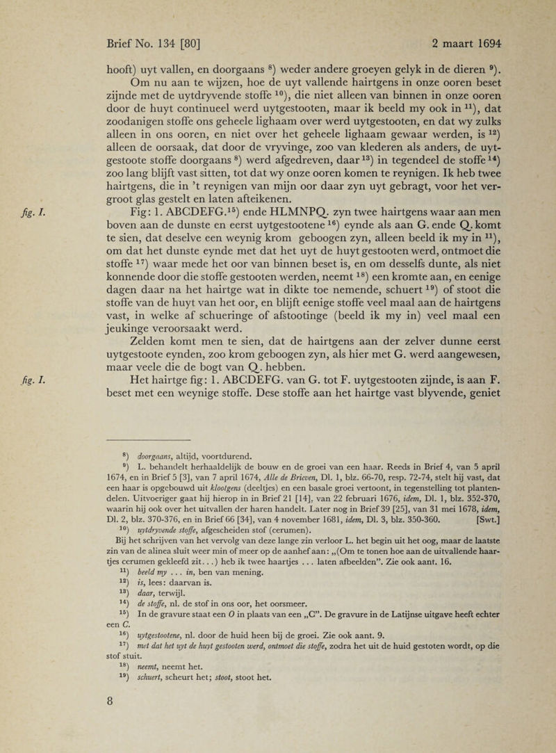 fig-1- fig. /. hooft) uyt vallen, en doorgaans 8) weder andere groeyen gelyk in de dieren 9). Om nu aan te wijzen, hoe de uyt vallende hairtgens in onze ooren beset zijnde met de uytdryvende stoffe 10), die niet alleen van binnen in onze ooren door de huyt continued werd uytgestooten, maar ik beeld my ook in n), dat zoodanigen stoffe ons geheele lighaam over werd uytgestooten, en dat wy zulks alleen in ons ooren, en niet over het geheele lighaam gewaar werden, is 12) alleen de oorsaak, dat door de vryvinge, zoo van klederen als anders, de uyt- gestoote stoffe doorgaans 8) werd afgedreven, daar13) in tegendeel de stoffe14) zoo lang blijft vast sitten, tot dat wy onze ooren komen te reynigen. Ik heb twee hairtgens, die in ’t reynigen van mijn oor daar zyn uyt gebragt, voor het ver¬ groot glas gestelt en laten afteikenen. Fig: 1. ABCDEFG.15) ende HLMNPQ. zyn twee hairtgens waar aan men boven aan de dunste en eerst uytgestootene 16) eynde als aan G. ende Q. komt te sien, dat deselve een weynig krom geboogen zyn, alleen beeld ik my in u), om dat het dunste eynde met dat het uyt de huyt gestooten werd, ontmoet die stoffe 17) waar mede het oor van binnen beset is, en om desselfs dunte, als niet konnende door die stoffe gestooten werden, neemt18) een kromte aan, en eenige dagen daar na het hairtge wat in dikte toe nemende, schuert19) of stoot die stoffe van de huyt van het oor, en blijft eenige stoffe veel maal aan de hairtgens vast, in welke af schueringe of afstootinge (beeld ik my in) veel maal een jeukinge veroorsaakt werd. Zelden komt men te sien, dat de hairtgens aan der zelver dunne eerst uytgestoote eynden, zoo krom geboogen zyn, als hier met G. werd aangewesen, maar veele die de bogt van Q. hebben. Het hairtge hg: 1. ABCDEFG. van G. tot F. uytgestooten zijnde, is aan F. beset met een weynige stoffe. Dese stoffe aan het hairtge vast blyvende, geniet 8) doorgaans, altijd, voortdurend. 9) L. behandelt herhaaldelijk de bouw en de groei van een haar. Reeds in Brief 4, van 5 april 1674, en in Brief 5 [3], van 7 april 1674, Alle de Brieven, Dl. 1, blz. 66-70, resp. 72-74, stelt hij vast, dat een haar is opgebouwd uit klootgens (deeltjes) en een basale groei vertoont, in tegenstelling tot planten¬ delen. Uitvoeriger gaat hij hierop in in Brief 21 [14], van 22 februari 1676, idem, Dl. 1, blz. 352-370, waarin hij ook over het uitvallen der haren handelt. Later nog in Brief 39 [25], van 31 mei 1678, idem, Dl. 2, blz. 370-376, en in Brief 66 [34], van 4 november 1681, idem, Dl. 3, blz. 350-360. [Swt.] 10) uytdryvende stoffe, afgescheiden stof (cerumen). Bij het schrijven van het vervolg van deze lange zin verloor L. het begin uit het oog, maar de laatste zin van de alinea sluit weer min of meer op de aanhef aan: „(Om te tonen hoe aan de uitvallende haar¬ tjes cerumen gekleefd zit. ..) heb ik twee haartjes ... laten afbeelden”. Zie ook aant. 16. n) beeld my ... in, ben van mening. 12) is, lees: daarvan is. 13) daar, terwijl. 14) de stoffe, nl. de stof in ons oor, het oorsmeer. 15) In de gravure staat een O in plaats van een „C”. De gravure in de Latijnse uitgave heeft echter een C. 16) uytgestootene, nl. door de huid heen bij de groei. Zie ook aant. 9. 17) met dat het uyt de huyt gestooten werd, ontmoet die stoffe, zodra het uit de huid gestoten wordt, op die stof stuit. 18) neemt, neemt het. 19) schuert, scheurt het; stoot, stoot het.