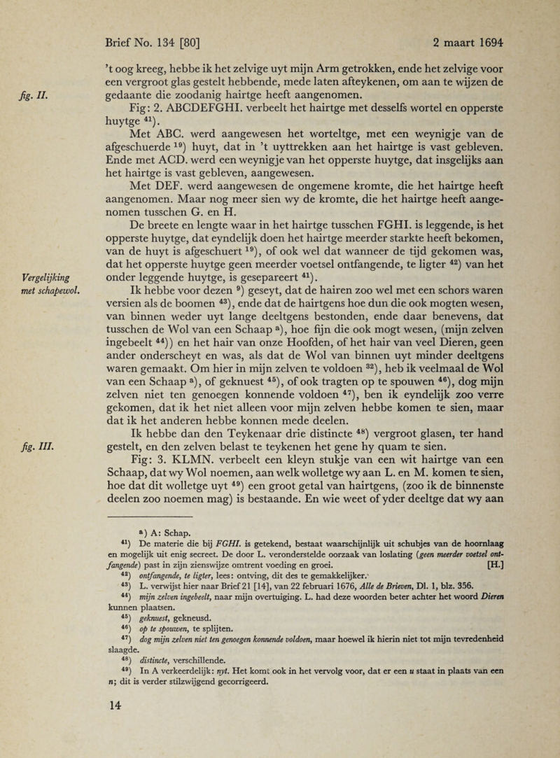 fig- II- Vergelijking met schapewol. fig- III- ’t oog kreeg, hebbe ik het zelvige uyt mijn Arm getrokken, ende het zelvige voor een vergroot glas gestelt hebbende, mede laten afteykenen, om aan te wijzen de gedaante die zoodanig hairtge heeft aangenomen. Fig: 2. ABCDEFGHI. verheelt het hairtge met desselfs wortel en opperste huytge 41). Met ABC. werd aangewesen het worteltge, met een weynigje van de afgeschuerde 19) huyt, dat in ’t uyttrekken aan het hairtge is vast gebleven. Ende met ACD. werd een weynigje van het opperste huytge, dat insgelijks aan het hairtge is vast gebleven, aangewesen. Met DEF. werd aangewesen de ongemene kromte, die het hairtge heeft aangenomen. Maar nog meer sien wy de kromte, die het hairtge heeft aange¬ nomen tusschen G. en H. De breete en lengte waar in het hairtge tusschen FGHI. is leggende, is het opperste huytge, dat eyndelijk doen het hairtge meerder starkte heeft bekomen, van de huyt is afgeschuert19), of ook wel dat wanneer de tijd gekomen was, dat het opperste huytge geen meerder voetsel ontfangende, te ligter 42) van het onder leggende huytge, is gesepareert 41). Ik hebbe voor dezen 9) geseyt, dat de hairen zoo wel met een schors waren versien als de boomen 43), ende dat de hairtgens hoe dun die ook mogten wesen, van binnen weder uyt lange deeltgens bestonden, ende daar benevens, dat tusschen de Wol van een Schaap a), hoe fijn die ook mogt wesen, (mijn zelven ingebeelt 44)) en het hair van onze Hoofden, of het hair van veel Dieren, geen ander onderscheyt en was, als dat de Wol van binnen uyt minder deeltgens waren gemaakt. Om hier in mijn zelven te voldoen 32), heb ik veelmaal de Wol van een Schaap a), of geknuest 45), of ook tragten op te spouwen 46), dog mijn zelven niet ten genoegen konnende voldoen 47), ben ik eyndelijk zoo verre gekomen, dat ik het niet alleen voor mijn zelven hebbe komen te sien, maar dat ik het anderen hebbe konnen mede deelen. Ik hebbe dan den Teykenaar drie distincte 48) vergroot glasen, ter hand gestelt, en den zelven belast te teykenen het gene hy quam te sien. Fig: 3. KLMN. verbeelt een kleyn stukje van een wit hairtge van een Schaap, dat wy Wol noemen, aan welk wolletge wy aan L. en M. komen te sien, hoe dat dit wolletge uyt 49) een groot getal van hairtgens, (zoo ik de binnenste deelen zoo noemen mag) is bestaande. En wie weet of yder deeltge dat wy aan a) A: Schap. 41) De materie die bij FGHI. is getekend, bestaat waarschijnlijk uit schubjes van de hoornlaag en mogelijk uit enig secreet. De door L. veronderstelde oorzaak van loslating (geen meerder voetsel ont¬ fangende) past in zijn zienswijze omtrent voeding en groei. [H.] 42) ontfangende, te ligter, lees: ontving, dit des te gemakkelijker. 43) L. verwijst hier naar Brief 21 [14], van 22 februari 1676, Alle de Brieven, Dl. 1, blz. 356. 44) mijn zelven ingebeelt, naar mijn overtuiging. L. had deze woorden beter achter het woord Dieren kunnen plaatsen. 45) geknuest, gekneusd. 46) op te spouwen, te splijten. 47) dog mijn zelven niet ten genoegen konnende voldoen, maar hoewel ik hierin niet tot mijn tevredenheid slaagde. 48) distincte, verschillende. 49) In A verkeerdelijk: nyt. Het komt ook in het vervolg voor, dat er een u staat in plaats van een n; dit is verder stilzwijgend gecorrigeerd.