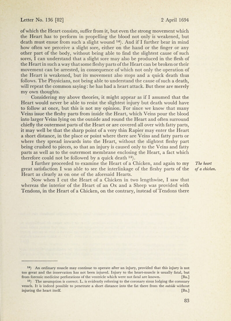 of which the Heart consists, suffer from it, but even the strong movement which the Heart has to perform in propelling the blood not only is weakened, but death must ensue from such a slight wound 14). And if I further bear in mind how often we perceive a slight sore, either on the hand or the finger or any other part of the body, without being able to find the slightest cause of such sores, I can understand that a slight sore may also be produced in the flesh of the Heart in such a way that some fleshy parts of the Heart can be broken or their movement can be arrested, in consequence of which not only the operation of the Heart is weakened, but its movement also stops and a quick death thus follows. The Physicians, not being able to understand the cause of such a death, will repeat the common saying: he has had a heart attack. But these are merely my own thoughts. Considering my above theories, it might appear as if I assumed that the Heart would never be able to resist the slightest injury but death would have to follow at once, but this is not my opinion. For since we know that many Veins issue the fleshy parts from inside the Heart, which Veins pour the blood into larger Veins lying on the outside and round the Heart and often surround chiefly the outermost parts of the Heart or are covered all over with fatty parts, it may well be that the sharp point of a very thin Rapier may enter the Heart a short distance, in the place or point where there are Veins and fatty parts or where they spread inwards into the Heart, without the slightest fleshy part being crushed to pieces, so that an injury is caused only to the Veins and fatty parts as well as to the outermost membrane enclosing the Heart, a fact which therefore could not be followed by a quick death 15). I further proceeded to examine the Heart of a Chicken, and again to my great satisfaction I was able to see the interlinkage of the fleshy parts of the Heart as clearly as on one of the aforesaid Hearts. Now when I cut the Heart of a Chicken in two lengthwise, I saw that whereas the interior of the Heart of an Ox and a Sheep was provided with Tendons, in the Heart of a Chicken, on the contrary, instead of Tendons there 14) An ordinary muscle may continue to operate after an injury, provided that this injury is not too great and the innervation has not been injured. Injury to the heart-muscle is usually fatal, but from forensic medicine perforations of the ventricle which were not fatal are known. [Ba.] 15) The assumption is correct. L. is evidently referring to the coronary sinus lodging the coronary vessels. It is indeed possible to penetrate a short distance into the fat there from the outside without injuring the heart itself. [Ba.] The heart of a chicken.