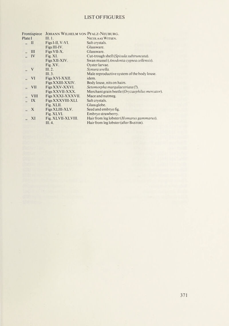 Frontispiece Johann Wilhelm von Pfalz-Neuburg. Plate I Ill. 1. NlCOLAAS WlTSEN. 91 II Figs I-II, V-VI. Salt crystals. Figs III-IV. Glassware. 99 III Figs VII-X. Glassware. 99 IV Fig. XI. Cut-trough shell (Spisula subtruncata). Figs XII-XIV. Swan mussel (Anodonta cygnea cellensis). Fig. XV. Oyster larvae. 99 V 111.2. Synura uvella. 111.3. Male reproductive system of the body louse. 99 VI FigsXVI-XXII. idem. FigsXXIII-XXIV. Body louse, nits on hairs. 99 VII Figs XXV-XXVI. Setomorpha margalaestriata (?). Figs XXVII-XXX. Merchant grain beetle (Oryzaephilus mercator). 91 VIII Figs XXXI-XXXVII. Mace and nutmeg. 99 IX Figs XXXVIII-XLI. Salt crystals. Fig. XLII. Glass globe. 99 X FigsXLIII-XLV. Seed and embryo fig. Fig. XLVI. Embryo strawberry. 99 XI Fig. XLVII-XLVIII. Hair from leg lobster (Homarns gammarus). 111.4. Hair from leg lobster (after Baster).