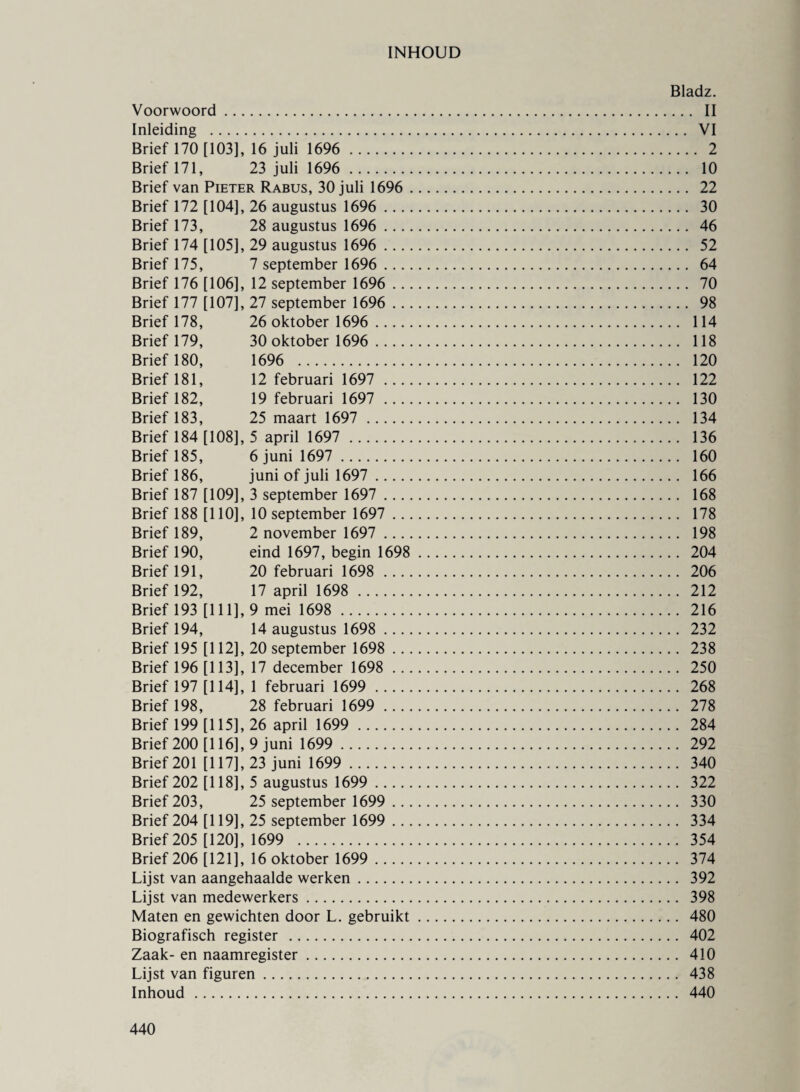 INHOUD Bladz. Voorwoord. II Inleiding . VI Brief 170 [103], 16 juli 1696 . 2 Brief 171, 23 juli 1696 . 10 Brief van Pieter Rabus, 30 juli 1696 . 22 Brief 172 [104], 26 augustus 1696 . 30 Brief 173, 28 augustus 1696 . 46 Brief 174 [105], 29 augustus 1696 . 52 Brief 175, 7 september 1696 . 64 Brief 176 [106], 12 september 1696 . 70 Brief 177 [107], 27 september 1696 . 98 Brief 178, 26 oktober 1696 . 114 Brief 179, 30 oktober 1696 . 118 Brief 180, 1696 . 120 Brief 181, 12 februari 1697 . 122 Brief 182, 19 februari 1697 . 130 Brief 183, 25 maart 1697 . 134 Brief 184 [108], 5 april 1697 . 136 Brief 185, 6 juni 1697 . 160 Brief 186, juni of juli 1697 . 166 Brief 187 [109], 3 september 1697 . 168 Brief 188 [110], 10 september 1697 . 178 Brief 189, 2 november 1697 . 198 Brief 190, eind 1697, begin 1698 . 204 Brief 191, 20 februari 1698 . 206 Brief 192, 17 april 1698 . 212 Brief 193 [111], 9 mei 1698 . 216 Brief 194, 14 augustus 1698 . 232 Brief 195 [112], 20 september 1698 . 238 Brief 196 [113], 17 december 1698 . 250 Brief 197 [114], 1 februari 1699 . 268 Brief 198, 28 februari 1699 . 278 Brief 199 [115], 26 april 1699 . 284 Brief 200 [116], 9 juni 1699 . 292 Brief 201 [117], 23 juni 1699 . 340 Brief 202 [118], 5 augustus 1699 . 322 Brief 203, 25 september 1699 . 330 Brief 204 [119], 25 september 1699 . 334 Brief 205 [120], 1699 . 354 Brief 206 [121], 16 oktober 1699 . 374 Lijst van aangehaalde werken. 392 Lijst van medewerkers. 398 Maten en gewichten door L. gebruikt. 480 Biografisch register . 402 Zaak- en naamregister. 410 Lijst van figuren. 438 Inhoud. 440