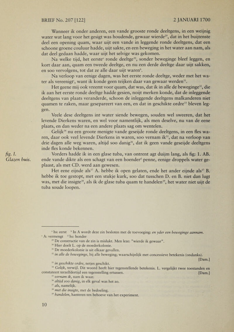 Wanneer ik onder anderen, een vande grooste ronde deeltgens, in een weijnig water wat lang voor het gesigt was houdende, gewaar wierde29, dat in het buijtenste deel een opening quam, waar uijt een vande in leggende ronde deeltgens, dat een schoone groene couluur hadde, uijt sakte, en een beweging in het water aan nam, als dat deel gedaan hadde, waar uijt het selvige was gekomen. Na welke tijd, het eerste3 ronde deeltge30, sonder beweginge bleef leggen, en kort daar aan, quam een tweede deeltge, en nu een derde deeltge daar uijt sakken, en soo vervolgens, tot dat ze alle daar uijt warenb. Na verloop van eenige dagen, was het eerste ronde deeltge, weder met het wa¬ ter als vereenigtc, want ik konde geen teijken daar van gewaar werden31. Het geene mij ook vreemt voor quam, dat was, dat ik in alle de beweginge32, die ik aan het eerste ronde deeltge hadde gesien, noijt merken konde, dat de inleggende deeltgens van plaats veranderde, schoon de inleggende deeltgens malkanderen niet quamen te raken, maar gesepareert van een, en dat in geschikte ordre33 bleven leg¬ gen. Veele dese deeltgens int water siende bewegen, souden wel sweeren, dat het levende Dierkens waren, en wel voor namentlijk, als men deselve, nu van de eene plaats, en dan weder na een andere plaats sag om wentelen. Gelijk34 nu een groote menigte vande geseijde ronde deeltgens, in een fles wa¬ ren, daar ook veel levende Dierkens in waren, soo vernam ik35, dat na verloop van drie dagen alle weg waren, altijd soo danig36, dat ik geen vande geseijde deeltgens inde fles konde bekennen. fig. I. Vorders hadde ik in een glase tuba, van ontrent agt duijm lang, als fig: 1. AB. Glazen buis. ende vande dikte als een schagt van een hoenderd penne, eenige droppels water ge- plaast, als met CD. werd aan gewesen. Het eene eijnde als37 A. hebbe ik open gelaten, ende het ander eijnde als37 B. hebbe ik toe gestopt, met een stukje kurk, soo dat tusschen D. en B. niet dan lugt was, met die insigte38, als ik de glase tuba quam te handelen39, het water niet uijt de tuba soude loopen. a hs: eerst b In A wordt deze zin besloten met de toevoeging: en yder een beweginge aannam. c A: vermengt d hs: honder 29 De constructie van de zin is mislukt. Men leze: ’’wierde ik gewaar”. 30 Hier doelt L. op de moederkolonie. 31 De moederkolonie is uit elkaar gevallen. 12 in alle de beweginge, bij alle beweging; waarschijnlijk met concessieve betekenis (ondanks). [Dam.] 33 in geschikte ordre, netjes geschikt. !4 Gelijk, terwijl. Dit woord heeft hier tegenstellende betekenis. L. vergelijkt twee toestanden en constateert terzelfdertijd een tegenstelling ertussen. [Dam.] 35 vernam ik, nam ik waar. 36 altijd soo danig, in elk geval was het zo. 37 als, namelijk. 38 met die insigte, met de bedoeling. 39 handelen, hanteren ten behoeve van het experiment.
