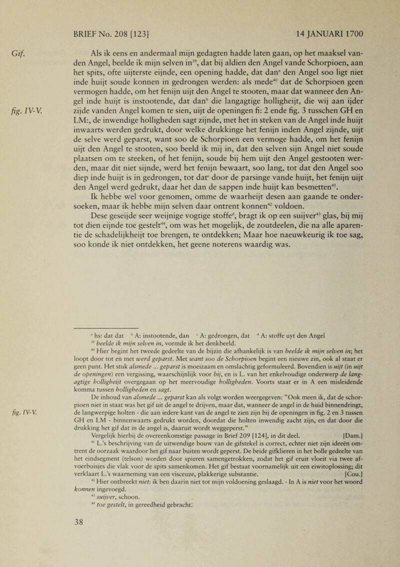 Gif. fig. IV-V. fig. iv-v. Als ik eens en andermaal mijn gedagten hadde laten gaan, op het maaksel van¬ den Angel, heelde ik mijn selven in39, dat bij aldien den Angel vande Schorpioen, aan het spits, ofte uijterste eijnde, een opening hadde, dat dan3 den Angel soo ligt niet inde huijt soude konnen in gedrongen werden: als mede40 dat de Schorpioen geen vermogen hadde, om het fenijn uijt den Angel te stooten, maar dat wanneer den An¬ gel inde huijt is instootende, dat danb die langagtige holligheijt, die wij aan ijder zijde vanden Angel komen te sien, uijt de openingen fi: 2 ende fig. 3 tusschen GH en LM:, de inwendige holligheden sagt zijnde, met het in steken van de Angel inde huijt inwaarts werden gedrukt, door welke drukkinge het fenijn inden Angel zijnde, uijt de selve werd geparst, want soo de Schorpioen een vermoge hadde, om het fenijn uijt den Angel te stooten, soo beeld ik mij in, dat den selven sijn Angel niet soude plaatsen om te steeken, of het fenijn, soude bij hem uijt den Angel gestooten wer¬ den, maar dit niet sijnde, werd het fenijn bewaart, soo lang, tot dat den Angel soo diep inde huijt is in gedrongen, tot datc door de parsinge vande huijt, het fenijn uijt den Angel werd gedrukt, daar het dan de sappen inde huijt kan besmetten41. Ik hebbe wel voor genomen, omme de waarheijt desen aan gaande te onder- soeken, maar ik hebbe mijn selven daar ontrent konnen42 voldoen. Dese geseijde seer weijnige vogtige stoffed, bragt ik op een suijver43 glas, bij mij tot dien eijnde toe gestelt44, om was het mogelijk, de zoutdeelen, die na alle aparen- tie de schadelijkheijt toe brengen, te ontdekken; Maar hoe naeuwkeurig ik toe sag, soo konde ik niet ontdekken, het geene noterens waardig was. a hs: dat dat b A: instootende, dan c A: gedrongen, dat d A: stoffe uyt den Angel 39 beelde ik mijn selven in, vormde ik het denkbeeld. 40 Hier begint het tweede gedeelte van de bijzin die afhankelijk is van beelde ik mijn selven in-, het loopt door tot en met werd geparst. Met want soo de Schorpioen begint een nieuwe zin, ook al staat er geen punt. Het stuk alsmede ... geparst is moeizaam en omslachtig geformuleerd. Bovendien is uijt (in uijt de openingen) een vergissing, waarschijnlijk voor bij, en is L. van het enkelvoudige onderwerp de lang¬ agtige holligheijt overgegaan op het meervoudige holligheden. Voorts staat er in A een misleidende komma tussen holligheden en sagt. De inhoud van alsmede ... geparst kan als volgt worden weergegeven: ”Ook meen ik, dat de schor¬ pioen niet in staat was het gif uit de angel te drijven, maar dat, wanneer de angel in de huid binnendringt, de langwerpige holten - die aan iedere kant van de angel te zien zijn bij de openingen in fig. 2 en 3 tussen GH en LM - binnenwaarts gedrukt worden, doordat die holten inwendig zacht zijn, en dat door die drukking het gif dat in de angel is, daaruit wordt weggeperst.” Vergelijk hierbij de overeenkomstige passage in Brief 209 [124], in dit deel. [Dam.] 41 L.’s beschrijving van de uitwendige bouw van de gifstekel is correct, echter niet zijn ideeën om¬ trent de oorzaak waardoor het gif naar buiten wordt geperst. De beide gifklieren in het bolle gedeelte van het eindsegment (telson) worden door spieren samengetrokken, zodat het gif eruit vloeit via twee af- voerbuisjes die vlak voor de spits samenkomen. Het gif bestaat voornamelijk uit een eiwitoplossing; dit verklaart L.’s waarneming van een visceuze, plakkerige substantie. [Cou.] 42 Hier ontbreekt niet: ik ben daarin niet tot mijn voldoening geslaagd. - In A is niet voor het woord konnen ingevoegd. 43 suijver, schoon. 44 toe gestelt, in gereedheid gebracht.