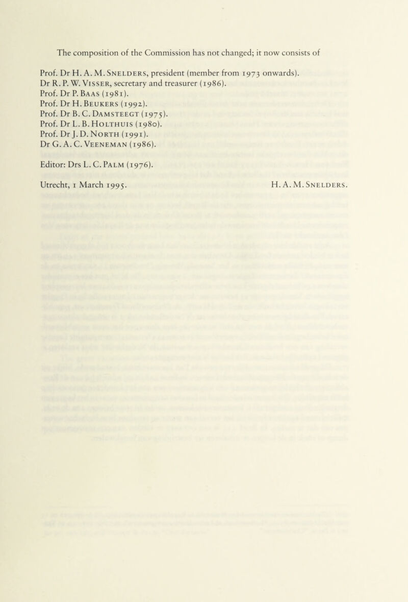 The composition of the Commission has not changed; it now consists of Prof. Dr H. A. M. Snelders, president (member from 1973 onwards). Dr R. P. W. Visser, secretary and treasurer (1986). Prof. Dr P. Baas (1981). Prof. Dr H. Beukers (1992). Prof. Dr B. C. Damsteegt (1975). Prof. Dr L. B. Holthuis (1980). Prof. Dr J. D. North (1991). Dr G. A. C. Veeneman (1986). Editor: Drs L. C. Palm (1976). Utrecht, 1 March 1995. H. A. M. Snelders.