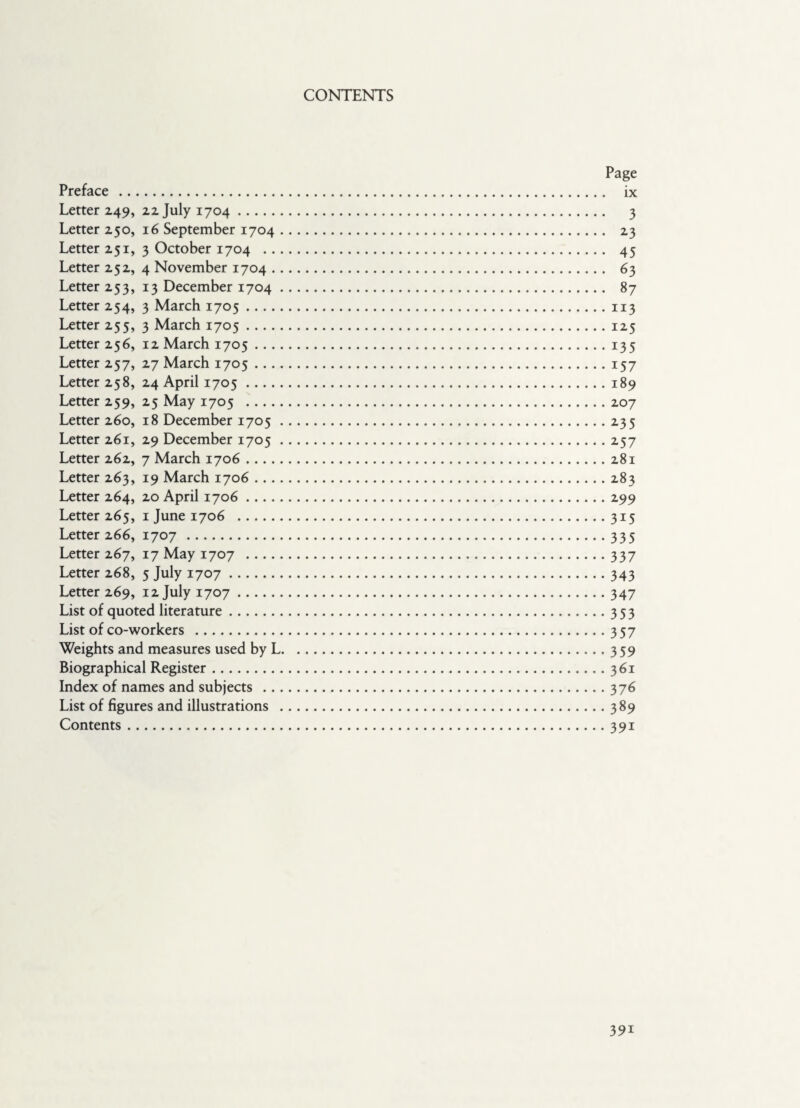 CONTENTS Page Preface . ix Letter 249, 22 July 1704. 3 Letter 250, 16 September 1704. 23 Letter 251, 3 October 1704 . 45 Letter 252, 4 November 1704. 63 Letter 253, 13 December 1704. 87 Letter 254, 3 March 1705.113 Letter 255, 3 March 1705.125 Letter 256, 12 March 1705.135 Letter 257, 27 March 1705.157 Letter 258, 24 April 1705.189 Letter 259, 25 May 1705 .207 Letter 260, 18 December 1705.235 Letter 261, 29 December 1705.257 Letter 262, 7 March 1706.281 Letter 263, 19 March 1706.283 Letter 264, 20 April 1706.299 Letter 265, 1 June 1706 .315 Letter 266, 1707 .335 Letter 267, 17 May 1707 .337 Letter 268, 5 July 1707.343 Letter 269, 12 July 1707.347 List of quoted literature.353 List of co-workers .357 Weights and measures used by L.359 Biographical Register.361 Index of names and subjects .376 List of figures and illustrations .389 Contents.391