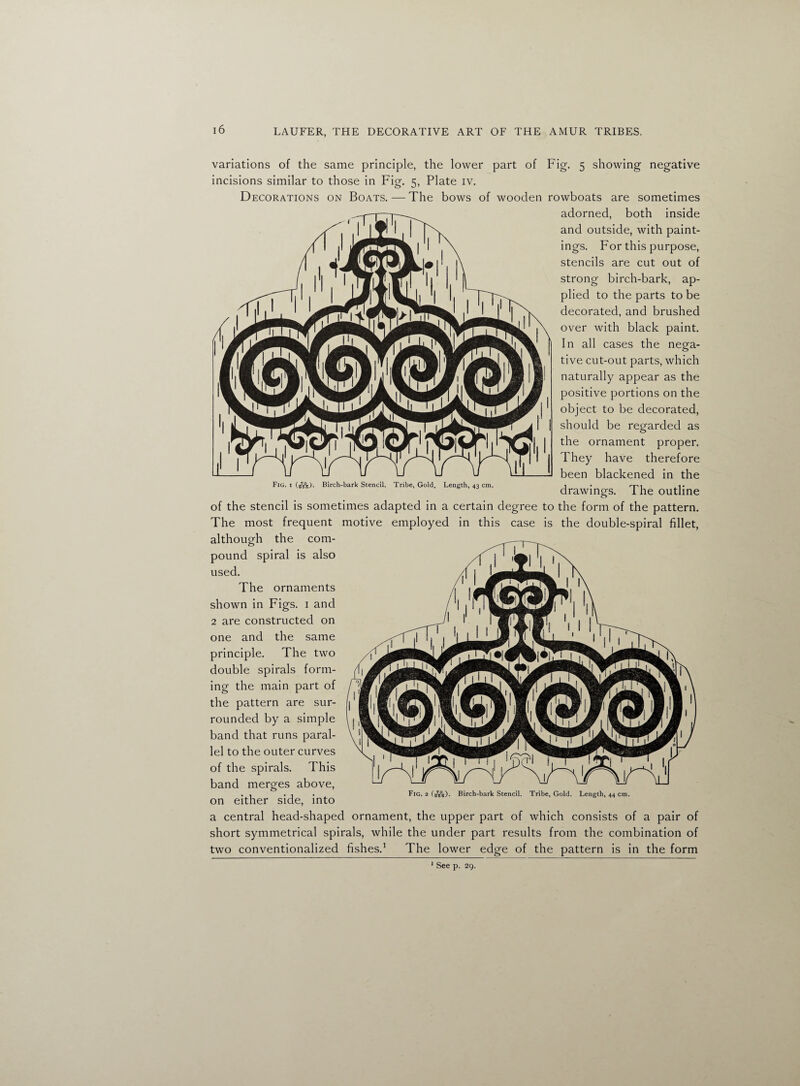 variations of the same principle, the lower part of Fig. 5 showing negative incisions similar to those in Fig. 5, Plate iv. Decorations on Boats.—The bows of wooden rowboats are sometimes adorned, both inside and outside, with paint¬ ings. For this purpose, stencils are cut out of strong birch-bark, ap¬ plied to the parts to be decorated, and brushed over with black paint. In all cases the nega¬ tive cut-out parts, which naturally appear as the positive portions on the object to be decorated, should be regarded as the ornament proper. They have therefore been blackened in the drawings. The outline of the stencil is sometimes adapted in a certain degree to the form of the pattern. The most frequent motive employed in this case is the double-spiral fillet, although the com- pound spiral is also used. The ornaments shown in Figs. 1 and 2 are constructed on one and the same principle. The two double spirals form¬ ing the main part of the pattern are sur¬ rounded by a simple band that runs paral¬ lel to the outer curves of the spirals. This band merges above, . * • 1 . Fig. 2 (bV°b). Birch-bark Stencil. Tribe, Gold. Length, 44 cm. on either side, into a central head-shaped ornament, the upper part of which consists of a pair of short symmetrical spirals, while the under part results from the combination of two conventionalized fishes.1 The lower edge of the pattern is in the form Fig. i (sVb)* Birch-bark Stencil. Tribe, Gold. Length, 43 cm. 1 See p. 29.
