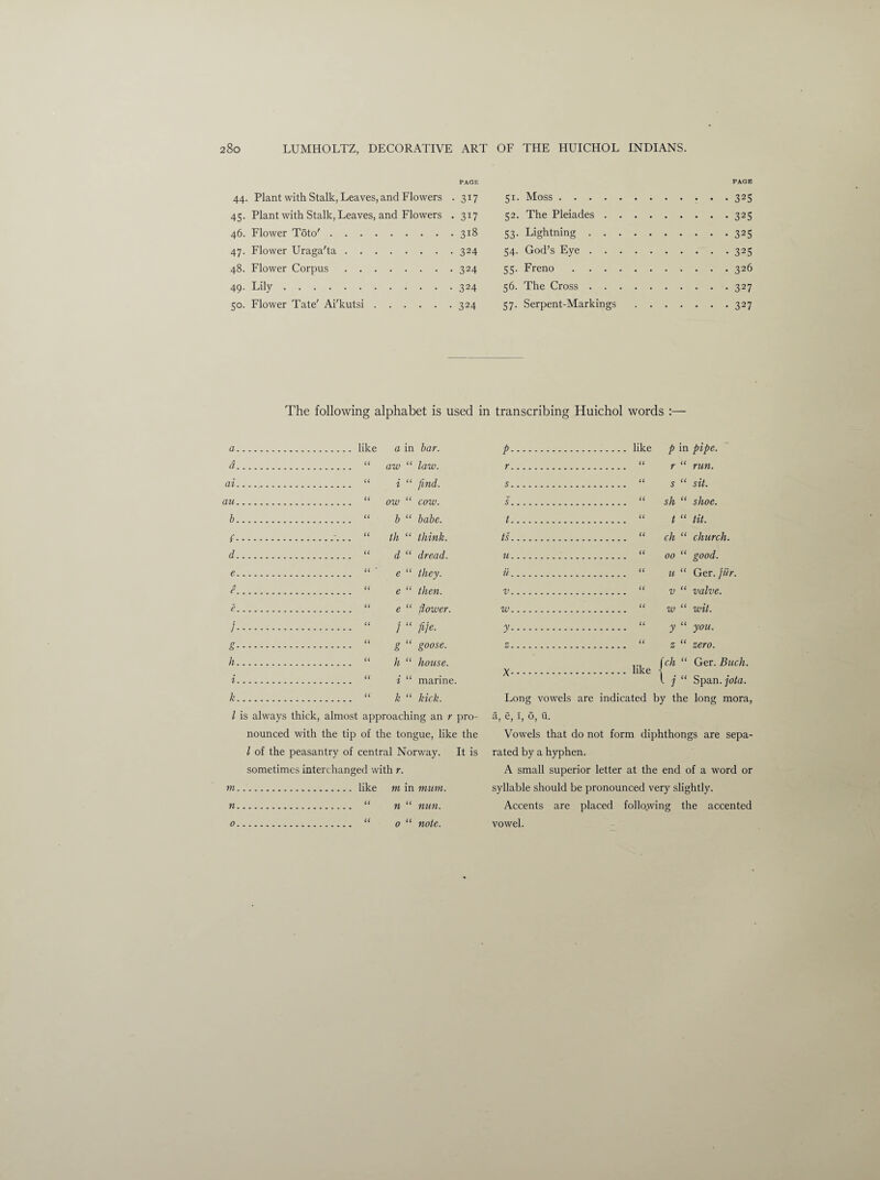 PAGE 44. Plant with Stalk, Leaves, and Flowers . 317 45. Plant with Stalk, Leaves, and Flowers . 317 46. Flower Toto'.318 47. Flower Uraga'ta.324 48. Flower Corpus.324 49- Lily.324 50. Flower Tate' Ai'kutsi.324 PAGE Si- Moss.325 52. The Pleiades.325 53. Lightning.325 54. God’s Eye.325 55. Freno.326 56. The Cross.327 57. Serpent-Markings.327 The following alphabet is used in transcribing Huichol words :— a.like a in bar. d. “ aw “ law. ai.. “ i “ find. au. “ ow “ cow. b. “ b “ babe. (.\“ th “ think. d. “ d “ dread. e. “ ' e “ they. e. “ e “ then. e. “ e “ fiower. /. “ / “ file- g. “ g “ goose. h. “ h “ house. i. “ i “ marine. k. “ k “ kick. I is always thick, almost approaching an r pro¬ nounced with the tip of the tongue, like the l of the peasantry of central Norway. It is sometimes interchanged with r. m.like m in mum. n. “ n “ nun. 0. “ 0 “ note. p.like p in pipe. r. “ r “ run. s. “ s “ sit. s. “ sh “ shoe. t. “ t “ tit. ts. “ ch “ church. u. “ 00 “ good. u. “ u“ Ger. jiir. v. “ v “ valve. w. “ w “ wit. y. “ y “ you. z. “ z “ zero. ... (ch “ Ger. Buch. X.like \ l j Span. jota. Long vowels are indicated by the long mora, a, e, I, o, u. Vowels that do not form diphthongs are sepa¬ rated by a hyphen. A small superior letter at the end of a word or syllable should be pronounced very slightly. Accents are placed follo.wing the accented vowel.