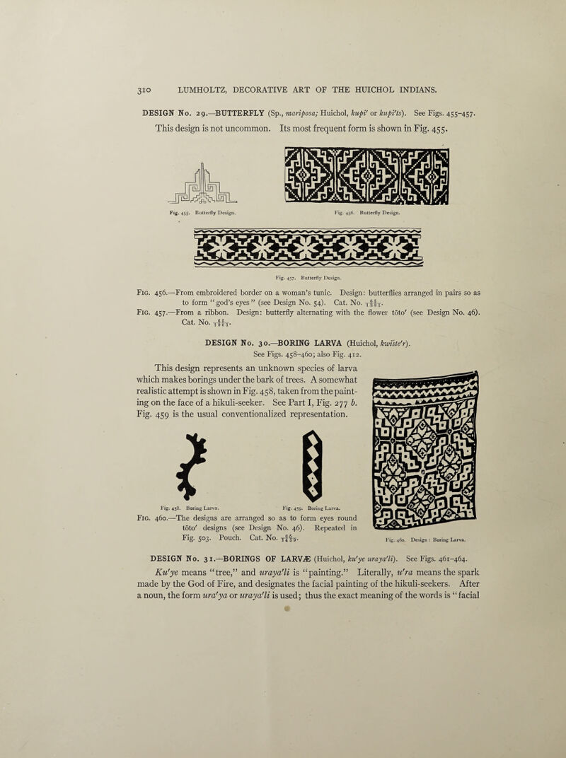 DESIGN No. 29.—BUTTERFLY (Sp., mariposa; Iluichol, kupi' or kupi'ls). See Figs. 455-457. This design is not uncommon. Its most frequent form is shown in Fig. 455. Fig. 455. Butterfly Design. Fig. 456. Butterfly Design. Fig. 457. Butterfly Design. Fig. 456.—From embroidered border on a woman’s tunic. Design: butterflies arranged in pairs so as to form “god’s eyes” (see Design No. 54). Cat. No. yH,. Fig. 457.—From a ribbon. Design: butterfly alternating with the flower toto' (see Design No. 46). Cat. No. y-ffy. DESIGN No. 30.—BORING LARVA (Huichol, kwfste'r). See Figs. 458-460; also Fig. 412. This design represents an unknown species of larva which makes borings under the bark of trees. A somewhat realistic attempt is shown in Fig. 458, taken from the paint¬ ing on the face of a hikuli-seeker. See Part I, Fig. 277 b. Fig. 459 is the usual conventionalized representation. Fig. 458. Boring Larva. Fig. 459. Boring Larva. Fig. 460.—The designs are arranged so as to form eyes round toto' designs (see Design No. 46). Repeated in Fig. 503. Pouch. Cat. No. yffy. Fig. 460. Design : Boring Larva. DESIGN No. 31.-—BORINGS OF LARVAE (Huichol, ku'ye uraya'li). See Figs. 461-464. Ku'ye means “tree,” and uraya'li is “painting.” Literally, u'ra means the spark made by the God of Fire, and designates the facial painting of the hikuli-seekers. After a noun, the form ura'ya or uraya'li is used; thus the exact meaning of the words is “ facial