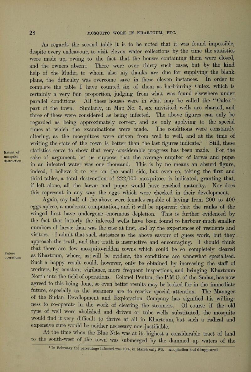 Extent of mosquito destruction Future operations As regards the second table it is to be noted that it was found impossible, despite every endeavour, to visit eleven water collections by the time the statistics were made up, owing to the fact that the houses containing them were closed, and the owners absent. There were over thirty such cases, but by the kind help of the Mudir, to whom also my thanks are due for supplying the blank plans, the difficulty was overcome save in these eleven instances. In order to complete the table I have counted six of them as harbouring Culex, which is certainly a very fair proportion, judging from what was found elsewhere under parallel conditions. All these houses were in what may be called the “ Culex ” part of the town. Similarly, in Map No. 3, six unvisited wells are charted, and three of these were considered as being infected. The above figures can only be regarded as being approximately correct, and as only applying to the special times at which the examinations were made. The conditions were constantly altering, as the mosquitoes were driven from well to well, and at the time of writing the state of the town is better than the last figures indicate.1 Still, these statistics serve to show that very considerable progress has been made. For the sake of argument, let us suppose that the average number of larvae and pupae in an infected water was one thousand. This is by no means an absurd figure, indeed, I believe it to err on the small side, but even so, taking the first and third tables, a total destruction of 222,000 mosquitoes is indicated, granting that, if left alone, all the larvae and pupae would have reached maturity. Nor does this represent in any way the eggs which were checked in their development. Again, say half of the above were females capable of laying from 200 to 400 eggs apiece, a moderate computation, and it will be apparent that the ranks of the winged host have undergone enormous depletion. This is further evidenced by the fact that latterly the infected wells have been found to harbour much smaller numbers of larvae than was the case at first, and by the experiences of residents and visitors. I admit that such statistics as the above savour of guess work, but they approach the truth, and that truth is instructive and encouraging. I should think that there are few mosquito-ridden towns which could be so completely cleared as Khartoum, where, as will be evident, the conditions are somewhat specialised. Such a happy result could, however, only be obtained by increasing the staff of workers, by constant vigilance, more frequent inspections, and bringing Khartoum North into the field of operations. Colonel Penton, the P.M.O. of the Sudan, has now agreed to this being done, so even better results may be looked for in the immediate future, especially as the steamers are to receive special attention. The Manager of the Sudan Development and Exploration Company has signified his willing¬ ness to co-operate in the work of clearing the steamers. Of course if the old type of well were abolished and driven or tube wells substituted, the mosquito would find it very difficult to thrive at all in Khartoum, but such a radical and expensive cure would be neither necessary nor justifiable. At the time when the Blue Nile was at its highest a considerable tract of land to the south-west of the town was submerged by the dammed up waters of the In February the percentage infected was 10’4, in March only 9'5. Anophelina had disappeared