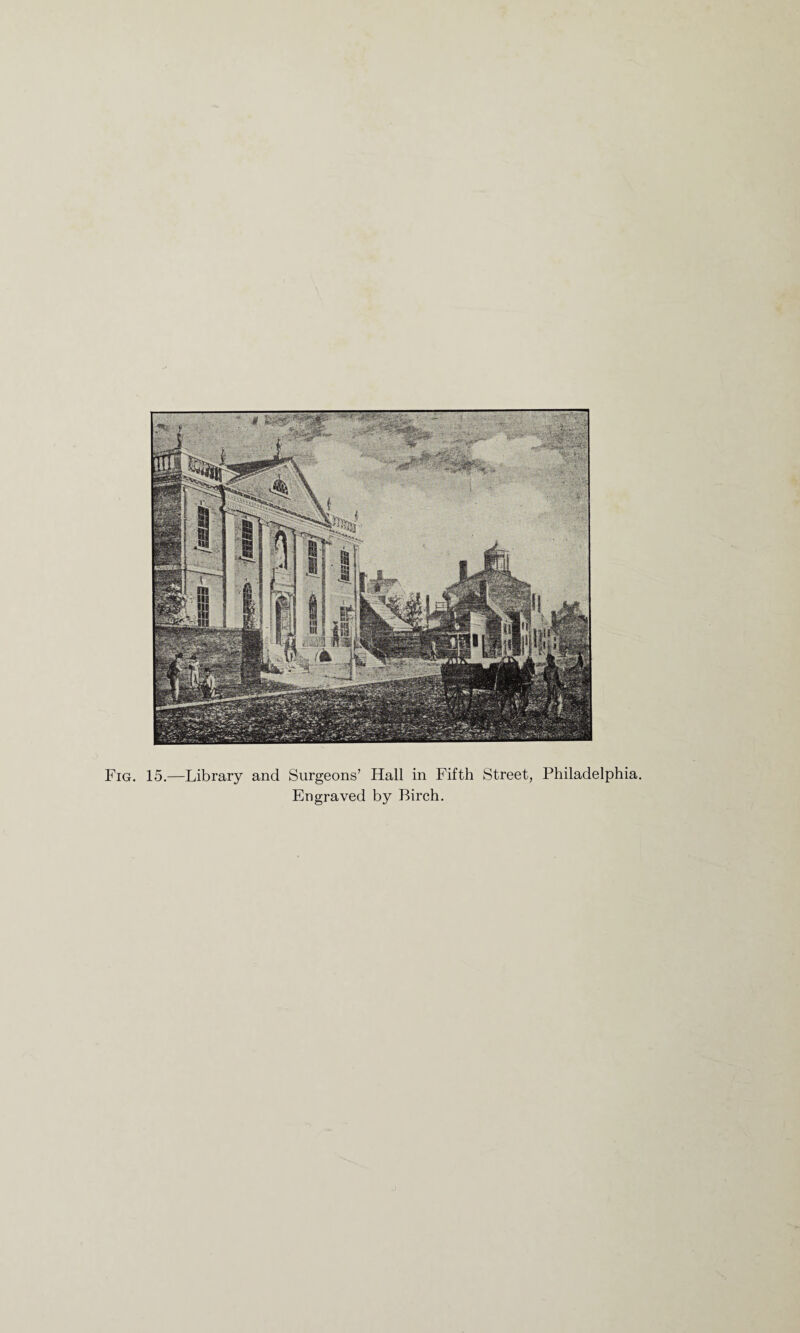 Fig. 15.—Library and Surgeons’ Hall in Fifth Street, Philadelphia. Engraved by Birch.