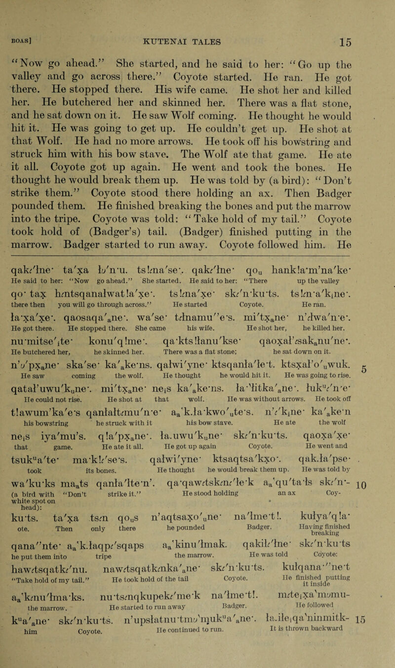 “ Now go ahead.” She started, and he said to her: “ Go up the valley and go across there.” Coyote started. He ran. He got there. He stopped there. His wife came. He shot her and killed her. He butchered her and skinned her. There was a flat stone, and he sat down on it. He saw Wolf coming. He thought he would hit it. He was going to get up. He couldn’t get up. He shot at that Wolf. He had no more arrows. He took off his bowstring and struck him with his bow stave. The Wolf ate that game. He ate it all. Coyote got up again. He went and took the bones. He thought he would break them up. He was told by (a bird): “ Don’t strike them.” Coyote stood there holding an ax. Then Badger pounded them. He finished breaking the bones and put the marrow into the tripe. Coyote was told: “Take hold of my tail.” Coyote took hold of (Badger’s) tail. (Badger) finished putting in the marrow. Badger started to run away. Coyote followed him. He qak^'lne' ta'xa h/n*u. ts!ma'se\ qak/lne* qou hankla’m’na'ke* He said to her: “Now go ahead.” She started. He said to her: “There up the valley qcr tax hmtsqanalwat!a'xe\ tskna'xe* sk/n'ku’ts. tslm'a'kine*. there then you will go through across.” He started Coyote. He ran. la*xa'xe\ qaosaqa'ane\ wa'se* tffnamu'Vs. mi'txane' n’ffwa'ire*. He got there. He stopped there. She came his wife. He shot her, he killed her. nu’mitsehte* konu'q!me\ qa’ktsllanu'kse* qaoxal’;sakanu'ne\ He butchered her, he skinned her. There was a flat stone; he sat down on it. nVpxane‘ ska'se* ka'ake*ns. qalwi'yne’ ktsqanla'le’t. ktsxal’o'uwuk. He saw coming the wolf. He thought he would hit it. He was going to rise. qatal’uwu'kune\ mi'txane‘ neiS ka'akems. la'iitka'ane\ lukVire' lie could not rise. He shot at that wolf. He was without arrows. He took off tlawum’kaVs qanlaltrniu'ire' aa'k.la’kwo'ute’s. nT^ne* ka'ake’n his bowstring he struck with it his bow stave. He ate the wolf neiS that iya'mu’s. q!a'pxane\ la.uwu'kune* sk/n'ku'ts. qaoxa'xe* He got up again Coyote. He went and game. He ate it all. tsukua'te* ma'kk'se-s. qalwi'yne* ktsaqtsa'kxo\ qak.la'pse- took its bones. He thought he would break them up. He was told by wa'ku’ks maats qanla'ltem’. qa’qawctskcmffe'k aa'qu'ta*ls skr'n*- (a bird with “Don’t strike it.” white spot on head) kirts. ote. ‘Don’t ta'xa Then He stood holding an ax tsm only qous there tripe qana”nte* aa'k.laqp^'sqaps he put them into haw^tsqatk^'nu. “Take hold of my tail.” n’aqtsaxo'une* na'lme't!. he pounded Badger. aa'kinu'lmak. qakik'lne' the marrow. He was told naw^tsqatkmka'aiie' sk^'n-kirts. He took hold of the tail Coyote. aa'kmu'lma’ks. the marrow. kua' ane- him nu ‘tsmqkupek^'me ‘k na'lme't!. He started to run away Badger. s k^' n ‘ ku ■ t s. n ’ u psl a t nu • t mT mu ku a 'ane \ Coyote. He continued to run. Coy- kulya'qla* Having finished breaking sk^'n*kirts Coyote: ku^ana'^neff He finished putting it inside nkteiXa'mymu- He followed la.ileiqa'ninmitk- 15 It is thrown backward