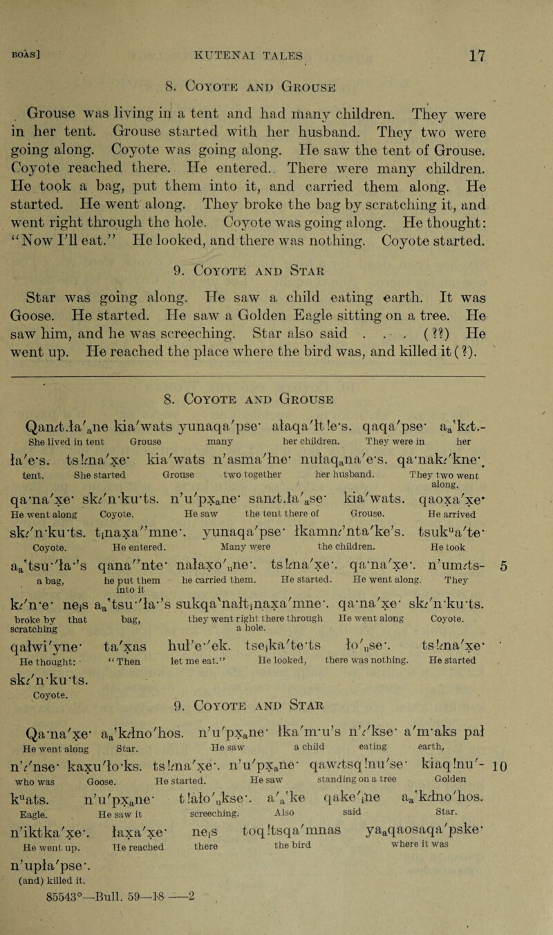 8. Coyote and Geouse i Grouse was living in a tent and had many children. They were in her tent. Grouse started with her husband. They two were going along. Coyote was going along. He saw the tent of Grouse. Coyote reached there. He entered.. There were many children. He took a bag, put them into it, and carried them along. He started. He went along. They broke the bag by scratching it, and went right through the hole. Coyote was going along. He thought: “Now I’ll eat.” He looked, and there was nothing. Coyote started. 9. Coyote and Stak Star was going along. He saw a child eating earth. It was Goose. He started. He saw a Golden Eagle sitting on a tree. He saw him, and he was screeching. Star also said . . . (??) He went up. He reached the place where the bird was, and killed it (?). 8. Coyote and Gkouse Qamt.la'ane kia'wats yunaqa'pse* alaqa'lt!e*s. qaqa'pse* aa'kh.- She lived in tent Grouse many her children. They were in her la'e*s. tslma'xe* kia'wats n’asma'lne* nulaqana'e*s. qamakdkne*. tent. She started Grouse two together her husband. They two went l along. qama'xe* skdn*ku*ts. n’u'pxane* samt.fa'ase* kia'wats. qaoxa'xe* He went along Coyote. He saw the tent there of Grouse. He arrived skdirku’ts. tinaxa”mne\ yunaqa'pse* Ikamm’nta'ke’s. tsukva'te* Coyote. He entered. Many were the children. He took aa'tsu*'la*’s qana”nte* nalaxo'une*. tslma'xe*. qama'xe’. n’urmts- a bag, he put them he carried them. He started. He went along. They into it kdn*e* neis aa'tsu*'la*’s sukqa'naltinaxa'mne*. qama'xe* sk/n*ku*ts. broke by that bag, they went right there through He went along Coyote, scratching a hole. qalwi'yne1 ta'xas He thought: ■ “Then hulV'ek. tsejka'te'ts lo'use\ tslma'xe* let me eat.” fie looked, there was nothing. He started 5 skdn’ku'ts. Coyote. 9. Coyote and Star Qama'xe* a^kdno'hos. n’u'pxane* lka'm*u’s nh'kse* a'nraks pal He went along Star. He saw a child eating earth, nYnse* kaxu'lo*ks. tslma'xe*. n’u'pxane* qaw^tsqlnu'se* kiaqlnu'- io who was Goose. He started. He saw standing on a tree Golden kuats. n’u'pxane* t!alo'ukse*. a'a'ke qake'ilie aa kdno'hos. Eagle. He saw it screeching. Also said Star. n’iktka'xe*. He went up. laxa'xe* He reached neiS toqltsqa'mnas there the bird yaaqaosaqa'pske* where it was n’upla'pse*. (and) killed it. 85543°- -Bull. 59—18 - 2 •