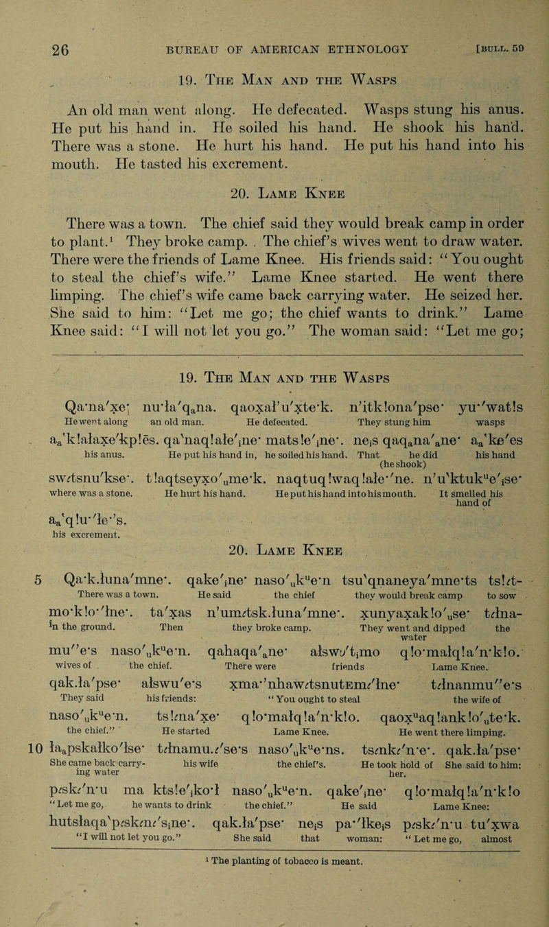 19. The Man and the Wasps An old man went along. He defecated. Wasps stung his anus. He put his hand in. He soiled his hand. He shook his hand. There was a stone. He hurt his hand. He put his hand into his mouth. He tasted his excrement. 20. Lame Knee There was a town. The chief said they would break camp in order to plant.1 * * * 5 * * * * 10 They broke camp. , The chief’s wives went to draw water. There were the friends of Lame Knee. His friends said: “ You ought to steal the chief’s wife.” Lame Knee started. He went there limping. The chief’s wife came back carrying water. He seized her. She said to him: “Let me go; the chief wants to drink.” Lame Knee said: “I will not let you go.” The woman said: “Let me go; 19. The Man and the Wasps Qama'xe; nu‘la'qana. qaoxal’u'xte'k. n’itklona'pse' ym'watls He went along an old man. He defecated. They stung him wasps aa'klalaxe'kples. qahiaqlale'ine' matsle^ne’. nejs qaqana'ane* aa'ke'es his anus. He put his hand in, he soiled his hand. That he did his hand (he shook) swhsnu'kse’. t laqtseyxoLme'k. naqtuq!waq!ale“ne. n’u'ktukue/ise* where was a stone. He hurt his hand. Heputhishandintohismouth. It smelled his hand of aa'qhrTe’’s. his excrement. 20. Lame Knee 5 Qa'k.hma'mne’. qake'jne* nasoLk’Vn tsu'qnaneya'mne'ts tsht- There was a town. He said the chief they would break camp to sow mo’k!o-Tne\ ta'xas n’uimtsk.luna'mne*. xunyaxak!o'use* tdna- 1u the ground. Then they broke camp. They went and dipped the water mu”e’s naso'uk^'n. qahaqa'ane alswdtjmo qlo'malqla'irklo. wives of the chief. There were friends Lame Knee. qak.ki/pse* alswuVs xma^nhaw^snutEm/lne* tdnanmu'Vs They said his friends: “You ought to steal the wife of nasoVlde'n. tslma'xe* qlo'malqla'n'klo. qaoxuaq!ank!o'ute*k. the chief.” He started Lame Knee. He went there limping. 10 laapskalko'lse1 tdnamu.dse*s naso'ukuems. tsmkdme\ qak.la'psc She came back carry- his wife the chief’s. He took hold of She said to him: mg water her. p^skdmu ma ktsle'jkoT naso'ukuem. qake'me- q!o-malq!aTrk!o “Let me go, he wants to drink the chief.” He said Lame Knee: hutslaqa'p^sknWsjLie*. qak.la'pse* ne^s pa^lkeis p^skdmu tu'xwa “I will not let you go.” She said that woman: “ Let me go, almost 1 The planting of tobacco is meant.