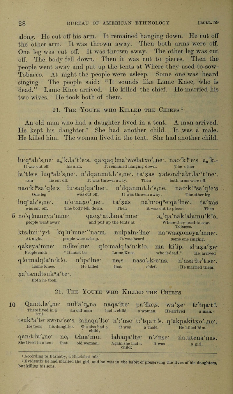 along. He cut off his arm. It remained hanging down. He cut off the other arm. It was thrown away. Then both arms were off. One leg was cut off. It was thrown away. The other leg was cut off. The body fell down. Then it was cut to pieces. Then the people went away and put up the tents at Where-they-used-to-sow- Tobacco. At night the people were asleep. Some one was heard singing. The .people said: “It sounds like Lame Knee7 who is dead.” Lame Knee arrived. He killed the chief. He married his two wives. He took both of them. 21. The Youth who Killed the Chiefs 1 An old man who had a daughter lived in a tent. A man arrived. He kept his daughter.2 She had another child. It was a male. He killed him. The woman lived in the tent. She had another child. lu'quah/sine' aa'k.la't!e*s. qa-qaq !ma'w^slatxo'une\ nao'k!ue-s aa'k.- It was cut off his arm. It remained hanging down. The - other la'tle's luquah/sine‘. nblqanimt.b'sine*. ta'xas xatsmd'akt.la'T !ne*. arm he cut off. It was thrown away. Then both arms were oil. nao*k!usa'q!e*s hrsaq!qa'lne\ n’ffqanimt.h'sine. nao-k!usa'q!e*s One leg was cut off. It was thrown away. The other leg luquah'Sine‘. n’o'naxo'une-. ta'xas na'n'oque’qaTne\ ta'xas was cut off. The body fell down. Then it was cut to pieces. Then 5 no'qlnaneya'mne- qaoxuat.lana'mne- aa'qabiak!alamu'k!o. people went away and put up the tents at Where-they-used-to-sow- Tobacco. na'wasxoneya nine*. some one singing. ma ki'ip. sbaxa'xe* who is dead.” He arrived ktsffmr'yff kq!uTime-'Jna-m. nulpalm'lne' At night people were asleep. It was heard qakeya'mne* mlkebne' q!oTnalq!aTrk!o. People said: “Itmust be Lame Knee q!o-malq!aTrk!o. n’ip/lne* ne^s naso'ukuems. n’asadt/t.se*. Lame Knee. He killed that chief. 1 He married them. xa'tsuultsukua'te-. Both he took. 21. The Youth who Killed the Chiefs 10 Qamt.la'ane- nulVqana naqaTte* paTkejS. wa'xe* t/tqa*t!. an old man had a child a woman. He arrived There lived in a tent a man. tsukua'te* swm/se*s. lahaqa'lte* nYnse* L'tqa*t!s. qlakpakitxoYne-. He took his daughter. She also had a it was a male. He killed him. child, qamt.la'ane- nei tdna'mu. lahaqa'lte* nb'nse* na.utena'nas. She lived in a tent that old woman. Again she had a it was a girl child: 1 According to Barnaby, a Blackfoot tale.’ 2 Evidently he had married the girl, and he was in the habit of preserving the lives of his daughters, but killing his sons.