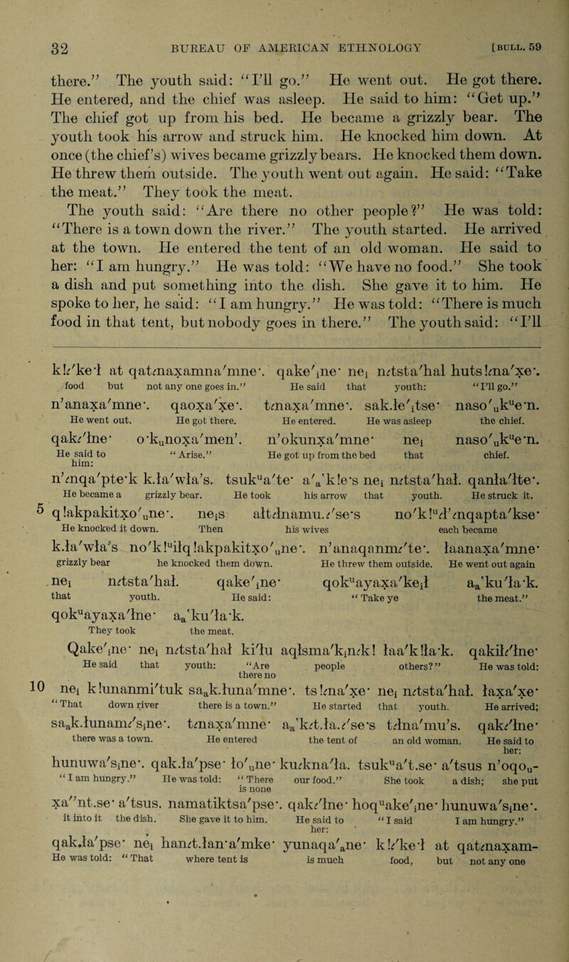 there.” The youth said: “Til go.” He went out. He got there, hie entered, and the chief was asleep. He said to him: “Get up.” The chief got up from his bed. He became a grizzly bear. The youth took his arrow and struck him. He knocked him down. At once (the chief’s) wives became grizzly bears. He knocked them down. He threw them outside. The youth went out again. He said: “Take the meat.” They took the meat. The youth said: “Are there no other people?” He was told: “There is a town down the river.” The youth started. He arrived at the town. He entered the tent of an old woman. He said to her: “I am hungry.” He was told: “We have no food.” She took a dish and put something into the dish. She gave it to him. He spoke to her, he said: “I am hungry.” He was told: “There is much food in that tent, but nobody goes in there.” The youth said: “I’ll kh'kei at qatmaxamna'mne-. qakehne- ne, mtsta'hal hutsbna/xe\ food but not any one goes in.” He said that youth: “I’ll go.” n’anaxa’mne1. qaoxa'xeh tmaxa'mne*. sak.le'itse* naso'ukue'n. He went out. He got there. He entered. He was asleep the chief. qak/lne* crkunoxa'men’. n’okunxa'mne- net naso'ukue*n. He said to “Arise.” He got up from the bed that chief, him: nhnqa'pte'k k.la'wla’s. tsukua'te* a'a'k!e's nei mtsta'hal. qanla'lte-. He became a grizzly bear. He took his arrow that youth. He struck it. 5 q!akpakitxo'une\ ne.iS altdnamu./se's no'k!ud’mqapta'kse* He knocked it down. Then his wives each became k.la'wla's no'k!uilq!akpakitxo'une\ n’anaqanrm'te*. laanaxa'mne* grizzly bear he knocked them down. He threw them outside. He went out again net mtsta'hal. qakehnev qokuayaxa'keil aa'ku'la’k. that youth. He said: “Take ye the meat.” qokuayaxa'lne* aa'ku'la-k. They took the meat. Qalvedne’ nei mtsta'hal ki'lu aqlsma'kimk! laa'klla'k. qakil/lne’ He said that youth: “Are people others?” He was told: there no 0 nei khmanmi'tuk saak.luna'mne\ tsbna'xe' nei mtsta'hal. laxa'xe* ‘ That down river there is a town.” He started that youth. He arrived; saak.lunaim'sine*. tmaxa'mne* aa'kd.lapse's tdna'mu’s. qak/lne* there was a town. He entered the tent of an old woman. He said to her: hunuwa'sine\ qak.la'pse* lo'une* kmknaTa. tsukua't.se’ a'tsus n’oqou- I am hungry.” He was told: “There our food.” She took . a dish; she put is none xa”nt.se* a'tsus. namatiktsa'pse*. qak/lne* hoquake'ine‘ hunuwa'sine*. it into it the dish. She gave it to him. He said to “ I said I am hungry.” her: qak.la'pse* nei hamt.lan’a'mke* yunaqa'ane' kb'ked at qatmaxam- He was told: “ That where tent is is much food, but not any one
