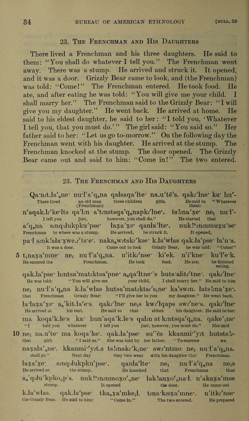 23. The Frenchman and His Daughters There lived a Frenchman and his three daughters. He said to them: “You shall do whatever I tell you.” The Frenchman went away. There was a stump. He arrived and struck it. It opened, and it was a door. Grizzly Bear came to look, and (the Frenchman) was told: “Come!” The Frenchman entered. He took food. He ate, and after eating he was told: “You will give me your child. I shall marry her.” The Frenchman said to the Grizzly Bear: “I will give you my daughter.” He went back. He arrived at home. He said to his eldest daughter, he said to her : “I told you, * 1 * * * 5 * * * * 10 Whatever I tell you, that you must do.’ ” The girl said: “You said so.” Her father said to her: “Let us go to-morrow.” On the following day the Frenchman went with his daughter. He arrived at the stump. The Frenchman knocked at the stump. The door opened. The Grizzly Bear came out and said to him: “Come in!” The two entered. 23. The Frenchman and His Daughters Qa’mt.la'ane’ nuTa'qana qalsaqa'lte’ na.u'te’s. qak/lne* ka* hu'- There lived an old man three children girls. He said to “ Whatever (Frenchman) them: n’aqak.h'ke’lts qa'kn a'tmstsqa'qanapk/lne*. tskna'xe* nei nu’l’- I tell you just, however, you shall do.” He started that a'qana smqulukpku'pse’ laxa'xe’ qanla'lte*. nuki^nmmuxu'se' Frenchman to where was a stump. He arrived, he struck it. It opened, pal smklala’xweYts’e’. nakaawdsk/kse‘ k.la'wlas qak.la'pse’ la'n’a. it was a door. Came out to look Grizzly Bear, he was told: “ Come!” 5 tinaxa'inne’ n©i nu’l’a'qana. n’itk/nse’ ki'ek. n’i'kne’ ku'l’e’k. He entered the Frenchman. He took food. He ate; he finished eating. qak.la'pse* hmtsa'matcktsa'pne’ aaqa'ltne’’s huts’alit/tne*. qak/lne* He was told: “You will give me your child, I shall marry her.” He said to him nej nu’l’a'qana k.la'wlas hutsahnatckts/sine* ka'swm. lats!ma'xe*. that Frenchman Grizzly Bear: “ I’ll give her to you my daughter.” He went back. la laxa'xe* aa'kit.la'e’s. qak/lne’ neiS kw/lqaps sw/ne’s. qak/lne* He arrived at his tent. He said to that eldest his daughter. He said to her: ma koqa'k.le’s ka’ hun’aqa'k.le's qahn at kmtsqa'qana. qakehne* “I told you whatever I tell you just, however, you must do.” She said 10 nei na.u'te* ma koqa'ke’. qak.la'pse’ su”es kkanmi*'y^t hutsts!^- that girl: “I said so.” She was told by her father: “To-morrow we naxala'ane\ kkanmr'y^t.s tslmak^'kjne’ sw/ntmo net nul’a'qana. shall go.” Next day they two went with his daughter that Frenchman. laxa'xe* smqulukpku'pse’. qanla'lte’ net nu’l’a'qana ne^ He arrived at the stump. He knocked that Frenchman that aa'qulu'kpkoup’s. nuk!ummmoxo'une’ lak!anxo'una*l. n’akaxa'mse stump. It opened the door. He came out k.la'wlas. qak.la'pse’ tkaaxa'mkeil. tma’k^sxa'mne’. n’itk/nse* the Grizzly Bear. He said to him: “Come in.” The two entered. He prepared