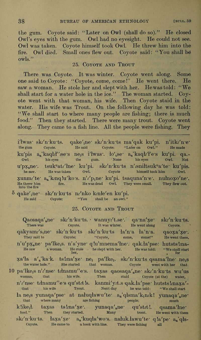 the gum. Coyote said: “Later on Owl (shall do so).’' He closed Owl’s eyes with the gum. Owl had no eyesight. He could not see. Owl was taken. Coyote himself took Owl. He threw him into the fire. Owl died. Small ones flew out. Coyote said: “You shall be owls.” 25. Coyote and Trout There was Coyote. It was winter. Coyote went along. Some one said to Coyote: “Coyote, come, come!” He went there. He saw a woman. He stole her and slept with her. He was told: “We shall start for a water hole in the ice.” The woman started. Coy¬ ote went with that woman, his wife. Then Coyote staid in the water. His wife was Trout. On the following day he was told: “We shall start to where many people are fishing; there is much food.” Then they started. There were many trout. Coyote went along. They came to a fish line. All the people were fishing. They i'lwas’ sk/n‘ku’ts. qake'jne’ sk/irku'ts ma'qak ku'pi. the gum Coyote. He said Coyote: “Later on Owl.” ku'pis aa'kaqldAse’s neiS i'lwas*. lo'use* aa'kaqhTe*s Owl his eyes the gum. 1 * * * 5 * * * * 10 None his eyes n’itk/n-e* He made ku'pi. qa.- Owl. Not u'pxane*. tsukuatdlne- ku'pi. sk/n’ku’ts nVsniltsukua'te* ku'pis. he saw. He was taken Owl. Coyote himself took him Owl. xunnu'te* aa'kmq!u'ko’s. nYpine* ku'pi. tsaquna'n’e*. nulnoxo'ne*. He threw him fire. He was dead Owl. They were small. They flew out. into the fire 5 qake'ine- sk/n’ku'ts m'nko kmle'en ku'pi. He said Coyote: “You shall he an owl.” 25. Coyote and Trout Qaosaqa'ane* skdn’kirts. ' wanuy/t.se*.’ qama'xe* There was Coyote. It was winter. He went along qakyam/sine- skdn’ku’ts skdn’ku’ts la'n’a la'n'a. They said to Coyote: - “Coyote, come, come!” sk/n’ku’ts. Coyote. qaoxa'xe*. He went there. n'u'pxane’ pa'lkeis. n’a'yne* qlu'mnema'lne’. qak.la'pse: hutstskna- He saw a woman. He stole he slept with her. He was told: “We shall start her, „ for xa'la a'a'ka’k. tskna'xe’ nei pa'lkei. sk^'n’ku’ts qsama'lne* ne^s the water hole.” She started that woman. Coyote went with her that 10 pa'lkeiS nYnse’ tdnamu'Vs. taxas qaosaqa'ane’ sk^'n’ku’ts wu'us woman, that his wife. Then staid Coyote (at the) water, nYnse’ tdnamu'Vs qu'stdds. kanmi'yd.s qak.la'pse’ hutstsknaxa'- that his wife Trout. Next day he was told: “We shall start la neiS yunaqa'pse’ at naluqlawu'te* aa'qlsma'kimk! yunaqa'ane* that where many are fishing people; much kliked. taxas tskna'xe*. yunaqa'ane’ qu'stdd. qsama'lne* food.” Then they started. Many trout. He went with them skdn’ku’ts. laxa'xe’ aa'kuqla'wo’s. naluk.lawu'te’ qla'pe* aa'qls- Coyote. He came to a hook with line. They were fishing all